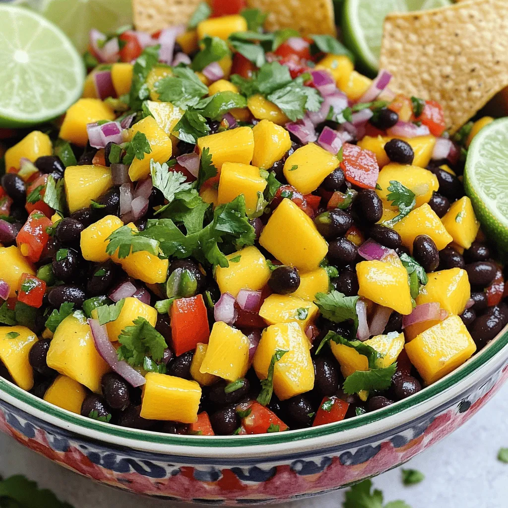 To make Mango Black Bean Salsa, you need: - 2 ripe mangoes, diced - 1 can (15 oz) black beans, rinsed and drained - 1 red bell pepper, diced - 1 small red onion, finely chopped - 1 jalapeño, deseeded and minced - 1/4 cup fresh cilantro, chopped - Juice of 2 limes - 1 tablespoon olive oil - Salt and pepper to taste You can swap ingredients to suit your taste. - Use canned corn instead of black beans for a sweeter touch. - Green bell pepper works well if you prefer less sweetness. - If you want less heat, skip the jalapeño or use a milder pepper. - Lemon juice can replace lime juice if you like a different tang. - Fresh parsley can be a good stand-in for cilantro. - Mangoes: They are high in vitamin C and help boost your immune system. - Black Beans: Packed with protein and fiber, they support heart health. - Red Bell Peppers: They are rich in vitamins A and C, promoting healthy skin. - Red Onions: They have antioxidants that help reduce inflammation. - Jalapeño: Contains capsaicin, which may help boost metabolism. - Cilantro: This herb aids digestion and is full of vitamins. - Limes: They provide vitamin C and can help with hydration. - Olive Oil: It offers healthy fats that are good for your heart. - Salt and Pepper: These enhance flavor but should be used in moderation. This Mango Black Bean Salsa is not just tasty; it's also packed with good nutrients! You can find the full recipe above to get started. To make Mango Black Bean Salsa, start by gathering your ingredients. You will need two ripe mangoes, a can of black beans, a red bell pepper, a small red onion, a jalapeño, fresh cilantro, lime juice, olive oil, salt, and pepper. First, dice the mangoes and red bell pepper. Finely chop the red onion and minutely mince the jalapeño after removing the seeds. In a large mixing bowl, combine all these fresh ingredients with the black beans and cilantro. When mixing, use a gentle hand. You want to keep the mangoes intact, so be careful. Pour your dressing made from lime juice, olive oil, salt, and pepper over the mixture. Then, toss everything lightly until it is well mixed. Make sure every piece is coated in the dressing. This step ensures that each bite bursts with flavor. After mixing, let the salsa rest for at least 15 minutes. This time allows the flavors to blend nicely. If you can wait longer, 30 minutes works even better. The longer it sits, the more intense the taste becomes. This simple step makes a big difference in your salsa's flavor. For the full recipe, refer to the earlier section. Enjoy your fresh and colorful dish! To boost the taste of your mango black bean salsa, think about adding a pinch of cumin or smoked paprika. These spices give depth and warmth. You can also try adding diced avocados for creaminess. Fresh lime juice brightens the flavors, so don’t skip it. One mistake is using overripe mangoes. They can turn mushy and watery. Always choose ripe but firm mangoes. Another issue is skipping the resting time. Allowing the salsa to sit helps the flavors mix well. It makes the salsa taste better! Fresh ingredients add vibrant flavor and texture. However, canned black beans are great for quick prep. Just rinse them well to remove extra salt. If you use fresh beans, soak and cook them first. Fresh herbs, like cilantro, bring a burst of freshness that dried herbs can’t match. For the complete recipe, check out the [Full Recipe]. {{image_2}} You can modify this salsa by adding other fruits. Pineapple brings a nice sweetness. Try diced kiwi for a tart twist. Avocado adds creaminess and richness, making it even more satisfying. You can also use peaches or nectarines when they're in season. Each fruit changes the flavor, making your salsa unique. If you like heat, add more jalapeño. You can also try a dash of cayenne pepper. For a milder version, leave out the jalapeño or use a sweet pepper. If you want a smoky flavor, add smoked paprika. Adjusting spices helps you create the perfect heat balance for your taste. This salsa pairs well with many foods. Use it as a topping for grilled chicken or fish. It also goes great with tacos and quesadillas. Serve it with tortilla chips for a tasty snack. You can even mix it into salads for a fresh kick. The options are endless! For the complete dish, check out the [Full Recipe]. I recommend using airtight glass containers. They keep the salsa fresh and tasty. You can also use plastic containers with tight lids. Just make sure they are clean and dry before use. This way, your salsa stays crisp. Store your salsa in the fridge for up to three days. After that, the flavors may fade. If you notice any weird smell or color, it’s best to throw it out. Always check before you dig in! You can freeze Mango Black Bean Salsa if you want to keep it longer. Use freezer-safe bags or containers. Leave some space for the salsa to expand. It can last for up to three months in the freezer. When you want to eat it, thaw it in the fridge overnight. To make Mango Black Bean Salsa, you need fresh ingredients. Here’s how to do it: 1. Dice 2 ripe mangoes and add them to a large bowl. 2. Rinse and drain 1 can of black beans, then mix them in. 3. Chop 1 red bell pepper and 1 small red onion, and add both to the bowl. 4. Mince 1 jalapeño and toss it in for some heat. 5. Chop 1/4 cup of fresh cilantro and stir it into the mix. 6. In a separate bowl, whisk the juice of 2 limes, 1 tablespoon of olive oil, and some salt and pepper. 7. Pour this dressing over the salsa and mix gently. Allow the salsa to sit for at least 15 minutes. This lets the flavors blend well. You can find the Full Recipe above for more details. Mango Black Bean Salsa is very versatile. You can serve it with: - Tortilla chips for a crunchy snack. - Grilled chicken for a fresh topping. - Fish tacos to add some zest. - Burrito bowls for added flavor and color. It also pairs well with rice or quinoa for a healthy meal. Yes, you can prepare Mango Black Bean Salsa ahead of time. Make it up to a day in advance. Keep it in the fridge in an airtight container. The flavors will deepen as it sits. Just remember to give it a good stir before serving. Enjoy this fresh dish any time! In this post, we explored the essential ingredients for Mango Black Bean Salsa. We discussed swaps for each ingredient and their nutritional benefits. I detailed the preparation steps, mixing tips, and how to enhance flavors. We also addressed common mistakes and ways to adapt the salsa. Lastly, I offered storage tips to keep it fresh longer. Mango Black Bean Salsa is easy to make and enjoy. It’s a versatile dish for any meal. Dive in and get creative with your salsa today!