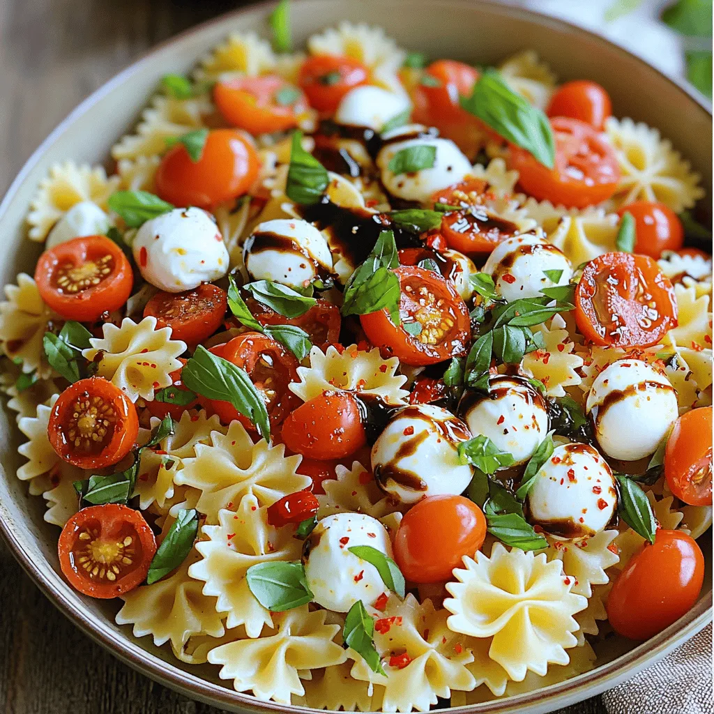 - 8 oz. pasta (suggestions: fusilli or bowtie) - 1 cup cherry tomatoes, halved - 1 cup fresh mozzarella balls (bocconcini) - 1/2 cup fresh basil leaves, chopped - 1/4 cup extra virgin olive oil - 2 tablespoons balsamic glaze - 1 clove garlic, minced - Salt and pepper to taste - 1/4 teaspoon red pepper flakes (optional) When making Caprese Pasta Salad, I focus on fresh, simple ingredients. You start with 8 ounces of pasta, like fusilli or bowtie. These shapes hold the dressing well and look great on the plate. Next, I add 1 cup of halved cherry tomatoes. Their sweetness pairs perfectly with the creamy mozzarella. Speaking of mozzarella, I use 1 cup of fresh mozzarella balls, known as bocconcini. They are soft and add a lovely texture. For flavor, I chop 1/2 cup of fresh basil leaves. Basil is key to this dish, giving it a fresh taste. I mix in 1/4 cup of extra virgin olive oil. This oil brings richness and helps the flavors blend. I also drizzle in 2 tablespoons of balsamic glaze. This adds a sweet tang that ties everything together. To season, I mince 1 clove of garlic. Garlic adds depth to the salad. I finish with salt and pepper to taste, plus a pinch of red pepper flakes if you like some heat. These ingredients create a bright, colorful salad. The full recipe brings all these elements together in a delicious way! 1. Start by boiling a large pot of water. 2. Add a good amount of salt to the water. 3. Once boiling, add 8 oz. of pasta. Fusilli or bowtie works best. 4. Cook it until al dente, about 8-10 minutes. 5. Drain the pasta in a colander and rinse it under cold water. 6. This stops the cooking and cools it down. Set the pasta aside. 1. In a small bowl, whisk together the following: - 1/4 cup extra virgin olive oil - 1 clove garlic, minced - 2 tablespoons balsamic glaze - Salt and pepper to taste - Optional: 1/4 teaspoon red pepper flakes for some heat 2. Mix well until it becomes smooth. 1. In a large mixing bowl, add the cooled pasta. 2. Toss in 1 cup of halved cherry tomatoes and 1 cup of mozzarella balls. 3. Add 1/2 cup of roughly chopped fresh basil leaves. 4. Pour the dressing over the mixture. 5. Gently toss everything together until well coated. 6. Taste and adjust the seasoning if needed. 7. If you prefer, chill the salad in the fridge for at least 30 minutes. 8. Serve in a large bowl and enjoy your Caprese Pasta Salad! For the detailed method, check the Full Recipe. To achieve the best flavor balance in your Caprese Pasta Salad, use fresh, high-quality ingredients. The cherry tomatoes should be ripe and sweet. Look for mozzarella that is soft and creamy. The basil should be fresh and fragrant. Combine these with a good olive oil and balsamic glaze for a rich taste. Choosing the right pasta shape is key to a great salad. I recommend fusilli or bowtie pasta. These shapes hold the dressing well and catch bits of tomato and cheese. They also add a fun texture, making each bite delightful. Presentation matters! Serve your salad in a large, colorful bowl. This draws the eye and makes the dish more inviting. Garnish with extra basil leaves on top. You can also drizzle a bit more balsamic glaze over the salad before serving. This adds a nice shine and extra flavor. To keep your salad fresh, store it in an airtight container in the fridge. This helps preserve the flavors and textures. If you want the best taste, chill the salad for at least 30 minutes before serving. This allows the flavors to meld together beautifully. {{image_2}} For those who need gluten-free options, you can use gluten-free pasta. It tastes great and fits well in this salad. There are many brands that offer gluten-free shapes, like rotini or penne. If you want to make this dish vegan, you can skip the mozzarella. Instead, consider using tofu or vegan cheese. They add creaminess and flavor without dairy. You can switch up the tomatoes, too! Heirloom tomatoes add a pop of color and sweetness. You may also try different cheeses like burrata or feta for a twist. Adding protein is an easy way to make this salad a meal. Grilled chicken or shrimp works well. You can toss them in with the pasta for extra flavor and nutrition. While the classic dressing is delicious, you can try different ones for a new taste. A lemon vinaigrette can brighten the salad. You can mix olive oil, lemon juice, and a pinch of salt for a refreshing change. Using fresh herbs is another way to enhance the flavor. You might add parsley or chives for an extra burst. They can bring new layers to your Caprese Pasta Salad. To keep your Caprese Pasta Salad fresh, store it in an airtight container. This method helps prevent moisture loss and keeps the flavors intact. Place the salad in the fridge right after serving. If you store it correctly, it can last for 3 to 5 days. I do not recommend freezing Caprese Pasta Salad. Freezing changes the texture of the tomatoes and mozzarella. If you must freeze it, try separating the dressing from the salad. Thaw it in the fridge overnight, then add the dressing before serving. When you take the salad out of the fridge, it might look a bit sad. To revive it, add a splash of olive oil and a bit more balsamic glaze. Toss it gently to mix everything again. For the best taste, serve it cold. Keep the salad fresh by storing it in the fridge until you're ready to eat. To make Caprese Pasta Salad, follow these steps: 1. Cook the Pasta: Boil water, add salt, and cook 8 oz. pasta until al dente. Drain and rinse with cold water. 2. Prepare the Dressing: In a bowl, mix 1/4 cup extra virgin olive oil, 1 clove minced garlic, 2 tablespoons balsamic glaze, salt, and pepper. 3. Combine Ingredients: In a large bowl, mix the cooked pasta, 1 cup halved cherry tomatoes, 1 cup mozzarella balls, and 1/2 cup roughly chopped basil. 4. Dress the Salad: Pour the dressing over the pasta mix and toss until well coated. 5. Taste and Adjust: Taste the salad and add more salt, pepper, or balsamic glaze as needed. 6. Chill (Optional): Let the salad sit in the fridge for 30 minutes for better flavor. 7. Serve: Toss again before serving and enjoy your Caprese Pasta Salad. Yes, you can make Caprese Pasta Salad ahead of time. Here are some tips: - Prep Pasta and Dressing: Cook the pasta and make the dressing a day before serving. - Store Separately: Keep the pasta, dressing, and fresh ingredients in separate containers. This helps maintain the salad's freshness. - Combine Before Serving: When ready, mix everything together. This ensures the pasta and veggies stay crisp. If you need a mozzarella substitute, consider these options: - Feta Cheese: Adds a tangy flavor and creamy texture. - Ricotta Cheese: A softer choice that blends well. - Vegan Cheese: Great for plant-based diets; choose a flavor you enjoy. - Cottage Cheese: A lighter option that works well with the salad. For the best dressing results, follow these tips: - Timing: Dress the salad just before serving. This keeps the ingredients fresh. - Mix Well: Ensure all ingredients are evenly coated with the dressing. - Taste Test: Adjust flavors before serving. Add salt or balsamic glaze if needed. For more details, check the Full Recipe for Caprese Pasta Salad. This blog post covers how to create a delicious Caprese Pasta Salad. We explored the main ingredients, like pasta, fresh tomatoes, and mozzarella. You learned step-by-step instructions, seasoning tips, and ways to store your salad. We also discussed variations and substitutions for different diets. In wrapping up, this salad is bright, fresh, and easy to make. Enjoy customizing it to fit your tastes. Be bold in mixing flavors and have fun!