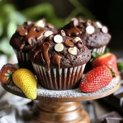 - 1 cup all-purpose flour - 1/2 cup unsweetened cocoa powder - 1 teaspoon baking powder - 1/2 teaspoon baking soda - 1/4 teaspoon salt - 1/2 cup granulated sugar - 1/2 cup brown sugar, packed - 1/2 cup vegetable oil - 2 large eggs - 1 teaspoon vanilla extract - 1/2 cup milk - 1 cup semi-sweet chocolate chips - 1/4 cup white chocolate chips (optional) Gathering the right ingredients is key to making great muffins. Each ingredient serves a purpose. The flour gives structure, while cocoa adds rich chocolate flavor. Baking powder and baking soda help the muffins rise. Sugar sweetens them, while salt enhances all the flavors. You’ll also need eggs for moisture and binding. Vegetable oil keeps the muffins soft. Milk adds creaminess, and chocolate chips provide that delicious gooeyness. If you love white chocolate, add those chips for extra fun! Now that you have the ingredients, you can start baking! Grab your measuring cups and let’s get mixing. For the full recipe, check out the section above. - Preheat the oven to 350°F (175°C). - Prepare muffin tin with liners or grease. Start by getting your oven nice and hot. This step helps the muffins rise perfectly. While the oven heats, you can prep your muffin tin. Use paper liners for easy cleanup or grease it with butter or oil. This keeps the muffins from sticking. - Whisk together flour, cocoa powder, baking powder, baking soda, and salt. In a medium bowl, take your all-purpose flour and cocoa powder. Add the baking powder, baking soda, and salt. Whisk them together until they mix well. This step is key for even baking. Make sure there are no lumps. - Mix sugars, vegetable oil, eggs, vanilla extract, and milk. In a large bowl, combine granulated sugar and brown sugar. Add the vegetable oil next. Mix until smooth. Now, add the eggs one by one, stirring well after each. Pour in the vanilla extract and milk. Mix until everything is well combined. This wet mixture adds richness and flavor. - Fold dry ingredients into wet, then add chocolate chips. - Distribute batter in muffin tins and bake. Gently fold the dry ingredients into the wet mixture using a spatula. Be careful not to overmix; a few flour streaks are okay. Once mixed, add in the semi-sweet chocolate chips. Now, it’s time to fill the muffin tin. Spoon the batter into each cup, filling about 3/4 full. Bake for 18-20 minutes. Use a toothpick to check if they are done. Enjoy your delicious double chocolate muffins! For the full recipe, refer to the earlier section. To get that perfect muffin texture, don’t overmix the batter. Mixing too much can make your muffins tough. Mix just until you see no dry flour. Also, use room temperature ingredients. Eggs and milk blend better when they are not cold. This small tip makes a big difference in your muffins. For the best baking results, use an oven thermometer. This tool checks if your oven is at the right temperature. Ovens can be off by a lot, which affects baking. Also, rotate the muffin tin halfway through baking. This helps your muffins bake evenly and rise nicely. You can make your muffins even better by adding a pinch of espresso powder. It boosts the chocolate flavor without tasting like coffee. You can also experiment with different types of chocolate chips. Try using dark chocolate or milk chocolate for a fun twist. Each type adds its unique taste and texture to your muffins. For a complete guide to making these delicious treats, check out the Full Recipe. {{image_2}} To make vegan double chocolate muffins, you can easily swap out a few ingredients. First, replace eggs with flaxseed meal. Mix one tablespoon of flaxseed meal with two and a half tablespoons of water. Let it sit for five minutes until it thickens. Next, use plant-based milk, like almond or soy milk, and choose a vegetable oil such as coconut or canola. These changes will keep your muffins moist and delicious. If you need gluten-free muffins, simply replace regular flour with gluten-free all-purpose flour. Make sure to check all your ingredients for gluten-free status. Some brands may add gluten, so be careful. This way, you can enjoy your chocolatey treat without worry. Want to add some flair to your muffins? You can include nuts like walnuts or pecans for extra crunch. Simply fold in about half a cup of chopped nuts when mixing in the chocolate chips. Another idea is to add spices like cinnamon. Just a pinch can warm up the flavor and make your muffins even more inviting. These small changes can make a big difference in taste! If you're interested in the full recipe, check out the section above. Store your double chocolate muffins in an airtight container. They stay fresh for up to 3 days at room temperature. This way, you can enjoy their rich chocolate flavor without worrying about them going stale. For longer storage, freeze your muffins. Wrap each muffin tightly in plastic wrap and then place them in a freezer-safe bag. They will keep well for up to 3 months. When you’re ready to enjoy them again, you’ll have a delicious treat waiting for you. To thaw the muffins, simply leave them out at room temperature for a while. If you’re in a hurry, use the microwave. Heat them for a few seconds until warm. This will bring back that fresh-baked taste. Enjoy your muffins warm for the best experience! Incorporate yogurt or applesauce into the recipe. These ingredients add moisture and keep muffins soft. They also bring a slight tanginess that pairs well with chocolate. Yes, cocoa powder enhances the chocolate flavor. You may need to adjust the sugar to keep it sweet enough. Using a high-quality cocoa powder will yield the best results. Flax eggs or applesauce are great alternatives. For a flax egg, mix one tablespoon of ground flaxseed with three tablespoons of water. Let it sit for five minutes to thicken. Insert a toothpick into the center of a muffin. It should come out clean or with a few moist crumbs. If the toothpick has wet batter, the muffins need more time. Serve warm with a side of berries or a drizzle of chocolate sauce. This adds a fresh touch and elevates the rich chocolate flavor. Enjoy them fresh from the oven for a delightful treat! In this post, we covered the key ingredients and steps for your double chocolate muffins. From mixing dry and wet ingredients to baking tips, you now have the tools to make delicious treats. Remember, small changes can lead to great flavors, like adding spices or using alternative ingredients. Store your muffins properly for maximum freshness. With these tips, you’re set to impress friends and family with your baking skills. Get ready to enjoy your homemade treats!