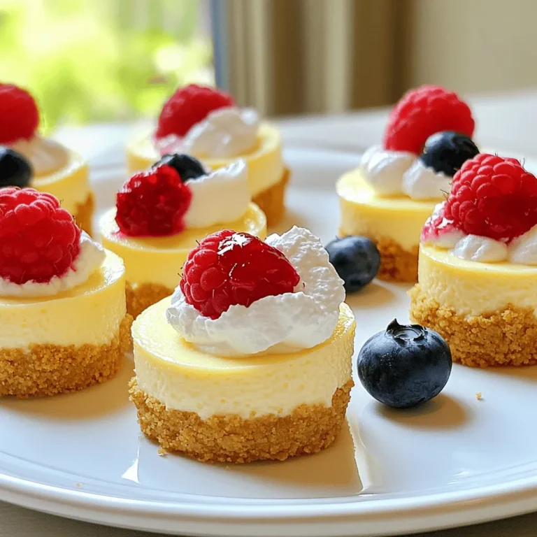 To make tasty mini cheesecake bites, you need a few key items. First, grab: - 1 cup graham cracker crumbs - 1/4 cup unsalted butter, melted - 2 tablespoons sugar - 1 (8 oz) package cream cheese, softened - 1/2 cup powdered sugar - 1 teaspoon vanilla extract - 1 large egg - 1/3 cup sour cream These ingredients help create a rich, creamy base and a crunchy crust. The graham cracker crumbs mixed with butter and sugar form the perfect foundation. Cream cheese gives these bites a smooth texture. The powdered sugar adds sweetness that balances the flavors. For an extra burst of flavor, consider these toppings: - Fresh berries (raspberries, blueberries, or strawberries) - Whipped cream Berries not only look beautiful but also add a refreshing taste. Whipped cream provides a light and airy finish. You can mix and match toppings based on your taste. To make these mini cheesecake bites, you’ll need some simple tools: - Mini muffin tin - Mixing bowls A mini muffin tin helps shape the bites perfectly. Mixing bowls are essential for combining all your ingredients. With these tools, you will be ready to whip up a delightful treat. For the complete recipe, check the Full Recipe section! To start, you need to preheat your oven to 325°F (160°C). This temperature helps the cheesecakes bake evenly. While it heats, take your mini muffin tin and line it with mini cupcake liners. This makes it easy to remove the bites later. Next, let’s make the crust. In a mixing bowl, combine 1 cup of graham cracker crumbs, 1/4 cup of melted unsalted butter, and 2 tablespoons of sugar. Mix these ingredients until they are well combined and moist. Then, take about a tablespoon of this mixture and place it into each cupcake liner. Press down firmly with a spoon or your fingers. This forms a solid base for your cheesecake bites. Now it’s time for the cheesecake filling. In another bowl, beat together 1 (8 oz) package of softened cream cheese, 1/2 cup of powdered sugar, and 1 teaspoon of vanilla extract until the mixture is smooth. Next, add 1 large egg and 1/3 cup of sour cream to the cream cheese mix. Stir it until everything is creamy, scraping the bowl sides as needed. Once mixed, spoon the cheesecake filling over the crusts in the muffin tin. Fill each cup about 3/4 full. Bake in your preheated oven for 15-18 minutes. You want the centers to be set but still a bit jiggly. After baking, let the mini cheesecakes cool in the pan for about 10 minutes. Then, transfer them to a wire rack to cool completely. For the best flavor, refrigerate the mini cheesecake bites for at least 2 hours. You can find the full recipe [here]. To make your mini cheesecake bites creamy, avoid overmixing. Overmixing adds too much air, which can make them puff up. Mix just until smooth and combined. Also, ensure your cream cheese is softened. Cold cream cheese does not blend well. Leave it out for about 30 minutes before you start. This step helps achieve a rich and velvety texture. To check for doneness, look for the centers of the bites. They should be set but still slightly jiggly. If they are too firm, they may be overbaked. Cooling is key. After baking, let them cool in the pan for about 10 minutes. Then, transfer them to a wire rack to cool completely. Chilling them in the fridge for at least two hours makes them taste even better. For garnishing, top each mini cheesecake with fresh berries, like raspberries or blueberries. This adds color and flavor. You can also add a dollop of whipped cream if you like. When serving, arrange them on a nice platter. This makes them look inviting for gatherings. Enjoy these bites as a sweet treat at parties or special events. For the full recipe, check out the recipe section above! {{image_2}} You can make mini cheesecake bites in many fun flavors. One tasty choice is chocolate mini cheesecake bites. Just mix melted chocolate into the cream cheese filling. It adds a rich and sweet taste. Another great option is lemon or orange-infused cheesecake bites. You can add fresh zest and juice to the mixture. This gives a bright and zesty flavor. Both variations are easy and delicious. Try them for a fun twist! You can switch up the crust for your mini cheesecakes too. Using Oreo crumbs makes a tasty and sweet base. Just crush the cookies and mix them with melted butter. Gingersnap cookies are another great option. They add a spicy kick that pairs well with the creamy filling. If you need a gluten-free option, use gluten-free cookies instead. They work well and taste great too. Toppings can make your mini cheesecakes even better. Drizzling chocolate or caramel sauce on top adds a sweet touch. You can also use different fruits like sliced strawberries or blueberries. They add color and flavor to your bites. If you prefer a simple look, skip the toppings altogether. The cheesecake bites are still tasty on their own. Explore these options and find your favorite! For a complete guide, check the Full Recipe. To keep your mini cheesecake bites fresh, store them in the fridge. Use an airtight container to prevent them from drying out. They will last for about five days in the refrigerator. This keeps their creamy texture and rich flavor intact. You can freeze mini cheesecake bites for longer storage. To freeze, wrap each bite in plastic wrap. Then, place them in a freezer-safe bag or container. When you're ready to enjoy them, take out what you need. Thaw in the fridge for a few hours or overnight. This method helps keep their taste and texture. After storing, it's best to serve them chilled. If you froze them, allow them to thaw completely. Once they are ready, top with fresh berries or whipped cream. This adds a nice touch before serving. Enjoy them as a sweet treat at any time! For the full recipe, check the earlier section. Yes, you can use low-fat cream cheese. However, it may change the taste and texture. Low-fat cream cheese has less fat. This can make your mini cheesecakes less creamy and rich. I recommend full-fat cream cheese for the best results. It gives a nice, smooth texture that melts in your mouth. Look for a slight jiggle in the center. The edges should be set and firm. If it looks too wobbly, they need more time. Bake for about 15-18 minutes at 325°F. Once cooled, they will firm up a bit more in the fridge. Trust your eyes; they will tell you when they are ready. Yes, you can make them a day or two before your event. Just store them in the fridge. They taste even better after chilling. This makes them great for parties, as you can prepare them ahead of time. Just add the toppings right before serving for a fresh look. You can find pre-made mini cheesecake bites at many grocery stores. Look in the bakery section. Some stores offer them in the frozen aisle too. Online retailers also sell them. This is a quick option if you want to save time. You can use a greased mini muffin tin instead. Just spray it well with cooking spray. You can also use parchment paper cut into small squares. This way, you can lift the cheesecakes out easily. If you don’t have those, try using silicone molds. They work great for easy removal. For the full recipe, check out the detailed instructions above! You now have a clear guide for making mini cheesecake bites. We covered essential ingredients, equipment, and step-by-step instructions. Don't forget the tips on texture, baking, and presentation to impress your guests. Feel free to try different flavors and toppings for a unique twist. Store them properly or freeze for later enjoyment. Making these treats can be fun and rewarding. Enjoy your delicious mini cheesecakes at your next gathering. You'll be glad you tried this simple recipe!