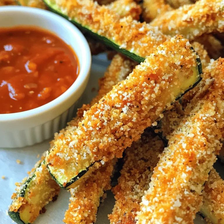 - 2 medium zucchini, cut into fries - 1 cup breadcrumbs (panko for extra crunch) - 1/2 cup grated Parmesan cheese - 1 teaspoon garlic powder - 1 teaspoon Italian seasoning - Salt and pepper to taste - 2 large eggs - Olive oil spray To make Air Fryer Parmesan Zucchini Fries, you need fresh ingredients. Start with two medium zucchini. Cut them into fries that are easy to grab. Next, grab one cup of breadcrumbs. I love using panko for that extra crunch. For a cheesy kick, get half a cup of grated Parmesan cheese. Now, let's talk about the seasonings. You will need one teaspoon of garlic powder and one teaspoon of Italian seasoning. These will add great flavor. Don't forget salt and pepper to taste. For binding, you will need two large eggs. These help the breadcrumbs stick. Finally, have some olive oil spray ready. It helps the fries crisp up nicely in the air fryer. This recipe is simple. By using fresh, quality ingredients, your fries will taste amazing. For the full recipe, check out the details above. - Preheat the air fryer to 400°F (200°C). - Prepare the zucchini by cutting it into fries. Make them about 1/4 inch thick. This size helps them cook evenly and stay crispy. - In a shallow bowl, mix the breadcrumbs, Parmesan cheese, garlic powder, Italian seasoning, salt, and pepper. Stir well to combine all the flavors. - In another bowl, whisk the eggs until they are well beaten. This step helps the coating stick to the zucchini fries. - Dip each zucchini fry into the egg mixture, letting any extra drip off. Then, coat it in the breadcrumb mix, pressing lightly to ensure it sticks. - Place the coated fries in a single layer in the air fryer basket. Do not crowd them; this will help them crisp up nicely. - Lightly spray the fries with olive oil. This helps them turn golden brown and extra crispy. - Cook for 10-12 minutes, flipping them halfway through. Keep an eye on them until they reach a perfect golden color. - Remove the fries from the air fryer and serve immediately with your favorite dipping sauce. For the full recipe, check the earlier sections. To get that perfect crunch, use panko breadcrumbs. They have a light texture that crisps up nicely. Make sure your zucchini fries are dry before you coat them. If they have moisture, the coating won’t stick well. Feel free to play with different herbs and spices. You can add a touch of paprika or even some cayenne for heat. Always use freshly grated Parmesan. It melts better and gives a great flavor boost. These fries pair well with marinara or ranch dressing. For a fresh touch, sprinkle some chopped herbs on top before serving. This adds color and extra taste. You can find the full recipe in the article for more details. {{image_2}} You can easily change the taste of your zucchini fries. Try adding smoked paprika. This spice gives a nice smoky flavor. It pairs well with the cheese. You can also use Parmesan and garlic seasoning. This will enhance the overall taste. Both options boost flavor without extra work. If you want to switch it up, use different veggies. Eggplant works great in this recipe. It has a nice texture that fries well. Sweet potatoes are another option. They add a sweet touch and great color. You might also mix various vegetables. This creates a vibrant and fun dish. For those who need gluten-free meals, there’s a simple fix. Just use gluten-free breadcrumbs. They work well in place of regular ones. This keeps the recipe safe for anyone with celiac disease. Enjoy your crispy fries without worry! Store leftovers in an airtight container. This keeps the fries fresh and tasty. You can keep them in the refrigerator for up to 3 days. When you're ready to eat, just pull them out! You can freeze uncooked coated zucchini fries. This is great for meal prep! Place the fries in a freezer-safe bag. They will stay good for up to 2 months. Just remember to label the bag with the date. To reheat, use the air fryer at 350°F for 5-7 minutes. This method helps maintain crispiness while warming up. Avoid soggy fries by not using a microwave. Enjoy them fresh and crunchy from your air fryer! For the full recipe, check out my detailed guide. To make your zucchini fries crispier, follow these tips: - Use panko breadcrumbs instead of regular breadcrumbs for more crunch. - Make sure your zucchini strips are dry before coating. Excess moisture can make them soggy. - Lightly spray the fries with olive oil before air frying. This adds crispness. - Flip the fries halfway through cooking for even crispiness. I do not recommend using frozen zucchini. Frozen zucchini has a high water content. This makes it hard to achieve that crispy texture you want. Fresh zucchini fries hold up better during cooking. If you must use frozen, thaw and drain them well. Then, pat them dry before coating. To make Air Fryer Parmesan Zucchini Fries dairy-free, try these options: - Use nutritional yeast instead of Parmesan cheese. It gives a cheesy flavor without dairy. - Look for dairy-free cheese products available in stores. Many brands offer great alternatives. - You can also use a blend of ground nuts and spices for a unique flavor. Dipping sauces can elevate your zucchini fries. Here are some tasty options: - Marinara sauce adds a classic Italian touch. - Ranch dressing complements the flavors well. - Try garlic aioli for a creamy, garlicky kick. - A spicy sriracha mayo can add heat if you like it hot. For the complete recipe, check out the Full Recipe. In this post, we explored a fun and tasty way to make zucchini fries. We covered the main ingredients, step-by-step instructions, and clever tips to get that perfect crunch. You can even swap ingredients or try new flavors to keep things fresh. Remember, storing or reheating your fries keeps them enjoyable for days. I hope these tips help you create a delicious, healthier snack. Enjoy making your crispy zucchini fries!