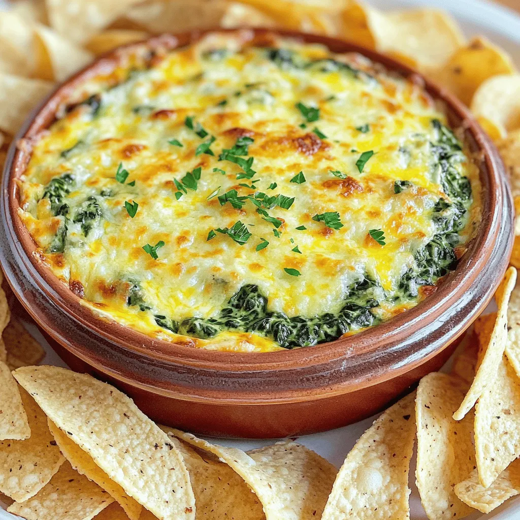 - 1 cup fresh spinach, chopped - 1 cup cream cheese, softened - 1/2 cup sour cream - 1/2 cup mayonnaise - 1/2 cup grated Parmesan cheese - 1/2 cup shredded mozzarella cheese - 1/2 cup crumbled feta cheese - 1 teaspoon garlic powder - 1/2 teaspoon onion powder - Salt and pepper to taste - Optional: Sliced baguette or tortilla chips for serving Each ingredient plays a key role in the taste of the dip. Spinach adds a fresh, earthy note. Cream cheese gives it a rich, creamy base. Sour cream and mayonnaise enhance the dip's tanginess. Spinach is packed with vitamins A, C, and K. It also has iron and calcium. These nutrients help keep your bones and skin healthy. Dairy products provide calcium and protein. They are also good for strong bones and muscles. Fresh ingredients make a big difference in flavor. Fresh spinach has a bright taste that frozen cannot match. The texture of fresh spinach is crisp and tender. Frozen spinach often becomes mushy when cooked. Using fresh ingredients leads to a better dip, one that everyone will enjoy. - Preheat the oven to 350°F (175°C). - In a medium mixing bowl, combine 1 cup of softened cream cheese, 1/2 cup of sour cream, and 1/2 cup of mayonnaise until smooth. This base creates a rich and creamy dip. - Stir in 1/2 cup of grated Parmesan cheese, 1/2 cup of shredded mozzarella cheese, and 1/2 cup of crumbled feta cheese. - Add 1 cup of chopped spinach, 1 teaspoon of garlic powder, 1/2 teaspoon of onion powder, and salt and pepper to taste. Mix until everything is well combined. The cheeses bring a nice flavor, while the spinach adds a healthy touch. - Transfer the mixture to a baking dish or an oven-safe serving bowl, spreading it evenly. - Bake in the preheated oven for 25 to 30 minutes. Look for a bubbly, golden top to know it's done. Let it cool for a few minutes before serving. Enjoy this cheesy delight with sliced baguette or tortilla chips for a fun treat! Try the Full Recipe for more details. To make your spinach dip creamy, you want to blend the cream cheese well. Softening it first helps a lot. You can do this by letting it sit at room temperature for 30 minutes. Mix it with sour cream and mayonnaise until smooth. To avoid a watery dip, use fresh spinach instead of frozen. Frozen spinach holds water, which can make your dip runny. If you must use frozen spinach, squeeze out extra water before adding it to the mix. This will keep your dip thick and satisfying. Garnishing can make your dip look fancy. Try topping it with extra cheese or fresh spinach. You can also add a sprinkle of herbs like parsley or chives for color. For the best accompaniments, serve your dip with sliced baguette or tortilla chips. Both options are great for scooping. You can also try veggie sticks like carrots or celery for a healthier option. Using the right tools can make a big difference. A medium mixing bowl works well for blending your ingredients. Choose one that is easy to hold and clean. For baking, an ideal dish is one that is oven-safe. A shallow baking dish allows for even cooking. Look for a dish that can hold about two quarts. This will give your dip enough space to bubble and brown nicely. For more on making this dip, refer to the Full Recipe. {{image_2}} You can change up the cheeses for a new spin. Here are some swaps: - Cream cheese: Use goat cheese for a tangy twist. - Parmesan: Try aged cheddar for a sharper taste. - Feta: Substitute with ricotta for a creamy feel. You can also add herbs or spices to enhance flavor. Consider these: - Basil: Adds a fresh, sweet taste. - Cayenne pepper: Gives a nice kick. - Dried oregano: Adds a warm, earthy flavor. This dip can fit many diets with a few tweaks. For gluten-free options, use gluten-free chips or veggies. For vegan alternatives, replace dairy with these: - Cream cheese: Use vegan cream cheese. - Sour cream: Opt for coconut yogurt or cashew cream. - Cheeses: Try vegan cheese shreds or nutritional yeast for a cheesy taste. To really amp up the flavor, consider adding sun-dried tomatoes. They add a sweet and tangy kick. Another great option is artichokes. They bring a nice texture and unique taste. You can chop them finely and mix them in for added depth. To keep your three-cheese spinach dip fresh, store it in an airtight container. Place it in the fridge right after it cools. If you want to freeze it, use a freezer-safe container. Make sure to leave some space at the top for expansion. When reheating, the best way is to use the oven. Preheat it to 350°F (175°C). Place the dip in an oven-safe dish and heat for about 15-20 minutes. Stir halfway through to heat evenly. If you want to use a microwave, do it in short bursts. Heat for 30 seconds, then stir. This prevents overcooking. In the fridge, your spinach dip can last for about 3-5 days. If you freeze it, it will keep well for about 2-3 months. Look for signs of spoilage, like an off smell or mold. If you see any, it’s best to throw it away. Enjoy the creamy goodness of your three-cheese spinach dip while it’s fresh! For the full recipe, check out the detailed instructions above. To make this dip, follow these steps: 1. Preheat your oven to 350°F (175°C). 2. Mix cream cheese, sour cream, and mayonnaise until smooth. 3. Add Parmesan, mozzarella, and feta cheese to the mix. 4. Stir in chopped spinach, garlic powder, onion powder, salt, and pepper. 5. Spread the mixture in a baking dish. 6. Bake for 25-30 minutes until bubbly and golden. 7. Let it cool a bit before serving. This simple method gives you a rich and creamy dip. You can find the Full Recipe for exact measurements. Yes, you can prep this dip in advance. Here are some tips: - Make the mixture a day before. - Store it covered in the fridge. - Bake it just before serving. This saves time and makes your gathering stress-free. You can pair this dip with many tasty options: - Sliced baguette - Tortilla chips - Fresh veggie sticks - Crackers These sides add crunch and flavor to your dip experience. Try mixing and matching for fun! In this blog post, we explored how to make a delicious Three-Cheese Spinach Dip. We covered the key ingredients and their health benefits, emphasizing the importance of fresh items. I shared easy step-by-step instructions, helpful tips, and variations to suit different diets. Finally, we discussed storage and reheating methods. Making this dip is simple and fun. With a few fresh ingredients, you can impress guests and enjoy a tasty snack. Try it out and enjoy the creamy goodness!