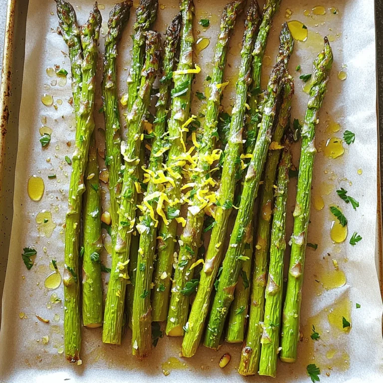 To make Lemon Garlic Roasted Asparagus, you need a few key items. Here’s the list: - 1 lb (450g) fresh asparagus, trimmed - 3 tablespoons olive oil - 3 cloves garlic, minced - Juice and zest of 1 lemon - ½ teaspoon salt - ¼ teaspoon black pepper - ¼ teaspoon red pepper flakes (optional for heat) - 2 tablespoons grated Parmesan cheese (optional for flavor) - Fresh parsley, chopped (for garnish) These ingredients come together to create a bright, zesty side dish. The fresh asparagus shines with the lemon and garlic flavors. Want to take it up a notch? You can add a few optional ingredients. Here are some ideas: - Crushed nuts for crunch - A drizzle of balsamic glaze for sweetness - Fresh herbs like thyme or rosemary for earthiness These additions can make your dish even more exciting. Try mixing and matching to find your favorite flavor combo. Choosing the right asparagus is key to this dish. Look for asparagus that is bright green and firm. Here are some tips: - Check the tips; they should be closed and compact. - Avoid any that look wilted or slimy. - The stalks should be smooth and straight, not bendy. Fresh asparagus makes a big difference in taste. When you find the best, you’ll enjoy a delicious side with every bite. If you want the full recipe, check out the details above! First, you need to wash the asparagus. Hold the stalks and rinse them under cold water. Then, trim off the tough ends. This part can be hard and woody. You want to cut about one to two inches from the bottom. After that, you can dry the asparagus with a clean towel. This step helps the oil stick better. Next, grab a large bowl. Add three tablespoons of olive oil to it. Then, mince three cloves of garlic and toss them in. Now, take one lemon. Squeeze its juice and add that to the bowl. Don’t forget to add the lemon zest for extra flavor. Finally, sprinkle in half a teaspoon of salt and a quarter teaspoon of black pepper. If you like heat, add some red pepper flakes too. Mix everything well with a whisk or fork. Now it’s time to roast! Preheat your oven to 425°F (220°C). Line a baking sheet with parchment paper. This makes cleanup easy. Add the trimmed asparagus into the bowl with the lemon garlic mix. Toss them until they are fully coated. Spread the asparagus on the baking sheet in a single layer. Roast them for 12 to 15 minutes. Flip them halfway through to cook evenly. If you want, sprinkle some grated Parmesan cheese on top in the last two minutes. This adds great flavor. When they are done, take them out and garnish with fresh parsley. You can find the full recipe for this dish to enjoy with your family! To get crispy asparagus, start with fresh spears. Trim the tough ends before cooking. Use enough olive oil to coat each piece. This helps them crisp up in the oven. Spread the asparagus in a single layer on the baking sheet. Avoid crowding; it steams instead of roasts. Flip them halfway through cooking. This ensures even browning on all sides. You can change up the flavors to keep things exciting. Want a smoky taste? Add some smoked paprika to the mix. For a kick, try adding more red pepper flakes. If you love cheese, experiment with different types. Feta or goat cheese can bring a new twist. You can also mix in other herbs like thyme or rosemary. Each brings a fresh taste to your dish. Lemon garlic roasted asparagus makes a great side dish. It pairs well with grilled chicken or fish. You can also serve it with pasta for a hearty meal. For a light lunch, add it to a salad. Top with some nuts or seeds for crunch. You can even serve it as an appetizer. Just place it on a platter with a dip or sauce. This dish is versatile and adds color to any table. For the full recipe, check out the detailed instructions. {{image_2}} You can make Lemon Garlic Roasted Asparagus vegan with just a few changes. Omit the Parmesan cheese, and your dish remains tasty. Instead, you can add nutritional yeast for a cheesy flavor. It adds a nice twist while keeping everything plant-based. Remember, the lemon and garlic still shine through! Why not mix in some other veggies? Broccoli, bell peppers, or cherry tomatoes work well here. Just chop them to similar sizes as the asparagus. Toss them in the same lemon garlic mixture and roast together. This adds color and flavor. Plus, it makes your meal more vibrant and fun! Feel free to play with seasonings based on your taste. Add herbs like thyme or rosemary for a fresh twist. You can also try some spice blends like Cajun or Italian. If you want more heat, increase the red pepper flakes. Each change brings new life to your dish. Explore these options to keep it exciting! For the complete experience, check out the Full Recipe. After you enjoy your Lemon Garlic Roasted Asparagus, store any leftovers in an airtight container. Place the container in your fridge. The asparagus will stay fresh for about 3 to 5 days. If you want to keep the flavor strong, avoid stacking them. This keeps them from getting soggy. When you’re ready to eat your leftovers, reheating is key. Preheat your oven to 350°F (175°C). Place the asparagus on a baking sheet. Heat them for about 10 minutes. This helps them stay crispy. You can also microwave them for 30 seconds to 1 minute. But be careful not to overcook, or they may lose their crunch. If you want to save your Lemon Garlic Roasted Asparagus for later, freezing is an option. First, blanch the asparagus in boiling water for 2 minutes. Then, cool them in ice water. Drain and dry them well. Place them in freezer bags and remove the air. They can last about 3 months in the freezer. When ready to use, bake them straight from frozen for a quick side dish. For the full recipe, check the recipe card above. Yes, you can use frozen asparagus. However, fresh asparagus tastes best. Frozen spears may lose some crunch. If using frozen, do not thaw before cooking. Roast them straight from the freezer. Adjust the roasting time if needed, as frozen may take longer to cook. Asparagus is done when it is bright green and tender. You should see slight browning on the tips. A fork should easily pierce the spears. I recommend flipping the asparagus halfway through cooking. This ensures even roasting. If you want extra crispness, roast a bit longer. Lemon garlic roasted asparagus pairs well with many dishes. Try it with grilled chicken or fish for a light meal. It also complements pasta dishes nicely. For a hearty option, serve it alongside steak or pork. You can even mix it into grain bowls for extra flavor. For a full recipe, check out the detailed instructions above. In this post, we covered how to make delicious lemon garlic roasted asparagus. I shared key ingredients, including optional additions for extra flavor. You learned simple steps for prep and roasting. We also explored tips for achieving crispy asparagus and serving ideas. In the end, this recipe is flexible and fun. Experiment with flavors and enjoy your meal! Eating fresh veggies never tasted so good.