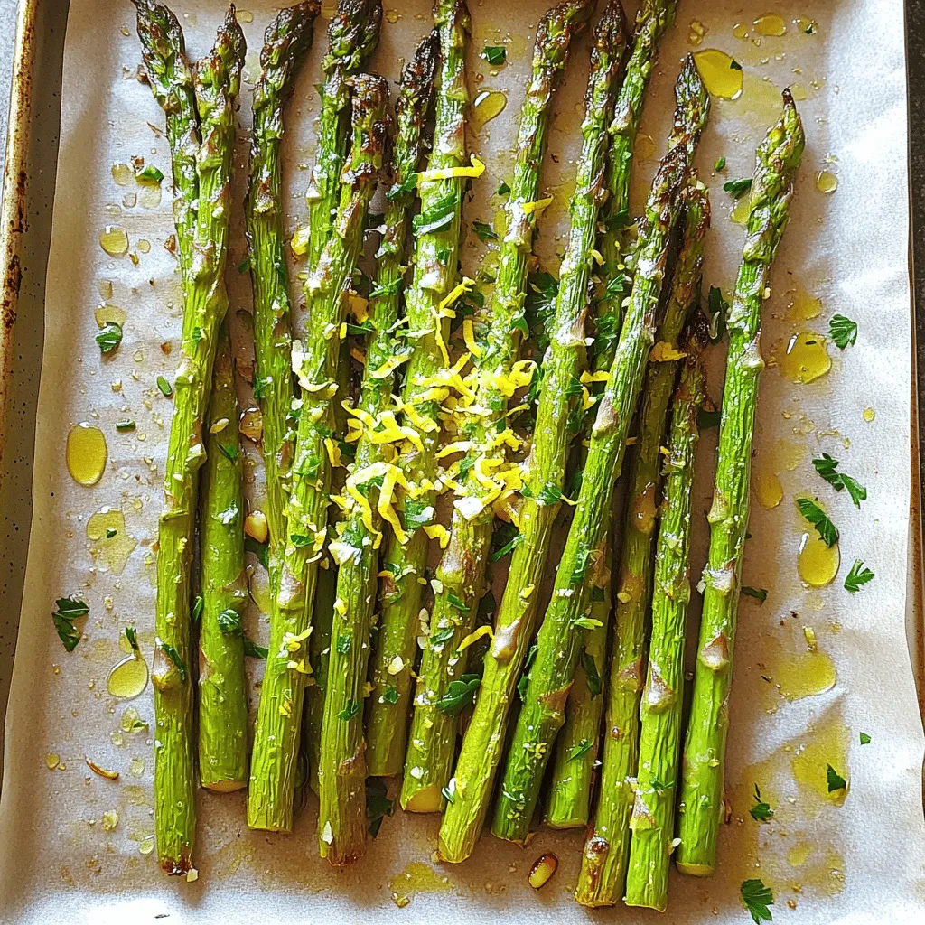 To make Lemon Garlic Roasted Asparagus, you need a few key items. Here’s the list: - 1 lb (450g) fresh asparagus, trimmed - 3 tablespoons olive oil - 3 cloves garlic, minced - Juice and zest of 1 lemon - ½ teaspoon salt - ¼ teaspoon black pepper - ¼ teaspoon red pepper flakes (optional for heat) - 2 tablespoons grated Parmesan cheese (optional for flavor) - Fresh parsley, chopped (for garnish) These ingredients come together to create a bright, zesty side dish. The fresh asparagus shines with the lemon and garlic flavors. Want to take it up a notch? You can add a few optional ingredients. Here are some ideas: - Crushed nuts for crunch - A drizzle of balsamic glaze for sweetness - Fresh herbs like thyme or rosemary for earthiness These additions can make your dish even more exciting. Try mixing and matching to find your favorite flavor combo. Choosing the right asparagus is key to this dish. Look for asparagus that is bright green and firm. Here are some tips: - Check the tips; they should be closed and compact. - Avoid any that look wilted or slimy. - The stalks should be smooth and straight, not bendy. Fresh asparagus makes a big difference in taste. When you find the best, you’ll enjoy a delicious side with every bite. If you want the full recipe, check out the details above! First, you need to wash the asparagus. Hold the stalks and rinse them under cold water. Then, trim off the tough ends. This part can be hard and woody. You want to cut about one to two inches from the bottom. After that, you can dry the asparagus with a clean towel. This step helps the oil stick better. Next, grab a large bowl. Add three tablespoons of olive oil to it. Then, mince three cloves of garlic and toss them in. Now, take one lemon. Squeeze its juice and add that to the bowl. Don’t forget to add the lemon zest for extra flavor. Finally, sprinkle in half a teaspoon of salt and a quarter teaspoon of black pepper. If you like heat, add some red pepper flakes too. Mix everything well with a whisk or fork. Now it’s time to roast! Preheat your oven to 425°F (220°C). Line a baking sheet with parchment paper. This makes cleanup easy. Add the trimmed asparagus into the bowl with the lemon garlic mix. Toss them until they are fully coated. Spread the asparagus on the baking sheet in a single layer. Roast them for 12 to 15 minutes. Flip them halfway through to cook evenly. If you want, sprinkle some grated Parmesan cheese on top in the last two minutes. This adds great flavor. When they are done, take them out and garnish with fresh parsley. You can find the full recipe for this dish to enjoy with your family! To get crispy asparagus, start with fresh spears. Trim the tough ends before cooking. Use enough olive oil to coat each piece. This helps them crisp up in the oven. Spread the asparagus in a single layer on the baking sheet. Avoid crowding; it steams instead of roasts. Flip them halfway through cooking. This ensures even browning on all sides. You can change up the flavors to keep things exciting. Want a smoky taste? Add some smoked paprika to the mix. For a kick, try adding more red pepper flakes. If you love cheese, experiment with different types. Feta or goat cheese can bring a new twist. You can also mix in other herbs like thyme or rosemary. Each brings a fresh taste to your dish. Lemon garlic roasted asparagus makes a great side dish. It pairs well with grilled chicken or fish. You can also serve it with pasta for a hearty meal. For a light lunch, add it to a salad. Top with some nuts or seeds for crunch. You can even serve it as an appetizer. Just place it on a platter with a dip or sauce. This dish is versatile and adds color to any table. For the full recipe, check out the detailed instructions. {{image_2}} You can make Lemon Garlic Roasted Asparagus vegan with just a few changes. Omit the Parmesan cheese, and your dish remains tasty. Instead, you can add nutritional yeast for a cheesy flavor. It adds a nice twist while keeping everything plant-based. Remember, the lemon and garlic still shine through! Why not mix in some other veggies? Broccoli, bell peppers, or cherry tomatoes work well here. Just chop them to similar sizes as the asparagus. Toss them in the same lemon garlic mixture and roast together. This adds color and flavor. Plus, it makes your meal more vibrant and fun! Feel free to play with seasonings based on your taste. Add herbs like thyme or rosemary for a fresh twist. You can also try some spice blends like Cajun or Italian. If you want more heat, increase the red pepper flakes. Each change brings new life to your dish. Explore these options to keep it exciting! For the complete experience, check out the Full Recipe. After you enjoy your Lemon Garlic Roasted Asparagus, store any leftovers in an airtight container. Place the container in your fridge. The asparagus will stay fresh for about 3 to 5 days. If you want to keep the flavor strong, avoid stacking them. This keeps them from getting soggy. When you’re ready to eat your leftovers, reheating is key. Preheat your oven to 350°F (175°C). Place the asparagus on a baking sheet. Heat them for about 10 minutes. This helps them stay crispy. You can also microwave them for 30 seconds to 1 minute. But be careful not to overcook, or they may lose their crunch. If you want to save your Lemon Garlic Roasted Asparagus for later, freezing is an option. First, blanch the asparagus in boiling water for 2 minutes. Then, cool them in ice water. Drain and dry them well. Place them in freezer bags and remove the air. They can last about 3 months in the freezer. When ready to use, bake them straight from frozen for a quick side dish. For the full recipe, check the recipe card above. Yes, you can use frozen asparagus. However, fresh asparagus tastes best. Frozen spears may lose some crunch. If using frozen, do not thaw before cooking. Roast them straight from the freezer. Adjust the roasting time if needed, as frozen may take longer to cook. Asparagus is done when it is bright green and tender. You should see slight browning on the tips. A fork should easily pierce the spears. I recommend flipping the asparagus halfway through cooking. This ensures even roasting. If you want extra crispness, roast a bit longer. Lemon garlic roasted asparagus pairs well with many dishes. Try it with grilled chicken or fish for a light meal. It also complements pasta dishes nicely. For a hearty option, serve it alongside steak or pork. You can even mix it into grain bowls for extra flavor. For a full recipe, check out the detailed instructions above. In this post, we covered how to make delicious lemon garlic roasted asparagus. I shared key ingredients, including optional additions for extra flavor. You learned simple steps for prep and roasting. We also explored tips for achieving crispy asparagus and serving ideas. In the end, this recipe is flexible and fun. Experiment with flavors and enjoy your meal! Eating fresh veggies never tasted so good.