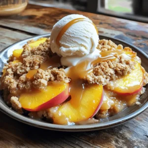 - Fresh peaches: 4 cups, peeled and sliced - Lemon juice: 1 tablespoon - Rolled oats: 1 cup - All-purpose flour: ½ cup - Brown sugar: ½ cup - Cinnamon: ½ teaspoon - Nutmeg: ¼ teaspoon - Salt: ½ teaspoon - Unsalted butter: ⅓ cup, melted - Chopped pecans (optional): ¼ cup For this recipe, ripe peaches are key. They should be sweet and juicy. The lemon juice brightens the flavor and helps the peaches shine. The topping combines oats, flour, and spices for that perfect crunch. This recipe contains common allergens like gluten and dairy. If you need gluten-free options, use gluten-free oats and flour. For vegan substitutions, replace the butter with coconut oil or vegan butter. This makes the dish suitable for many diets. You can switch the sweetener if you like. Coconut sugar or maple syrup works well instead of brown sugar. For nut lovers, try walnuts or almonds as a tasty alternative to pecans. Each change can give the dish a unique twist. For the full recipe, check the [Full Recipe]. 1. Preheat your oven to 350°F (175°C). This step is key for a tasty crisp. 2. Grab a medium bowl and mix the sliced peaches with lemon juice. This keeps the peaches bright and adds flavor. Toss them well and set aside. 1. In a large bowl, combine rolled oats, flour, brown sugar, cinnamon, nutmeg, and salt. Mix these dry ingredients well. 2. Pour in the melted butter and stir until the mix becomes crumbly. This is crucial for that crunchy topping. 3. If you want some extra crunch, fold in chopped pecans. They add a nice texture and flavor. 1. Spread the peaches evenly in a greased 9x9 inch baking dish. Make sure they cover the bottom well. 2. Carefully top the peaches with the crumble mixture. Ensure even coverage for the best bake. 3. Bake for 30-35 minutes. Look for a golden brown top and bubbly peaches. This means it’s ready! You can find the detailed instructions in the Full Recipe. To find ripe peaches, look for a vibrant color. They should feel slightly soft when you press them gently. A sweet aroma is also a good sign. At the store, choose peaches that are free from bruises. Avoid any with dark spots or wrinkles. If they are hard, let them ripen at room temperature for a few days. For a golden crispy topping, use cold butter. Cut it into the dry mix until it resembles crumbs. This helps create that nice crunch. Baking times can vary. If your oven runs hot, check your peach crisp a bit earlier. If it runs cool, add a few extra minutes. Always look for a golden top and bubbling peaches. Serve your peach crisp warm. A scoop of vanilla ice cream adds creaminess. Whipped cream can also enhance the taste. For a fun twist, drizzle caramel sauce on top. This adds sweetness and makes it look fancy. You can serve it in a lovely dish to impress your guests. {{image_2}} You can enhance your peach crisp by adding spices. Try ginger for warmth or vanilla for sweetness. Almond extract also adds a nice touch. For a fun twist, mix in seasonal fruits with your peaches. Berries like blueberries or raspberries work well. You can also add sliced apples for a different flavor. To make your peach crisp healthier, reduce the sugar. Use less brown sugar or try a natural sweetener like honey or maple syrup. You can also swap all-purpose flour with whole-grain flour. This change boosts fiber and nutrients. Using whole-grain oats adds more health benefits too. For a fun serving style, make mini peach crisps. Use ramekins to create individual portions. This way, each person gets their own dessert. You can also bake the crisp in muffin tins. This method helps with portion control and makes for a cute presentation. For the full recipe details, check out the Full Recipe. After you enjoy your peach crisp, store leftovers in the fridge. Use an airtight container to keep it fresh. Peach crisp stays good for up to three days in the fridge. It’s best to cover it well to prevent it from drying out. If you want to save some for later, freezing peach crisp works great. First, let it cool completely. Then, wrap it tightly in plastic wrap or aluminum foil. Place it in a freezer-safe container. Frozen peach crisp lasts about three months. When you’re ready to eat it, thaw it in the fridge overnight. Reheat it in the oven at 350°F until warm, about 20 minutes. You might have leftover crumble topping after making your peach crisp. You can use it for other desserts like muffins or as a topping for yogurt. If you have extra peaches, slice them for smoothies or add them to salads. They can also be baked into other treats. This way, nothing goes to waste, and you can enjoy peach goodness in different meals! You can tell the peach crisp is done by looking for two signs. First, check the color of the top. It should be golden brown. Second, watch for bubbling around the edges. This means the peaches are soft and cooked through. If you see both signs, it’s time to take it out! Yes, you can use canned or frozen peaches in this recipe! If using canned peaches, drain them well to avoid excess liquid. For frozen peaches, thaw and drain them before use. Remember, both options may change the cooking time slightly. Keep an eye on your crisp as it bakes. To reheat peach crisp, you can use an oven or microwave. For the oven, preheat it to 350°F (175°C). Place the crisp in a baking dish and cover it with foil. Heat for about 15 minutes or until warm. If using a microwave, warm a single serving for about 30 seconds. Enjoy it warm! Yes, you can prepare the peach crisp ahead of time. Mix the peach filling and topping separately, then store them in the fridge. When you’re ready, layer the peaches and topping in a dish, then bake. This way, you save time and still enjoy fresh peach crisp! In this blog post, we explored how to make a delicious peach crisp. I shared easy steps, ingredient tips, and variations to try. You can use fresh peaches or substitute with canned, and even make it healthier. Remember, selecting ripe peaches enhances the flavor. You can serve it warm with ice cream or save leftovers by refrigerating or freezing. Enjoy this treat with friends and family. With these tips, your peach crisp will delight anyone who tries it. Happy baking!