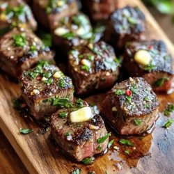 - 1 pound sirloin steak, cut into bite-sized cubes - 4 tablespoons unsalted butter - 4 cloves garlic, minced - 1 tablespoon fresh rosemary, chopped - 1 tablespoon fresh parsley, chopped - Salt and pepper to taste - 1 teaspoon crushed red pepper flakes (optional for heat) The main ingredients are simple and delicious. Sirloin steak offers great flavor and tenderness. The unsalted butter adds a rich, creamy touch. Garlic gives you that aromatic kick. Fresh rosemary and parsley bring a burst of color and zest. You can adjust salt, pepper, and red pepper flakes to suit your taste. Choosing the right cut of steak is key. Sirloin is a great choice because it is tender yet affordable. It cooks quickly, making it perfect for steak bites. You can also try ribeye or tenderloin for a richer flavor. If you want a leaner option, flank steak works well too. Each cut adds its own unique taste and texture. You'll need a few essential tools to cook these steak bites. A heavy skillet or cast iron pan is best for searing. This helps create a nice crust on the steak. A good pair of tongs is helpful for turning the meat. You’ll also need a sharp knife for cutting the steak. Make sure to have a cutting board and measuring spoons ready. For the full recipe, check out the details above. To prepare the steak for searing, start by cutting the sirloin into bite-sized cubes. Make sure the pieces are even. This helps them cook at the same time. Next, pat the steak dry with paper towels. This step is very important. A dry surface allows the steak to sear better. If the steak is wet, it will steam instead of sear. Now, it’s time to sear the steak. Heat 2 tablespoons of butter in a large skillet over medium-high heat. Once the butter is melted and bubbling, add the steak cubes in a single layer. Avoid overcrowding the pan. If you add too many pieces, they won’t brown well. Sear the steak for about 2-3 minutes on each side. You want a nice brown crust. Once done, remove the steak from the pan and set it aside. Lower the heat to medium after removing the steak. Add the remaining 2 tablespoons of butter and minced garlic to the same skillet. Sauté the garlic for about 1 minute. You want it fragrant, but not browned. After that, return the steak bites to the skillet. Toss them in the garlic butter for 1-2 minutes. This adds great flavor. Finally, mix in chopped rosemary, parsley, and crushed red pepper flakes if you like some heat. Taste the dish and adjust seasoning with salt and pepper if needed. For the full recipe, check out the Full Recipe section. To cook steak bites well, start with dry meat. Drying helps create a nice crust. Season the steak with salt and pepper for flavor. Use high heat to sear the meat quickly. Avoid cooking too many pieces at once. This lets each piece brown nicely. Overcrowding the pan causes steaming, which you want to avoid. Cook in batches if needed. For a great presentation, serve the garlic butter steak bites on a wooden board. Add fresh herbs on top for color. You can also use toothpicks for easy eating. Pair the steak bites with garlic-mashed potatoes or a simple salad. These sides balance the rich flavor of the steak. You can also serve them with crusty bread to soak up the garlic butter. To elevate your steak bites, consider adding some blue cheese crumbles. They add a rich, tangy flavor. Sautéed mushrooms also work well with garlic butter. For dipping sauces, try a spicy aioli or a classic horseradish sauce. These add a fun twist to the dish. You can also sprinkle some Worcestershire sauce for extra depth. For the full recipe, check the link provided. {{image_2}} You can use many cuts of steak for garlic butter steak bites. Sirloin is great, but you can also try filet mignon or ribeye. Each cut brings its own flavor and texture. If you want a leaner option, flank steak works well too. For those who prefer chicken, you can adapt this recipe. Simply cut chicken breast into bite-sized pieces and follow the same steps. The garlic butter sauce will still shine! If you like heat, there are easy ways to spice things up. You can add crushed red pepper flakes for warmth, or try cayenne pepper for extra kick. Want more flavor? Consider adding chili powder or smoked paprika. If you enjoy heat, you can also use spicy herbs like fresh jalapeños or serrano peppers. Just remember to taste as you go! Herbs can change the flavor of your garlic butter steak bites. While rosemary and parsley are classic, you can try fresh thyme or oregano for a twist. If you want a bolder taste, fresh basil works great too. You can also use dried herbs if fresh ones are not available. Just remember to use less dried herbs, as they are stronger in flavor. Experiment to find your favorite mix! For the detailed cooking steps, check out the Full Recipe. After you make garlic butter steak bites, let them cool down. Store them in an airtight container. This keeps the flavor fresh. You can enjoy the leftovers for up to three days. If you don’t finish them, it’s best to refrigerate soon after serving. To freeze garlic butter steak bites, first, let them cool completely. Place the bites in a single layer on a baking sheet. Freeze for about an hour, then transfer them to a freezer-safe bag. Make sure to remove as much air as possible. For the best taste, use them within three months. To reheat frozen steak bites, thaw them overnight in the fridge. Heat a skillet over medium heat. Add a little butter or oil, then cook the bites for about 5-7 minutes. This helps them regain their juicy texture. For the best storage, use glass or BPA-free plastic containers. These keep the steak bites fresh and tasty. Vacuum sealing is also a great option. It removes air and prevents freezer burn. If you don’t have a vacuum sealer, regular airtight containers work fine too. Just ensure they are tightly closed. To check if your steak bites are done, use a meat thermometer. Aim for 130°F for medium-rare and 140°F for medium. If you don't have a thermometer, look for browning on the outside. The inside should still be pink but warm. - Insert the thermometer into the thickest part of a piece. - Cut one steak bite in half to check the color. - Remember, steak will continue to cook after you remove it from the heat. Yes, you can prepare garlic butter steak bites ahead of time. Cook them fully, then let them cool. Store in an airtight container in the fridge for up to three days. To reheat, warm them in a skillet over low heat. Add a bit of butter to keep them juicy. - Cook, cool, and store in an airtight container. - Reheat in a skillet with a little butter. - Enjoy within three days for the best taste. Garlic butter steak bites pair well with many sides. Try garlic mashed potatoes or a fresh salad. You can also serve them with rice or roasted vegetables. For a fun twist, use toothpicks and serve as appetizers. - Garlic mashed potatoes for creaminess. - Fresh salad for a light crunch. - Rice or roasted veggies for balance. To get a great crust, pat the steak bites dry before cooking. This helps them sear better. Use high heat and don’t overcrowd the pan. Sear each side for 2-3 minutes until brown. - Dry the steak well with paper towels. - Use a hot pan and do not crowd. - Sear each side to develop a crust. In this blog post, I covered how to make delicious garlic butter steak bites. We explored essential ingredients and tools needed to prepare the dish. I shared detailed steps for preparing, searing, and making the garlic butter sauce. You learned tips for the best texture, along with variations and storage options. Remember, great steak bites start with quality meat and good techniques. Enjoy experimenting with flavors and serving ideas. Your cooking can impress anyone at the table!