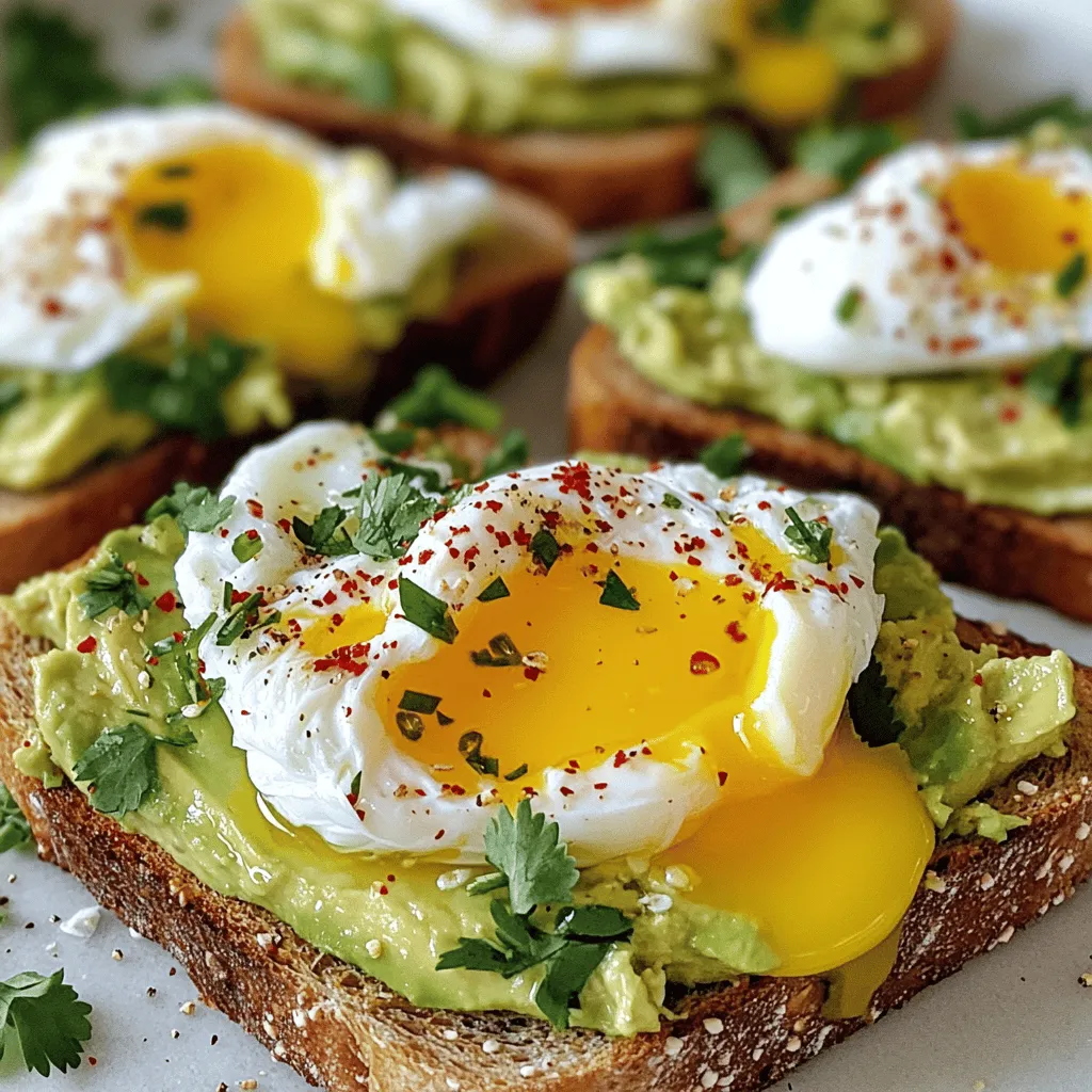 To make savory avocado toast with poached egg, you need fresh, quality ingredients. Here’s what you will need: - 2 slices of whole-grain or sourdough bread - 1 ripe avocado - 2 large eggs - 1 tablespoon olive oil - 1 teaspoon lemon juice - Salt and pepper to taste - 1/4 teaspoon red pepper flakes (optional) - Fresh herbs (like cilantro or chives) for garnish For the best flavor, I recommend using organic eggs and ripe avocados. Look for bread that is fresh and has no added sugars for a healthier choice. Avocados are rich in healthy fats, fiber, and vitamins. They support heart health and help keep you full. Eggs provide high-quality protein and essential nutrients like vitamin D and choline. Together, they make a nutritious meal. A typical serving size of this dish is one slice of toast topped with one poached egg. This serves two people, making it perfect for brunch or breakfast. Enjoy the balanced nutrients and flavors in each bite. To start, toast your bread until it turns golden brown and crispy. You can use a toaster or an oven. If you're using an oven, set it to 400°F and place the bread on a baking sheet. Toast for about 5-7 minutes, flipping halfway through. Now, let’s move on to poaching the eggs. Fill a small saucepan with about 3 inches of water. Heat it to a gentle simmer over medium heat. Cracking each egg into a small bowl makes it easier to slide into the water. Once the water simmers, you can add a dash of vinegar. This helps the egg whites set better. Stir the water gently to create a whirlpool. Carefully slide one egg into the center of the whirlpool. Cook for 3-4 minutes for a runny yolk. If you prefer a firmer yolk, cook a minute or two longer. After cooking, use a slotted spoon to lift the eggs out. Drain them on paper towels to remove excess water. Next, prepare the avocado. Slice it in half and remove the pit. Scoop out the flesh into a bowl. Add olive oil, lemon juice, and season with salt and pepper. Smash the avocado with a fork until it reaches your desired creaminess. Now it's time to assemble the dish. Spread the smashed avocado evenly over the toasted bread. Place one poached egg on top of each slice. For a little kick, sprinkle red pepper flakes on top. Finish with fresh herbs like cilantro or chives for garnish. For the full recipe, check out the details to create this delicious dish! To make a perfect poached egg, avoid common mistakes. First, use fresh eggs. Fresh eggs hold their shape better when cooked. Also, do not overcrowd the pot. Cook one or two eggs at a time. This keeps the eggs from sticking together. Lastly, do not let the water boil vigorously. A gentle simmer is best to keep the eggs intact. Adjust the cooking time for your yolk firmness. For a runny yolk, cook the egg for about 3-4 minutes. If you want a firmer yolk, let it cook for 5-6 minutes. Keep an eye on the eggs to hit your preference. Spices and toppings can make your dish shine. Try adding smoked paprika or garlic powder to the avocado mix. A sprinkle of these spices brings out rich flavors. You can also top your toast with feta cheese or cherry tomatoes for a burst of freshness. Pair additional ingredients with your avocado toast. Sliced radishes or arugula add crunch and spice. For a protein boost, consider adding bacon or smoked salmon. These toppings create a tasty contrast with the creamy avocado. For the full recipe, check the details above. {{image_2}} Choosing the right bread makes a big difference in avocado toast. You can use different types to suit your taste. - Gluten-free alternatives: If you need gluten-free bread, try using rice bread or almond flour bread. These options are still delicious and will hold up well under the toppings. - Flavorful bread recommendations: Sourdough and whole-grain bread are classic choices. Their crusty texture adds a nice crunch to every bite. For a twist, try rye or ciabatta. These breads bring unique flavors that pair well with avocado. Once you master the basic recipe, you can get creative with toppings. This keeps every breakfast fresh and exciting. - Unique garnishes to try: Add sliced tomatoes or radishes for crunch. You can also sprinkle feta cheese or goat cheese on top for a creamy touch. A drizzle of balsamic glaze can add a sweet and tangy flavor. - Seasonal variations based on local produce: Use fresh herbs like basil in summer or roasted squash in fall. During winter, try adding steamed kale or sautéed mushrooms. This way, you can enjoy the best produce all year round. For the full recipe, check out the [Full Recipe]. To keep your smashed avocado fresh, store it in an airtight container. Add a layer of plastic wrap directly on the surface of the avocado to limit air exposure. This helps prevent browning. Use the avocado within one day for the best flavor and texture. For poached eggs, store them in a bowl of cold water in the fridge. Cover the bowl with plastic wrap to keep them fresh. Use poached eggs within two days to enjoy their best quality. To reheat poached eggs, gently warm them in a bowl of hot water for about 5 minutes. This keeps the texture right. Avoid using a microwave, as it can make the eggs rubbery. When reheating smashed avocado, place it in a bowl and let it sit at room temperature for a few minutes. Stir lightly before serving. Always check for any off smells before eating leftovers. If unsure, it's best to toss it out. For the full recipe, check the earlier sections of this article. How do I make vegan avocado toast? To make vegan avocado toast, skip the egg. Just smash the avocado with lemon juice, salt, and pepper. Add toppings like sliced tomatoes or radishes for extra flavor. You can also use hemp seeds or nutritional yeast for added nutrition and taste. What is the best way to ripen an avocado quickly? To ripen an avocado fast, place it in a brown paper bag. The bag traps ethylene gas, speeding up the ripening process. You can also add an apple or banana to the bag for an extra boost. Check the avocado daily to see when it’s soft. What is the secret to a perfectly runny poached egg? The secret to a runny poached egg is gentle heat and timing. Use fresh eggs, as they hold their shape better. Bring water to a simmer, not a boil. Stir the water to create a whirlpool. This helps the egg white wrap around the yolk. Cook the egg for 3-4 minutes for a runny yolk. Can I prepare this dish in advance? You can prepare some parts of this dish in advance. Toast the bread and smash the avocado ahead of time. Store the avocado in an airtight container with a bit of lemon juice to prevent browning. Poached eggs are best made fresh but can be reheated gently in warm water. Enjoy your savory avocado toast with poached egg! For more details, check out the Full Recipe. In this post, we covered how to create a tasty avocado toast. We explored fresh ingredients, from avocados to eggs. You learned preparation steps for perfect toast and poached eggs. We shared tips for flawless cooking and ways to enhance flavor. Plus, we highlighted variations for breads and toppings. Remember, each step counts for that delicious meal you want. Now, go ahead and make your perfect avocado toast with confidence!