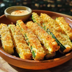 - 2 medium zucchinis, sliced into fries - 1 cup panko breadcrumbs - ½ cup grated Parmesan cheese - 1 teaspoon garlic powder - 1 teaspoon onion powder - ½ teaspoon paprika - 2 large eggs - Salt and pepper to taste - Olive oil spray To make crispy zucchini fries, we need simple ingredients. Fresh zucchinis are key. They give a nice crunch and great flavor. Panko breadcrumbs add texture and make them extra crispy. Parmesan cheese gives a nice salty bite. Garlic and onion powders bring depth to the taste. Paprika adds a hint of smokiness. Eggs help the coating stick well. You can adjust salt and pepper to match your taste. Lastly, a light spray of olive oil helps achieve that golden brown finish. Each serving has about 150 calories, 10 grams of carbs, 6 grams of protein, and 9 grams of fat. These fries are a tasty treat that feels light and satisfying. If you want to switch things up, you can use other breadcrumbs like regular or gluten-free options. For cheese, try mozzarella or nutritional yeast for a vegan choice. If you need an egg substitute, use flaxseed meal or a store-bought egg replacer. These changes can still give you a delicious result while fitting your diet. Check the full recipe for more details. To make perfect zucchini fries, start by slicing the zucchinis. Cut them into sticks about half an inch thick. This size helps them cook evenly. If the fries are too thick, they may not get crispy. If they are too thin, they can burn. Moisture control is key. Zucchini has a lot of water. To remove some moisture, sprinkle salt on the cut fries. Let them sit for about 10 to 15 minutes. Then, pat them dry with a paper towel. This helps the fries get crispier when baked. Now, it's time to bread the zucchini. First, dip each fry into the beaten eggs. Make sure to let the excess egg drip off. Then, coat the fry in the panko mixture. Press the crumbs onto the fry gently. This ensures the coating sticks well. For maximum crunch, use fresh panko breadcrumbs. They are lighter than regular breadcrumbs. This will give your fries that extra crispiness you want. Next, preheat your oven to 425°F (220°C). This high heat helps the fries become golden and crispy. Line a baking sheet with parchment paper. It makes cleanup easy and helps prevent sticking. Arrange the zucchini fries in a single layer on the sheet. Make sure they are not touching, so they cook evenly. Lightly spray the tops with olive oil for extra crispiness. Bake the fries for 20 to 25 minutes. Halfway through, turn them over with a spatula. This helps both sides cook evenly. When they are golden brown, they are ready to enjoy! To get that perfect crunch, use panko breadcrumbs. They are lighter and flakier than regular breadcrumbs. This gives your zucchini fries more texture. When you bake them, they turn golden and crispy. Don't skip the olive oil spray! A light mist helps the fries crisp up nicely. It also adds flavor without extra fat. Zucchini fries taste great with dips. Marinara sauce is a classic choice. Ranch dressing adds a creamy touch. You can also try garlic aioli for a fun twist. These fries pair well with burgers or sandwiches. They make a great side for any meal! Use a sturdy baking sheet for best results. A non-stick sheet can help prevent sticking. If you have one, a wire rack is perfect for cooling your fries. It lets air flow around them, keeping them crisp. A good knife and cutting board will make slicing zucchini easy. Don't forget a shallow bowl for the egg and another for the panko mix. These tools will help you make the best crispy zucchini fries. For the full recipe, check out the earlier section. {{image_2}} You can boost the taste of your zucchini fries with spices. Try adding cayenne for heat or Italian herbs for a fresh taste. You can also mix in a bit of lemon zest for a bright kick. If you want to get creative, use other veggies like carrots or eggplant. Cut them into fry shapes and follow the same steps. This way, you can enjoy different flavors while keeping it fun! If you need a gluten-free option, you can still enjoy these fries. Swap panko breadcrumbs with gluten-free breadcrumbs or ground almonds. Both options give a nice crunch. Just make sure to check the labels to avoid hidden gluten. This way, everyone can enjoy crispy zucchini fries! For a vegan twist, replace the eggs with flaxseed meal or chia seeds. Mix one tablespoon of either with three tablespoons of water. Let it sit for a few minutes until it thickens. This acts like an egg and helps the coating stick. You can also use nutritional yeast instead of Parmesan cheese for a cheesy flavor without dairy. This makes your crispy zucchini fries vegan-friendly! For the full recipe, check the recipe section above. To store your zucchini fries in the fridge, place them in an airtight container. This helps keep them fresh. Make sure they cool down first to avoid steam. For freezing, let them cool completely, then spread them on a baking sheet. Freeze until solid, then transfer them to a freezer bag. This method prevents them from sticking together. For the best results when reheating, use an oven or an air fryer. Preheat the oven to 400°F (200°C). Place the fries on a baking sheet and heat for about 10 minutes. This method keeps them crispy. If using an air fryer, set it to 375°F (190°C) and heat for around 5-7 minutes. In the fridge, zucchini fries last about 3-4 days. If frozen, they can stay good for up to 3 months. Just remember to check for any signs of freezer burn before using them. Always trust your nose; if they smell off, it’s best to toss them out. To get the best crispiness, follow these tips: - Use panko breadcrumbs. They are lighter and airier than regular breadcrumbs. - Sprinkle olive oil. A light spray helps the fries crisp up in the oven. - Bake at high heat. Set your oven to 425°F (220°C) for a nice crunch. - Don’t overcrowd the pan. Give each fry space to cook evenly. These steps ensure your zucchini fries have that perfect crispy bite! Yes, you can use regular breadcrumbs, but your fries may not be as crispy. - Texture difference: Panko is coarser and provides a crunchier coating. - Results: Regular breadcrumbs can lead to a denser texture, not as light. If you want that extra crunch, stick with panko! Zucchini fries go great with many sauces. Here are some popular choices: - Marinara sauce for a classic Italian touch. - Ranch dressing for a creamy, tangy flavor. - Garlic aioli adds a nice kick. - Spicy ketchup brings a bit of heat to the party. Feel free to mix and match your favorites! In this post, I shared a tasty recipe for zucchini fries. You learned about essential ingredients, cooking steps, and tips for great texture. You can now easily customize the recipe based on your needs. Remember, using panko breadcrumbs gives the best crunch, and olive oil spray helps too. Enjoy these fries with your favorite dips. Whether you serve them as a snack or a side dish, they are sure to impress!