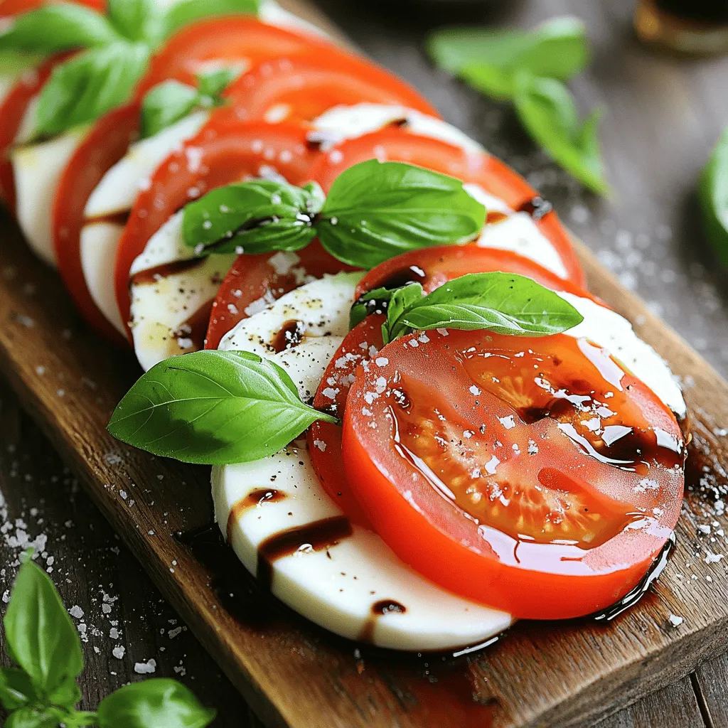 - 2 large ripe tomatoes - 1 cup fresh basil leaves Fresh vegetables are key to this dish. Choose ripe tomatoes for the best taste. Look for firm ones with bright color. The basil should be fresh and fragrant. Its aroma adds a nice touch to the salad. - 8 ounces fresh mozzarella cheese Fresh mozzarella is a must. It should be soft and creamy. This cheese pairs well with tomatoes and basil. Slice it evenly to keep the look nice. - 2 tablespoons balsamic glaze - 2 tablespoons extra virgin olive oil - Salt and freshly cracked black pepper Balsamic glaze adds sweetness and tang. Olive oil brings richness to the dish. Sprinkle salt and pepper for extra flavor. These ingredients elevate your Caprese salad and make it truly delicious. You can find the full recipe in the instructions section. 1. First, wash the tomatoes and basil leaves. 2. Next, slice the tomatoes and fresh mozzarella into 1/4-inch thick pieces. 1. On a large platter, place alternating slices of tomato and mozzarella. 2. Tuck fresh basil leaves between the slices for a nice look. 1. In a small bowl, whisk together balsamic glaze and olive oil. 2. Drizzle this dressing over the salad. Be sure to cover everything for great flavor. Follow these steps, and you will have a fresh Caprese salad that looks as good as it tastes. For the full recipe, check the earlier section. Enjoy every bite! Choosing ripe tomatoes is key for a great Caprese salad. Look for tomatoes that are firm but slightly soft when you press them. They should have bright colors, like red or yellow. Avoid any tomatoes with bruises or blemishes. Fresh mozzarella is just as important. You want soft and creamy cheese. Look for mozzarella packed in water for the best taste. If you can find buffalo mozzarella, it adds a rich flavor you won’t forget. A good serving size is about one large tomato and two ounces of mozzarella per person. This means you can serve four people with two large tomatoes and eight ounces of mozzarella. If you have guests, think about doubling the recipe. It’s a great dish for sharing. Just make sure to arrange it nicely, so everyone can easily grab their portion. Presentation can make your salad stand out. Serving on a rustic wooden board gives a nice, homey feel. On the other hand, a white plate highlights the colors of the salad. For garnishing, sprinkle a few extra basil leaves on top. You can also drizzle a bit more balsamic glaze for a fancy touch. Remember, the look of the salad is almost as important as its taste. {{image_2}} You can easily switch up the cheese in your Caprese salad. Burrata is a creamy choice. It adds a rich texture that many love. If you're feeling adventurous, try goat cheese for a tangy twist. When it comes to dressings, balsamic glaze is classic. But a light vinaigrette can brighten things up too. A simple mix of olive oil, lemon juice, and a bit of honey works well. It adds a fresh taste that complements the salad. Adding fruits or vegetables can make your salad unique. In summer, ripe peaches or watermelon add sweetness. In fall, roasted butternut squash brings warmth and flavor. You can also add cherry tomatoes for extra color. Nuts give your salad a nice crunch. Pine nuts or walnuts work well. Toast them lightly to enhance their flavor. To give your salad a Mediterranean flair, add olives or artichokes. These ingredients add depth and flavor. You can also add capers for a briny kick. If you want a more filling dish, consider adding proteins. Grilled chicken or shrimp can make it a meal. You could even add chickpeas for a plant-based option. Explore these variations to make your Caprese salad exciting and new. For more ideas, check out the Full Recipe. To keep your Caprese salad fresh, store it in an airtight container. This helps avoid moisture loss and keeps flavors bright. If you have leftover dressing, store it separately. Mixing it with the salad may make the ingredients soggy. If you have extra basil, wrap it in a damp paper towel and place it in a plastic bag. This keeps it fresh longer. Your Caprese salad lasts about one to two days in the refrigerator. It’s best to eat it within this time frame. After two days, the tomatoes and mozzarella start to lose their texture and taste. If you see any signs of wilting basil or sogginess, it’s time to toss it. You can get creative with leftover components. Here are a few ideas: - Tomatoes: Chop them for salsa or toss them into pasta. - Mozzarella: Use it in a sandwich or melt it over pizza. - Basil: Blend it into pesto or add it to omelets. These options let you enjoy the flavors of your Caprese salad in new ways. To make a Caprese Salad authentic, you need key ingredients. The heart of the salad is the fresh mozzarella, ripe tomatoes, and aromatic basil. When you use high-quality ingredients, the dish shines. You want to choose tomatoes that are juicy and sweet. Look for mozzarella that is soft and creamy. Fresh basil adds a fragrant touch. Yes, you can prepare Caprese Salad ahead of time. However, to keep it fresh, avoid adding the dressing until just before serving. You can slice the tomatoes and mozzarella in advance and store them separately. This way, they stay crisp and do not get soggy. You can also pre-wash the basil leaves. Just keep them dry and cool until you’re ready to assemble. Caprese Salad pairs well with many dishes. A light pasta with olive oil complements it nicely. Grilled chicken or fish also works great. For drinks, a crisp white wine like Pinot Grigio enhances the flavors. You can also serve it with fresh bread to soak up the juices. This blog post covered how to make a fresh Caprese salad. We discussed main ingredients like ripe tomatoes, fresh mozzarella, and basil. I shared step-by-step instructions for preparing, arranging, and dressing the salad. You learned tips for selecting quality ingredients and ways to enhance presentation. We also explored variations, storage methods, and answered common questions. Enjoy experimenting with flavors and making this dish your own. Fresh ingredients create the best taste!