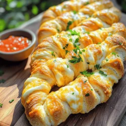 - 1 tube of refrigerated pizza dough - 4 tablespoons unsalted butter, melted - 3 cloves garlic, minced - 1 teaspoon dried oregano - 1 teaspoon dried parsley - 1 cup shredded mozzarella cheese - ½ cup grated Parmesan cheese - Salt and pepper to taste - Fresh herbs for garnish When it comes to making Easy Cheesy Garlic Bread Twists, the right ingredients make all the difference. I love using a tube of refrigerated pizza dough because it's quick and easy. It provides a soft and fluffy base. For the buttery garlic flavor, I use unsalted butter and fresh garlic. The garlic gives a strong, rich taste. Oregano and parsley add a nice kick and freshness. Cheese is the star here! Mozzarella melts beautifully, while Parmesan adds a sharp taste. You can adjust the cheese amounts if you like more or less. Feel free to add salt and pepper for extra flavor. Fresh herbs can also make a great garnish. They add color and a burst of freshness when you serve the twists. For the full recipe, check out the Easy Cheesy Garlic Bread Twists section. Enjoy! 1. Preheat your oven to 400°F (200°C). Line a baking sheet with parchment paper to prevent sticking. 2. Mix melted butter with garlic and spices. In a small bowl, combine 4 tablespoons of melted butter, 3 cloves of minced garlic, 1 teaspoon of oregano, 1 teaspoon of parsley, and a pinch of salt and pepper. Stir until it blends well. This mixture adds great flavor to your twists. 1. Roll out pizza dough. Take the tube of refrigerated pizza dough and place it on a lightly floured surface. Roll it out into a rectangle about ¼ inch thick. 2. Apply the garlic butter mixture. Use a brush to coat the entire surface of the dough with your garlic butter mixture. Make sure to cover it evenly. 3. Spread cheeses evenly. Sprinkle 1 cup of shredded mozzarella and ½ cup of grated Parmesan over the dough. Distribute the cheese so every bite is cheesy. 4. Cut into strips. Using a pizza cutter or sharp knife, cut the dough into long strips that are about 1 inch wide. 1. Twist the dough strips. Take each strip and twist it several times. This helps the cheese melt into the dough. 2. Place on the baking sheet. Arrange the twisted strips on the prepared baking sheet. Leave some space between each twist for even baking. 3. Brush with remaining garlic butter. Before baking, use any leftover garlic butter mixture to brush the tops of the twists. This adds extra flavor. 4. Bake. Place the baking sheet in the oven and bake for about 12-15 minutes. Watch for a golden brown color and a bubbly cheese topping. 5. Cool slightly. Once done, take the twists out and let them cool for a few minutes. This helps them set and makes them easier to handle. For the full recipe, check out the Easy Cheesy Garlic Bread Twists section. Enjoy your cooking! To make your Easy Cheesy Garlic Bread Twists perfect, start by rolling the dough evenly. Use a rolling pin to get a ¼ inch thick rectangle. If your dough is too thick, the twists won't cook well. When you cut the dough into strips, try to keep them about 1 inch wide. This width helps them bake evenly. When twisting, give each strip a few good turns. This creates a fun shape and helps the cheese melt inside. To ensure even baking, space the twists apart on your baking sheet. This allows hot air to flow and cook each twist. If they are too close, they may stick together or bake unevenly. Keep an eye on them while baking. Look for a golden color and bubbling cheese for the best results. Serving your Easy Cheesy Garlic Bread Twists is all about presentation. Place them on a large platter while they are warm. You can sprinkle fresh parsley on top for a pop of color. This makes them look even tastier! Pair these twists with marinara sauce for dipping. The rich tomato sauce goes well with the cheesy flavor. You can also try ranch dressing or garlic dipping sauce for a fun twist. These options add more flavor and excitement to your meal. Feel free to get creative with the cheese in your Easy Cheesy Garlic Bread Twists. You can use cheddar, gouda, or even feta for different tastes. Each cheese brings a unique flavor to the dish. If you want to spice things up, add some red pepper flakes to the garlic butter mix. You can also try adding chopped herbs like basil or thyme for extra flavor. Mixing in sun-dried tomatoes can give your twists a Mediterranean touch. There are many ways to customize your garlic bread twists to match your taste! For the complete recipe, refer to the [Full Recipe]. {{image_2}} You can make your cheesy garlic twists even better by adding herbs. Fresh herbs add bright flavors. However, dried herbs work well too and are easy to use. Here are some herb combinations you might try: - Basil and Thyme: A classic mix that adds warmth. - Chives and Rosemary: Great for a fresh, sharp taste. - Oregano and Dill: Adds a unique twist to your garlic flavor. Experimenting with herbs can change the whole taste of your dish. Cheese makes these twists special, but you can change it up. Try different cheeses for new flavors. Here are some ideas: - Cheddar: A sharper taste that melts well. - Feta: Adds a tangy kick and crumbles nicely. - Vegan Cheese: If you want a dairy-free option, use cashew cheese or a store-bought brand. Switching the cheese can make the dish your own. To spice things up, consider adding extra flavors. A pinch of red pepper flakes gives a nice heat. You can also try adding sun-dried tomatoes. They add a rich, sweet flavor to the twists. Adding these extras can boost the taste and make your garlic twists more exciting. For the full recipe, check out the Easy Cheesy Garlic Bread Twists section above. Once your Easy Cheesy Garlic Bread Twists come out of the oven, let them cool on a wire rack. This helps keep them crispy. Avoid leaving them on the baking sheet, as they may get soggy. After they cool, place the leftovers in an airtight container. This keeps them fresh and tasty. You can store them in the fridge for up to three days. Just remember, the sooner you eat them, the better they taste! For the best results, reheat your garlic twists in the oven. Preheat your oven to 350°F (175°C). Place the twists on a baking sheet and heat for about 5 to 7 minutes. This method keeps the twists crispy. You can also use a toaster oven if you want a quick fix. Avoid using the microwave, as it can make them chewy. You can freeze these twists before or after baking. To freeze before baking, prepare the twists as usual, then place them on a baking sheet. Freeze them for about 30 minutes until solid. Once frozen, transfer them to a freezer bag. They can last up to three months in the freezer. To bake from frozen, add an extra few minutes to the baking time. If you want to freeze them after baking, let them cool completely first. Then, wrap them tightly in plastic wrap and store in a freezer bag. To reheat, follow the same oven method above. Yes, you can use other types of dough. Options include bread dough, puff pastry, or even biscuit dough. Each type gives a different taste and texture. Try experimenting to find your favorite! These twists last about three days in the fridge. To keep them fresh, store them in an airtight container. Reheat them in the oven for the best taste. Yes, gluten-free dough options are available. Look for gluten-free pizza dough or make your own. This way, you can enjoy the twists without gluten. Many dips pair well with these twists. Marinara sauce is a classic choice. You can also try garlic butter, ranch dressing, or a zesty pesto. Each dip adds its unique flavor. Absolutely! You can prepare the twists and store them in the fridge. Just assemble them and put them on the baking sheet. Bake them fresh when you are ready to eat. These Easy Cheesy Garlic Bread Twists are simple and delicious. You now know the ingredients, step-by-step instructions, and various tips for the best results. By adding your favorite herbs and cheeses, you can customize them to your taste. Remember to store and reheat them properly to keep them fresh. Whether as a snack or part of a meal, these twists will impress your family and friends. Enjoy making and sharing these tasty treats!