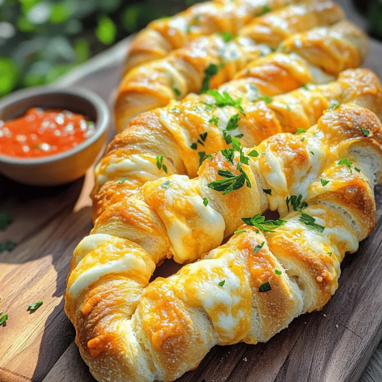 - 1 tube of refrigerated pizza dough - 4 tablespoons unsalted butter, melted - 3 cloves garlic, minced - 1 teaspoon dried oregano - 1 teaspoon dried parsley - 1 cup shredded mozzarella cheese - ½ cup grated Parmesan cheese - Salt and pepper to taste - Fresh herbs for garnish When it comes to making Easy Cheesy Garlic Bread Twists, the right ingredients make all the difference. I love using a tube of refrigerated pizza dough because it's quick and easy. It provides a soft and fluffy base. For the buttery garlic flavor, I use unsalted butter and fresh garlic. The garlic gives a strong, rich taste. Oregano and parsley add a nice kick and freshness. Cheese is the star here! Mozzarella melts beautifully, while Parmesan adds a sharp taste. You can adjust the cheese amounts if you like more or less. Feel free to add salt and pepper for extra flavor. Fresh herbs can also make a great garnish. They add color and a burst of freshness when you serve the twists. For the full recipe, check out the Easy Cheesy Garlic Bread Twists section. Enjoy! 1. Preheat your oven to 400°F (200°C). Line a baking sheet with parchment paper to prevent sticking. 2. Mix melted butter with garlic and spices. In a small bowl, combine 4 tablespoons of melted butter, 3 cloves of minced garlic, 1 teaspoon of oregano, 1 teaspoon of parsley, and a pinch of salt and pepper. Stir until it blends well. This mixture adds great flavor to your twists. 1. Roll out pizza dough. Take the tube of refrigerated pizza dough and place it on a lightly floured surface. Roll it out into a rectangle about ¼ inch thick. 2. Apply the garlic butter mixture. Use a brush to coat the entire surface of the dough with your garlic butter mixture. Make sure to cover it evenly. 3. Spread cheeses evenly. Sprinkle 1 cup of shredded mozzarella and ½ cup of grated Parmesan over the dough. Distribute the cheese so every bite is cheesy. 4. Cut into strips. Using a pizza cutter or sharp knife, cut the dough into long strips that are about 1 inch wide. 1. Twist the dough strips. Take each strip and twist it several times. This helps the cheese melt into the dough. 2. Place on the baking sheet. Arrange the twisted strips on the prepared baking sheet. Leave some space between each twist for even baking. 3. Brush with remaining garlic butter. Before baking, use any leftover garlic butter mixture to brush the tops of the twists. This adds extra flavor. 4. Bake. Place the baking sheet in the oven and bake for about 12-15 minutes. Watch for a golden brown color and a bubbly cheese topping. 5. Cool slightly. Once done, take the twists out and let them cool for a few minutes. This helps them set and makes them easier to handle. For the full recipe, check out the Easy Cheesy Garlic Bread Twists section. Enjoy your cooking! To make your Easy Cheesy Garlic Bread Twists perfect, start by rolling the dough evenly. Use a rolling pin to get a ¼ inch thick rectangle. If your dough is too thick, the twists won't cook well. When you cut the dough into strips, try to keep them about 1 inch wide. This width helps them bake evenly. When twisting, give each strip a few good turns. This creates a fun shape and helps the cheese melt inside. To ensure even baking, space the twists apart on your baking sheet. This allows hot air to flow and cook each twist. If they are too close, they may stick together or bake unevenly. Keep an eye on them while baking. Look for a golden color and bubbling cheese for the best results. Serving your Easy Cheesy Garlic Bread Twists is all about presentation. Place them on a large platter while they are warm. You can sprinkle fresh parsley on top for a pop of color. This makes them look even tastier! Pair these twists with marinara sauce for dipping. The rich tomato sauce goes well with the cheesy flavor. You can also try ranch dressing or garlic dipping sauce for a fun twist. These options add more flavor and excitement to your meal. Feel free to get creative with the cheese in your Easy Cheesy Garlic Bread Twists. You can use cheddar, gouda, or even feta for different tastes. Each cheese brings a unique flavor to the dish. If you want to spice things up, add some red pepper flakes to the garlic butter mix. You can also try adding chopped herbs like basil or thyme for extra flavor. Mixing in sun-dried tomatoes can give your twists a Mediterranean touch. There are many ways to customize your garlic bread twists to match your taste! For the complete recipe, refer to the [Full Recipe]. {{image_2}} You can make your cheesy garlic twists even better by adding herbs. Fresh herbs add bright flavors. However, dried herbs work well too and are easy to use. Here are some herb combinations you might try: - Basil and Thyme: A classic mix that adds warmth. - Chives and Rosemary: Great for a fresh, sharp taste. - Oregano and Dill: Adds a unique twist to your garlic flavor. Experimenting with herbs can change the whole taste of your dish. Cheese makes these twists special, but you can change it up. Try different cheeses for new flavors. Here are some ideas: - Cheddar: A sharper taste that melts well. - Feta: Adds a tangy kick and crumbles nicely. - Vegan Cheese: If you want a dairy-free option, use cashew cheese or a store-bought brand. Switching the cheese can make the dish your own. To spice things up, consider adding extra flavors. A pinch of red pepper flakes gives a nice heat. You can also try adding sun-dried tomatoes. They add a rich, sweet flavor to the twists. Adding these extras can boost the taste and make your garlic twists more exciting. For the full recipe, check out the Easy Cheesy Garlic Bread Twists section above. Once your Easy Cheesy Garlic Bread Twists come out of the oven, let them cool on a wire rack. This helps keep them crispy. Avoid leaving them on the baking sheet, as they may get soggy. After they cool, place the leftovers in an airtight container. This keeps them fresh and tasty. You can store them in the fridge for up to three days. Just remember, the sooner you eat them, the better they taste! For the best results, reheat your garlic twists in the oven. Preheat your oven to 350°F (175°C). Place the twists on a baking sheet and heat for about 5 to 7 minutes. This method keeps the twists crispy. You can also use a toaster oven if you want a quick fix. Avoid using the microwave, as it can make them chewy. You can freeze these twists before or after baking. To freeze before baking, prepare the twists as usual, then place them on a baking sheet. Freeze them for about 30 minutes until solid. Once frozen, transfer them to a freezer bag. They can last up to three months in the freezer. To bake from frozen, add an extra few minutes to the baking time. If you want to freeze them after baking, let them cool completely first. Then, wrap them tightly in plastic wrap and store in a freezer bag. To reheat, follow the same oven method above. Yes, you can use other types of dough. Options include bread dough, puff pastry, or even biscuit dough. Each type gives a different taste and texture. Try experimenting to find your favorite! These twists last about three days in the fridge. To keep them fresh, store them in an airtight container. Reheat them in the oven for the best taste. Yes, gluten-free dough options are available. Look for gluten-free pizza dough or make your own. This way, you can enjoy the twists without gluten. Many dips pair well with these twists. Marinara sauce is a classic choice. You can also try garlic butter, ranch dressing, or a zesty pesto. Each dip adds its unique flavor. Absolutely! You can prepare the twists and store them in the fridge. Just assemble them and put them on the baking sheet. Bake them fresh when you are ready to eat. These Easy Cheesy Garlic Bread Twists are simple and delicious. You now know the ingredients, step-by-step instructions, and various tips for the best results. By adding your favorite herbs and cheeses, you can customize them to your taste. Remember to store and reheat them properly to keep them fresh. Whether as a snack or part of a meal, these twists will impress your family and friends. Enjoy making and sharing these tasty treats!