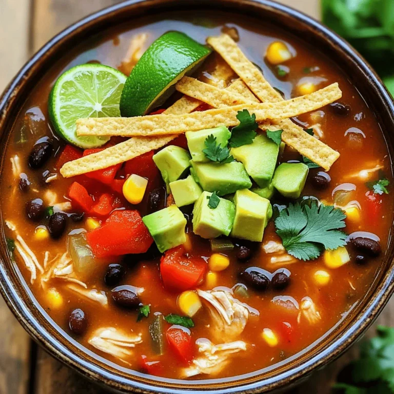To make this slow cooker chicken tortilla soup, gather the following items: - 1 pound boneless, skinless chicken breasts - 1 can (15 oz) black beans, rinsed and drained - 1 can (15 oz) corn, drained - 1 can (14.5 oz) diced tomatoes with green chilies - 1 medium onion, diced - 3 cloves garlic, minced - 1 red bell pepper, diced - 1 teaspoon ground cumin - 1 teaspoon smoked paprika - 1 teaspoon chili powder - 4 cups chicken broth - Salt and pepper to taste - Juice of 1 lime These ingredients create a tasty base for the soup. The chicken adds protein, while the beans and corn boost the texture and flavor. The spices bring warmth and depth to each bite. You can make your soup even better with these toppings: - Tortilla strips or chips for crunch - Fresh cilantro, chopped, for freshness - Avocado, diced, for creaminess - Shredded cheese (optional) These toppings add layers of flavor and fun. They also make your bowl look pretty and inviting. Enhance your soup with these herbs and spices: - Cilantro: Adds a fresh herbal note. - Lime: The juice brightens the flavors. - Chili powder: For extra heat and depth. - Smoked paprika: Adds a smoky flavor. Using these herbs and spices allows you to adjust the soup's flavor to your liking. Enjoy experimenting! For the full recipe, check out the details above. To start, gather all your ingredients. You will need: - 1 pound boneless, skinless chicken breasts - 1 can (15 oz) black beans, rinsed and drained - 1 can (15 oz) corn, drained - 1 can (14.5 oz) diced tomatoes with green chilies - 1 medium onion, diced - 3 cloves garlic, minced - 1 red bell pepper, diced - 1 teaspoon ground cumin - 1 teaspoon smoked paprika - 1 teaspoon chili powder - 4 cups chicken broth - Salt and pepper to taste - Juice of 1 lime - Tortilla strips or chips for serving - Fresh cilantro, chopped, for garnish - Avocado, diced, for topping - Shredded cheese (optional) Start by placing the chicken breasts at the bottom of the slow cooker. Next, take a large bowl. Combine the black beans, corn, diced tomatoes, onion, garlic, and red bell pepper in it. Add the ground cumin, smoked paprika, chili powder, salt, and pepper. Mix everything well. Now, pour the mixture over the chicken in the slow cooker. Add the chicken broth. Gently stir to combine all the ingredients. Cover the slow cooker and set it to cook on low for 6-7 hours or high for 3-4 hours. The chicken should be cooked through and tender. About 30 minutes before serving, shred the chicken right in the slow cooker using two forks. Stir in the lime juice and taste it. Adjust the seasoning if needed. Once the soup is ready, serve it warm. Top each bowl with tortilla strips or chips, diced avocado, chopped cilantro, and shredded cheese if you like. I love to serve my soup in warm bowls with a sprinkle of fresh cilantro. Adding a lime wedge on the side gives it an extra zesty touch. For the full recipe, be sure to check out the details mentioned above! To make your soup shine, add fresh lime juice. This brightens the taste. You can also add a bit of hot sauce if you like heat. Fresh herbs, like cilantro, bring a fresh twist. Try adding a dash of Worcestershire sauce for depth. For a thicker soup, mash some beans before adding them. This adds body and creaminess. You can also blend a portion of the soup for a smooth finish. When you shred the chicken, do it right before serving. This keeps it juicy and tender. Use a rotisserie chicken instead of raw chicken for speed. Just shred it and add it to the pot. Prep your veggies the night before to save time. You can also double the recipe. This way, you have leftovers for busy days. Check the [Full Recipe] for exact steps! {{image_2}} You can easily make a vegetarian version of this soup. Swap the chicken for more beans or a mix of vegetables. Use 1 can of chickpeas for protein. Add zucchini, carrots, or even kale for texture. Replace chicken broth with vegetable broth. This gives you a rich flavor without meat. You can still enjoy all the spices and toppings. If you love heat, add jalapeños or a dash of hot sauce. You can toss in diced green chilies for extra spice. For a smoky kick, add chipotle peppers in adobo sauce. Just a little bit goes a long way. Adjust the spice to your taste. Don’t be afraid to experiment with heat levels! Want to change up the protein? Try using turkey or even pork. Shredded rotisserie chicken works well, too. If you prefer seafood, shrimp cooks fast and adds a nice twist. Just add it in the last 30 minutes of cooking. Each protein brings its unique flavor. The soup remains delicious no matter what you choose! For the full recipe, check out the detailed instructions above. To store leftovers, let the soup cool first. Use an airtight container. This keeps the soup fresh. You can store it in the fridge for up to three days. Make sure it’s sealed tightly to avoid spills. Label the container with the date for easy tracking. Reheating is simple and quick. You can use a pot on the stove. Heat over low to medium heat. Stir often to warm it evenly. You can also use the microwave. Pour the soup into a microwave-safe bowl. Heat in short bursts, stirring in between. This way, the soup heats well without burning. Freezing is a great option for longer storage. Use freezer-safe containers or bags. Leave some space at the top for expansion. The soup can last for up to three months in the freezer. When you’re ready to eat, thaw it overnight in the fridge. Then, reheat it as mentioned above. Enjoy this zesty meal anytime! For the full recipe, check the full recipe section. Yes, you can use frozen chicken in this recipe. Just make sure to add an extra hour to the cooking time. The slow cooker will safely thaw and cook the chicken. This step keeps it juicy and tender. If you use frozen chicken, do not worry about thawing beforehand. Cooking on high takes about 3-4 hours. If you choose low, it will take around 6-7 hours. Both methods will give you tasty results. If you want to set it and forget it, opt for the low setting. It allows the flavors to meld beautifully. You can use vegetable broth as a substitute. It keeps the soup rich without chicken. Water can work too, but it won't add much flavor. For extra taste, add some herbs or a squeeze of lime if using water. This will enhance the overall flavor profile of the soup. For the complete recipe, check out the [Full Recipe]. In this post, we covered the key ingredients for your dish, from main items to optional toppings. I detailed the step-by-step process to make cooking easy. You learned tips to enhance flavor and texture for a better meal. We also explored variations, storage, and common questions to clear doubts. Cooking doesn’t have to be hard. With the right steps and tips, you can make a delicious dish every time. Dive in and enjoy your cooking journey!