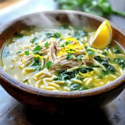 To make this comforting dish, gather these key items: - 1 tablespoon olive oil - 1 medium onion, diced - 2 cloves garlic, minced - 3 medium carrots, sliced - 2 celery stalks, diced - 1 pound boneless, skinless chicken breasts - 6 cups chicken broth - 1 cup orzo pasta - 1 tablespoon fresh thyme leaves (or 1 teaspoon dried thyme) - 1 bay leaf - Juice of 1 large lemon - Salt and pepper to taste - 2 cups fresh spinach - Zest of 1 lemon - Chopped parsley for garnish These ingredients form the base of our soup, giving it depth and flavor. The chicken provides protein, while the veggies add texture and nutrients. Orzo pasta helps make the soup hearty and filling. You can add more fun and taste with these options: - 1 teaspoon red pepper flakes for heat - 1 cup diced tomatoes for a richer broth - Fresh herbs like dill or basil for a twist These extras can spice up the soup. Adjust based on your taste. If you lack some ingredients, don’t worry! Here are a few swaps: - Use vegetable broth instead of chicken broth for a vegetarian version. - Swap chicken breasts for rotisserie chicken for a quick option. - Try quinoa or rice if you’re out of orzo. These substitutions keep the soup tasty while fitting your pantry. Feel free to mix and match based on what you have at home. For the full recipe, check out the details and enjoy your cooking adventure! Start by gathering all your ingredients. It makes cooking easier. Heat one tablespoon of olive oil in a large pot over medium heat. Add one diced onion and sauté it for about 3-4 minutes until it turns clear. This step builds a nice base for your soup. Next, stir in two minced garlic cloves, three sliced carrots, and two diced celery stalks. Cook these for about five minutes until they soften. Now, it’s time to add the chicken. Season one pound of boneless, skinless chicken breasts with salt and pepper. Place them in the pot with the veggies. Pour in six cups of chicken broth and add a tablespoon of fresh thyme leaves and one bay leaf. Bring this mix to a boil. Once it starts boiling, lower the heat to a simmer. Cover your pot and let it cook for about 15-20 minutes. The chicken should be fully cooked by then. After cooking, remove the chicken from the pot. Use two forks to shred it into bite-sized pieces. Return the shredded chicken to the pot. Add one cup of orzo pasta and let it simmer for another 8-10 minutes. This will make the orzo tender. Finally, stir in two cups of fresh spinach, the juice of one large lemon, and the zest of one lemon. Mix until the spinach wilts. Taste your soup and adjust the salt and pepper if needed. Don't forget to remove the bay leaf before serving. For a lovely touch, serve this soup in warm bowls, garnished with chopped parsley and a lemon wedge on the side. For the complete guide, check the Full Recipe. To get the best taste in your One-Pot Lemon Chicken Orzo Soup, start with fresh ingredients. Use fresh herbs like thyme and parsley. They add a bright flavor. Sauté the onions and garlic until soft. This step builds a good base for your soup. Don’t skip the lemon juice and zest. They bring a lively taste that brightens the whole dish. Taste as you go. Adjust salt and pepper to your liking. Cooking the orzo just right is key. Add the orzo after the chicken cooks and you shred it. This keeps the orzo from getting too mushy. Simmer it for 8-10 minutes. Check if it’s tender but still firm. If you cook it too long, it will turn sticky. Stir occasionally to prevent clumping. Remember, your orzo should soak up the soup’s flavor. One common mistake is not seasoning enough. Always taste your soup as you cook. If it lacks flavor, add more salt or herbs. Another mistake is overcooking the chicken. Remove it when it’s just done, then shred it. If you leave it too long, it can dry out. Lastly, don’t forget to remove the bay leaf before serving. It’s not meant to be eaten and can spoil the taste. Follow these tips for a comforting delight in every bowl. For the full recipe, check out the complete guide above. {{image_2}} You can switch up the chicken in this soup. Try turkey or diced tofu for a fun twist. Shrimp can add a nice flavor if you're feeling adventurous. Just cook the shrimp until pink, then add them in at the end. For a vegetarian option, use chickpeas. They will give you protein without meat. Feel free to add more veggies. Zucchini and bell peppers work well. You can also toss in some peas for a sweet pop and extra color. If you like greens, kale can be a great addition. Simply chop it and add it in with the spinach. The more veggies, the better! To keep this soup dairy-free, skip any cheese and cream. You can still enjoy the soup's flavors. For gluten-free options, swap the orzo with rice or quinoa. Both will absorb the broth well and keep the soup hearty. Just adjust the cooking time to make sure they cook through. Check out the Full Recipe for more tips! To keep your lemon chicken orzo soup fresh, let it cool first. Use airtight containers for storage. You can store it in the fridge for up to three days. Make sure to label the containers with the date. This way, you know when to use it. If you want to save your soup for later, freezing is a great option. Pour the cooled soup into freezer-safe bags or containers. Leave some space at the top for expansion. It can stay in the freezer for up to three months. When you’re ready to eat, just thaw it in the fridge overnight. Reheating soup is easy and quick. You can use the stove or microwave. If using the stove, heat it on medium low until warm. Stir it often to avoid sticking. If using the microwave, heat it in 1-minute intervals. Stir in between each interval for even heating. Add a splash of water or broth if it seems thick. Enjoy your soup just like freshly made! For the full recipe, check the earlier section. Making One-Pot Lemon Chicken Orzo Soup takes about 40 minutes. You spend 15 minutes prepping and 25 minutes cooking. This quick time makes it perfect for a busy day. You can enjoy a warm bowl in no time. Yes, you can use homemade broth! Homemade broth adds a unique flavor to the soup. It can make the dish even more special. Just ensure it is well-seasoned. This way, it will blend nicely with the other flavors. To make it heartier, consider adding more veggies or beans. Diced potatoes or zucchini work well. You can also add chickpeas for protein. If you want extra flavor, toss in some diced tomatoes. These additions make the soup filling and tasty. For more ideas, check the Full Recipe for inspiration. You can easily make One-Pot Lemon Chicken Orzo Soup with the right ingredients and steps. Start with essential items like chicken, orzo, and lemon. Optional ingredients can add more taste. Follow simple steps to sauté, cook, and finish. Use helpful tips to avoid common mistakes. You can change proteins or veggies for fun variations. Store leftovers well, and use my freezing tips for later meals. Enjoy making this soup! It's tasty, easy, and perfect for any meal.