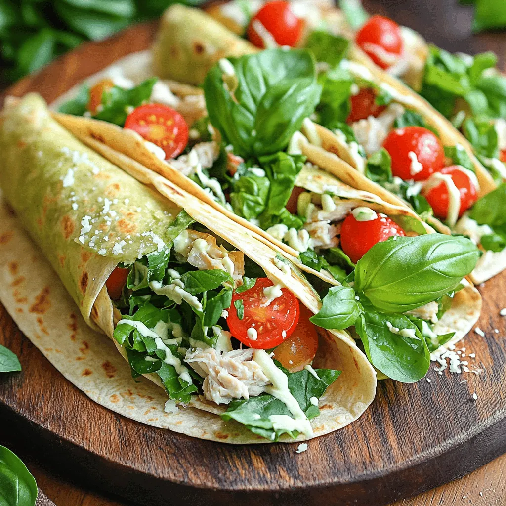 To make easy chicken Caesar salad wraps, you need these main ingredients: - 2 cups cooked chicken breast, shredded or diced - 1 cup romaine lettuce, chopped - 1/2 cup cherry tomatoes, halved - 1/4 cup grated Parmesan cheese - 1/4 cup Caesar dressing - 4 large whole wheat tortillas - Salt and pepper to taste These ingredients come together to create a tasty and healthy meal. You can use leftover chicken or rotisserie chicken to save time. Want to boost the taste? Here are some optional ingredients: - Fresh basil or parsley for garnish - Sliced avocado for creaminess - Croutons for crunch - Extra Parmesan for richness Adding these options can make your wraps even more exciting. They add texture and flavor, making each bite enjoyable. To prepare your wraps, you will need a few simple tools: - A large mixing bowl - A cutting board - A sharp knife - Measuring cups and spoons - A clean surface for wrapping These tools help you mix and wrap your ingredients easily. Having the right tools makes cooking fun and efficient. For the full recipe, check out the recipe section. Start by taking a large bowl. Add 2 cups of cooked chicken. You can use shredded or diced chicken. Next, add 1 cup of chopped romaine lettuce. Toss in 1/2 cup of halved cherry tomatoes. Then, sprinkle in 1/4 cup of grated Parmesan cheese. Pour 1/4 cup of Caesar dressing over the top. Mix it all together gently. Make sure everything gets coated. Finally, season with salt and pepper to taste. Grab a large whole wheat tortilla. Lay it flat on your clean counter. Spoon some of the chicken Caesar salad mix into the center. Be careful not to overfill it. Fold in the sides of the tortilla first. Then, start rolling it from the bottom up. Keep it tight but not too tight. Repeat this for each tortilla until you have four wraps. For a nice touch, slice each wrap in half diagonally. This makes them easy to eat. Arrange the wraps on a serving platter. You can add some fresh basil or parsley for color. It makes the dish look more inviting. You can find the full recipe above for more details on making these tasty wraps. To make the best Chicken Caesar salad wrap, start with warm chicken. It adds flavor and makes the wrap extra tasty. Use fresh romaine for a crunchy bite. Feel free to add more cherry tomatoes if you like. They offer sweetness and color. When mixing, be gentle. You want to keep the chicken in nice pieces. If you want to prep ahead, store the salad mix and wraps separately. This keeps the wraps from getting soggy. You can make the salad mix a day in advance. Just cover it and place it in the fridge. When ready, fill the tortillas and roll them up. They take only a few minutes to make. Pair your wraps with a fresh side salad or some crunchy chips. You can also serve them with a fruit salad for a sweet touch. For drinks, iced tea or a fizzy lemonade works well. These sides make the meal fun and colorful. Enjoy your wraps and feel great about the meal! {{image_2}} You can swap out chicken for other proteins. Try grilled shrimp or turkey for a twist. For a beefy option, use steak strips. You can also add bacon bits for extra flavor. If you want to go lighter, use tofu or tempeh. To make a vegetarian wrap, skip the chicken. Use chickpeas or black beans instead. They add protein and taste great with the Caesar dressing. You can also add avocado for creaminess. Toss in some extra veggies like bell peppers or cucumbers for crunch. You can change the flavor of your wraps by adding different herbs and spices. Try a sprinkle of paprika or garlic powder for a kick. You can also mix in some hot sauce if you like heat. For a unique taste, add sun-dried tomatoes or olives. Don't forget to use the Full Recipe for the basic steps! You can keep leftover wraps in the fridge. Wrap them tightly in plastic wrap or foil. This keeps them fresh and prevents them from drying out. Store them in an airtight container for best results. They will last for up to three days in the fridge. Freezing wraps is a great way to save them for later. First, wrap each one in plastic wrap. Then, place them in a freezer bag. Remove as much air as you can before sealing. You can freeze them for up to three months. Label the bag with the date for easy tracking. To reheat your wraps, you can use a microwave or a skillet. If using a microwave, unwrap the wrap and place it on a plate. Heat for about 30 seconds to 1 minute. Check if it's warm throughout. If using a skillet, place the wrap in a heated pan. Cook each side for about 2-3 minutes until warm. This keeps the tortilla nice and soft. Enjoy your Easy Chicken Caesar Salad Wraps with the Full Recipe for a quick and tasty meal! Yes, you can use store-bought rotisserie chicken. It saves time and adds great flavor. Just shred or chop the chicken. This way, you can focus on making the wraps quickly. Plus, rotisserie chicken is already cooked, so it's perfect for a fast meal. You can try several dressings if you want a change. Ranch dressing works well and adds creaminess. A balsamic vinaigrette gives a tangy taste. You could also use Greek yogurt dressing for a healthy twist. Each choice brings a new flavor to your wraps. You can keep your wraps in the fridge for up to three days. Make sure to store them in an airtight container. This keeps them fresh and safe to eat. If you want to enjoy them later, wrap them tightly in plastic wrap. You now have a clear guide to making tasty Chicken Caesar Salad Wraps. We touched on ingredients, steps, and tips to make your wraps shine. You learned how to store leftovers and even create fun variations. Remember, these wraps are quick and fun to make. They can fit your taste and style. Enjoy experimenting with flavors and textures. You can make them your own! Keep it simple, and happy wrapping!