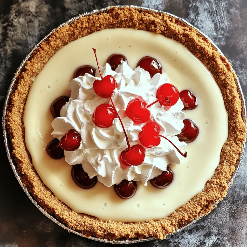 To make a Cream Soda Milkshake Pie, gather these ingredients: - 1 ½ cups crushed graham crackers - ½ cup unsalted butter, melted - 1 cup heavy whipping cream - 1 cup cream soda - 1 cup vanilla ice cream - ½ cup powdered sugar - 1 teaspoon vanilla extract - Whipped cream for topping - Maraschino cherries for garnish Each ingredient plays a key role in making this pie special: - Graham crackers: These create a crunchy, sweet crust that pairs well with the filling. - Unsalted butter: It binds the crust together and adds richness. - Heavy whipping cream: This gives the filling a light and airy texture. - Cream soda: It brings a sweet, fizzy flavor that makes the pie unique. - Vanilla ice cream: It adds creaminess and enhances the vanilla flavor. - Powdered sugar: This sweetens the filling without adding graininess. - Vanilla extract: It boosts the overall flavor profile. - Whipped cream and cherries: These are perfect for topping and adding a fun finish. If you need to make changes, here are some options: - Graham crackers: Use crushed cookies like Oreos or digestive biscuits for a twist. - Butter: Coconut oil or margarine can work as a dairy-free option. - Heavy cream: Use coconut cream for a dairy-free choice. - Cream soda: Try root beer or ginger ale for a different flavor. - Vanilla ice cream: Swap it with a dairy-free ice cream for a vegan dessert. Feel free to get creative with your ingredients! First, preheat your oven to 350°F (175°C). Grab a mixing bowl and add the crushed graham crackers. Pour in the melted butter and mix well. You want it to stick together. Next, press this mixture firmly into a 9-inch pie pan. Make sure it covers the bottom and sides evenly. Bake the crust for about 8-10 minutes. It should turn a light golden color. Once it's baked, take it out and let it cool completely. In a large mixing bowl, beat the heavy whipping cream until you see soft peaks form. In another bowl, mix the cream soda, vanilla ice cream, powdered sugar, and vanilla extract. Stir it well until the mixture is smooth. Now, gently fold the whipped cream into this mixture. Keep folding until you don't see any streaks. This step adds lightness to your filling. Once your filling is ready, pour it into the cooled graham cracker crust. Use a spatula to smooth the top. Place the pie in the freezer for at least 4 hours. This time allows it to set and become firm. Before you serve it, top the pie with whipped cream and add maraschino cherries for a fun garnish. Enjoy this treat with friends and family! For more details, check the Full Recipe. To get the right texture in your pie, pay close attention while mixing. When you fold the whipped cream, do it gently. This helps keep the light and airy texture. If you mix too hard, your filling can turn flat. You want a creamy and fluffy filling. For a fun touch, slice your pie into wedges. Serve each slice with a dollop of whipped cream and a maraschino cherry on top. This adds color and flair. You can also sprinkle some crushed graham crackers on the plate for extra crunch. One mistake is not cooling the crust enough. If you pour the filling into a warm crust, it can melt. Make sure the crust is fully cool before adding the filling. Another mistake is overmixing the cream soda and whipped cream. This can make your filling dense. Follow the Full Recipe closely for best results. {{image_2}} You can play with flavors in your Cream Soda Milkshake Pie. Try adding a splash of cherry or lemon soda for a fun twist. Mixing in a bit of root beer can create a classic float flavor. You can also fold in crushed candy or chocolate chips for extra crunch. Think about using different ice cream flavors, like chocolate or strawberry, to change things up. Each variation brings a new taste! If you need a gluten-free option, use gluten-free graham crackers. Many brands offer great alternatives that taste just as good. For a dairy-free version, try coconut cream instead of heavy whipping cream. You can also use dairy-free ice cream. Make sure your cream soda is dairy-free too. These swaps help everyone enjoy this pie. Seasonal ingredients can add fresh flavors to your pie. In summer, consider adding fresh berries like strawberries or blueberries. They brighten the taste and add color. In fall, pumpkin spice can give a warm, cozy touch. You can also try crushed peppermint candies during the winter holidays. These seasonal twists keep the pie exciting all year long! Store leftover Cream Soda Milkshake Pie in the fridge. Use a tight lid or plastic wrap. This helps keep it fresh and tasty. Make sure to eat the pie within three days. If you have more pie than that, consider freezing it. To freeze the pie, wrap it well in plastic wrap. Then, put it in a freezer-safe container. This keeps the pie from getting ice crystals. When you want to eat it, take it out and let it thaw in the fridge overnight. This method helps keep the texture nice. The pie lasts up to three days in the fridge. After that, it may start to lose flavor. Look for changes in color or smell. If it smells sour or looks off, throw it away. Trust your senses; they guide you well! Yes, you can use a store-bought graham cracker crust. It saves time and works well. Just make sure to check the size so it fits your pie. I recommend the 9-inch crust for this recipe. It takes at least 4 hours for the pie to set in the freezer. If you want it extra firm, leave it longer. Just make sure to cover it to prevent freezer burn. You can use lemon-lime soda or ginger ale as a substitute. Both add a nice fizzy taste. If you want a different flavor, try root beer for a twist. These options keep the fun while changing the taste. Check the sweetness level, too, since it might affect your pie. This blog post has guided you through making a delicious cream soda pie. We covered key ingredients, step-by-step instructions, and tips to get it just right. I also shared tasty variations and storage tips. Remember, it's all about balancing flavors and achieving that perfect texture. Try different twists based on your tastes. Enjoy every bite! Happy baking!