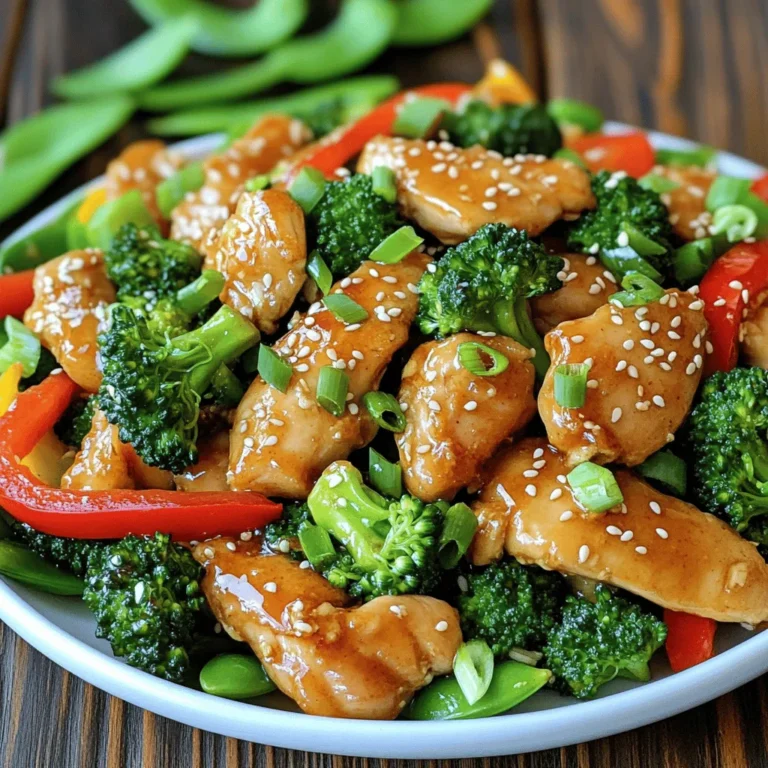 - 1 lb boneless chicken thighs, sliced into strips - 2 tablespoons honey - 3 tablespoons soy sauce - 3 cloves garlic, minced - 1 tablespoon fresh ginger, grated - 2 tablespoons vegetable oil - 1 red bell pepper, sliced - 1 cup broccoli florets - 1 cup snap peas The main ingredients in honey garlic chicken stir fry form the heart of this dish. Boneless chicken thighs give a juicy base and soak up the flavor well. The honey and soy sauce make a sweet and savory blend. The garlic and ginger add depth to the sauce, making it aromatic and tasty. Fresh vegetables like bell pepper, broccoli, and snap peas add color and crunch. - 2 green onions, chopped - Sesame seeds for garnish Garnishing adds a special touch. The green onions give a fresh burst of flavor. Sesame seeds add a nutty crunch and look great on top. These finishing touches make the dish feel complete and inviting. - Salt and pepper to taste - Additional herbs or spices You can adjust the taste with salt and pepper. Feel free to add your favorite herbs or spices. Experimenting with seasonings can give your stir fry a unique twist. Try a pinch of chili flakes for heat or a dash of lemon for brightness. Using fresh, quality ingredients ensures a delicious meal. For the full recipe, click here. To start, slice the chicken into strips. Use boneless, skinless chicken thighs for juiciness. A sharp knife helps make clean cuts. Next, slice the vegetables. Cut the red bell pepper into thin strips. For the broccoli, break it into small florets. Finally, prepare the snap peas by trimming the ends. Now, let’s make the honey garlic sauce. In a small bowl, whisk together the honey, soy sauce, minced garlic, and grated ginger. This sauce gives the stir fry its sweet and savory kick. Set this mix aside while you cook. Heat a large skillet or wok over medium-high heat. Add 1 tablespoon of vegetable oil. Once the oil is hot, add the sliced chicken. Season it with salt and pepper for flavor. Cook for about 5-7 minutes. Stir occasionally to avoid burning. You want the chicken to turn golden brown and cook through. When the chicken looks good, take it out of the skillet. Set it aside on a plate. This helps keep it juicy and tender while you stir-fry the veggies. In the same skillet, add the remaining tablespoon of vegetable oil. Now, toss in the broccoli, bell pepper, and snap peas. Stir-fry the vegetables for about 3-4 minutes. You want them to be tender but still crunchy. This gives a great texture to the dish. Next, return the cooked chicken to the skillet. Pour the honey garlic sauce over the chicken and veggies. Stir everything together. Cook for another 2-3 minutes. This allows the sauce to coat the chicken and vegetables nicely. When everything is hot and mixed well, remove the skillet from the heat. Stir in the chopped green onions for a fresh taste. You can find the full recipe at the beginning if you need more details. Stir-frying is quick and fun. Use a large skillet or wok. Heat your oil well before adding food. This helps the chicken cook evenly. Keep the chicken in a single layer. Don’t crowd the pan. Cook it for about 5 to 7 minutes. You want it golden brown and juicy. To keep your veggies crisp, cook them last. Stir-fry them for just a few minutes. You want a bright color and crunch. Add them after the chicken. This way, they stay fresh and vibrant. The honey garlic sauce is key to this dish. You can adjust the sweetness or saltiness to your taste. If you like it sweeter, add more honey. For saltiness, add a bit more soy sauce. Taste as you go. To thicken the sauce, let it simmer. This helps it coat your chicken and veggies better. You can also mix a little cornstarch with water. Add this mixture to the sauce for a quick thickening trick. For a complete meal, serve this stir fry with rice or noodles. Both soak up the sauce well. You can also try it with quinoa for a healthy twist. Presentation matters! Use a nice bowl. Sprinkle sesame seeds and green onions on top. This makes the dish look colorful and tasty. Enjoy every bite! For the full recipe, check out the section below. {{image_2}} You can switch up the protein in this dish. Try tofu for a vegetarian option. Firm tofu works best. Just press it to remove extra water. Slice it into bite-sized pieces and cook it like chicken. If you prefer shrimp, they are a great choice too. Use medium or large shrimp. Add them to the pan after cooking the garlic for a quick stir-fry. Shrimp cooks fast, so be careful not to overdo it. Feel free to mix in seasonal vegetables. Carrots, zucchini, or snap peas add color and nutrition. You can use what you have on hand. Just make sure to cut the veggies into similar sizes. This helps them cook evenly. If you want to add more greens, bok choy or spinach are great options. Toss them in at the end. They will wilt nicely without losing their bright color. Want a fresh twist? Add citrus! A squeeze of lime or lemon brightens the dish. It adds a zesty flavor that pairs well with honey. You can also try different sauces. Swap soy sauce for teriyaki or hoisin sauce. Each sauce gives a unique taste. Don't hesitate to mix flavors. It's a fun way to make this dish your own. For the full recipe, check out the [Full Recipe]. To store leftover honey garlic chicken stir fry, place it in an airtight container. Make sure it has cooled to room temperature first. This helps keep the food fresh and safe. In the fridge, it lasts for about three to four days. If you want to enjoy it later, this is the best way to keep it tasty. When you reheat your stir fry, I recommend using a skillet or a wok. Heat it on medium until warm. Stir the dish often to keep it from sticking. This method helps retain the nice texture of the chicken and veggies. Avoid using high heat, as that can overcook the chicken. Yes, you can freeze honey garlic chicken stir fry! To freeze it, let it cool down completely. Then, transfer it to freezer-safe bags or containers. Make sure to remove as much air as possible. It can last for up to three months in the freezer. When you’re ready to eat it, thaw it in the fridge overnight. After that, reheat it in a skillet for the best taste. You can find the full recipe [here](Full Recipe). This dish is quick to prepare. The total time is about 30 minutes. You will spend around 15 minutes getting ready. This includes slicing chicken and veggies. Cooking takes another 15 minutes. It is perfect for busy weeknights! Yes, you can use various types of chicken. Boneless, skinless chicken thighs work great. They stay juicy and tender. You can also use chicken breasts if you prefer. Just remember, bone-in chicken takes longer to cook. It’s best to stick with boneless cuts for this stir fry. Pair this stir fry with simple sides. Steamed rice or noodles work well. They soak up the tasty sauce. You can also add a light salad with a citrus dressing. This adds a fresh touch. Another option is to serve with egg rolls for crunch. Enjoying these together makes a lovely meal! In this blog post, we explored how to make a tasty honey garlic chicken stir fry. You learned about the main and garnishing ingredients, plus optional seasonings for added flavor. The step-by-step guide gave you tips for preparing, cooking, and combining chicken and vegetables. Remember to play around with different proteins and vegetables for variety. Follow storage tips to keep leftovers fresh. With practice, you can master this dish and impress your family. Enjoy your cooking adventure!