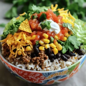 - 1 cup cooked rice (white or brown) - 1 pound ground beef or turkey - 1 packet taco seasoning mix - 1 can (15 oz) black beans, rinsed and drained - 1 cup corn (fresh, frozen, or canned) - 1 cup diced tomatoes (fresh or canned) - 1 cup shredded lettuce - 1 cup shredded cheddar cheese - 1 cup crushed Doritos (any flavor) - 1/2 cup salsa - 1/4 cup sour cream (optional) - Fresh cilantro for garnish (optional) Gather these ingredients to create your Doritos Taco Rice Bowl. The base starts with rice and protein. I often use ground beef, but turkey works well too. Taco seasoning adds the perfect flavor. Next, you have black beans, corn, and diced tomatoes. These ingredients provide color and nutrients. They also add texture to the bowl. You can mix and match based on your pantry. Now, for toppings! Shredded lettuce and cheese bring freshness and creaminess. Crushed Doritos add crunch, which I love. Salsa gives a kick, and sour cream adds richness. Don't forget cilantro for a fresh finish! Check out the Full Recipe to see how to put it all together! - Brown the ground beef or turkey in a skillet. - Drain excess fat if necessary. Cooking the protein is the first step. Put your skillet on medium heat. Once hot, add the ground beef or turkey. Use a wooden spoon to break it apart. Cook until it turns brown. This takes about 7-10 minutes. If there is a lot of fat, drain it. This makes your dish lighter and healthier. - Stir in taco seasoning mix with water. - Simmer until thickened. Next, grab your taco seasoning mix. Add it to the cooked meat along with 2/3 cup of water. Stir well to combine. Let it simmer on low heat for 5-7 minutes. The mix should thicken nicely. This adds rich flavor to your protein. - Mix cooked rice, black beans, corn, and tomatoes. - Ensure flavors are well combined. In a large mixing bowl, combine the cooked rice, black beans, corn, and diced tomatoes. Stir well so all the ingredients blend. This base adds texture and makes the bowl hearty. - Layer the rice mixture in a bowl. - Top with seasoned meat. Now it’s time to build your bowl. Start with a generous scoop of the rice mixture. Give it a nice foundation. Then, top it with the seasoned meat. This creates a balanced base. - Layer on lettuce and cheese. - Drizzle with salsa, add sour cream if desired. Add fresh toppings next. Sprinkle shredded lettuce on top. Then, add shredded cheese. Drizzle salsa over everything. If you like, add a dollop of sour cream. These toppings create freshness and enhance taste. - Sprinkle crushed Doritos on top. - Garnish with fresh cilantro. To finish, grab your crushed Doritos. Sprinkle them on top for a crunchy bite. If you want, garnish with fresh cilantro. This adds a pop of color and flavor. Check out the Full Recipe for more details! - Use leftover rice for quicker preparation. - Adjust the amount of taco seasoning to taste. Using leftover rice makes this dish fast. It cuts down on meal prep time. Just warm it up in the microwave before use. You can also add more taco seasoning. If you love bold flavors, add extra spice. If you prefer milder flavors, use less. - Serve in colorful bowls for visual appeal. - Add lime wedges for added zest. Colorful bowls make the meal fun. They also brighten up your table. Lime wedges add a zesty kick. Squeeze them over your bowl just before eating. This enhances the flavors beautifully. - Offer toppings separately for customization. - Choose milder taco seasoning if preferred. Let kids pick their own toppings. This makes meals exciting for them. You can place toppings in small bowls. For young taste buds, use milder taco seasoning. This way, everyone can enjoy their own version of the dish. {{image_2}} If you want to switch things up, consider using ground turkey or chicken. They are leaner and lower in fat than beef. This change keeps your meal tasty and healthy. If you prefer a vegetarian option, try plant-based meat. It gives you the same great flavors without meat. You can also swap out rice for quinoa. Quinoa is a healthy grain packed with protein. It adds a nutty flavor to your bowl. Another fun idea is to use different beans. Pinto or kidney beans can change the taste and texture. Each bean brings its own unique flavor. For those who love spice, add jalapeños. They give the dish a nice kick. If you want a creamy touch, include slices of avocado. The creaminess balances the crunch of the Doritos. These small changes can elevate your Doritos Taco Rice Bowl. Don't be afraid to experiment! For the full recipe, check out the main article. Store your Doritos Taco Rice Bowl in an airtight container in the fridge. For the best taste, consume it within 3 days. The flavors will stay fresh, and the bowl will remain enjoyable. You can freeze the rice bowl before adding fresh toppings. This way, the toppings stay crisp when you eat it later. To enjoy it after freezing, thaw it overnight in the refrigerator. This helps it reheat evenly. When you're ready to eat, reheat the bowl in the microwave or on the stovetop. If the mixture seems dry, add a splash of water. This keeps it moist and tasty. Enjoy every bite of your flavorful creation! For the full recipe, check the earlier section. To make this dish vegetarian, simply substitute meat with black beans or plant-based meat. Black beans add protein and a rich taste. Plant-based meat gives a similar texture to ground beef. You can use the same taco seasoning for flavor. Yes, you can prepare it ahead of time. Cook the rice and the meat mixture first. Store the rice, meat, and toppings separately. This keeps everything fresh. When ready to eat, just combine and serve. Pair your bowl with a side salad or some tortilla chips. Guacamole adds creaminess and flavor. You can also serve it with salsa for extra zing. These sides make the meal more fun and tasty. Absolutely! Flavored Doritos can add unique taste dimensions. Spicy, cheesy, or ranch flavors work great. They enhance the crunch and flavor of your bowl. Feel free to explore different flavors to find your favorite! For the full recipe, check out the details above. This blog post covers how to make a tasty Doritos Taco Rice Bowl. We discussed essential ingredients, step-by-step cooking instructions, and tips for presentation. You learned about variations and how to store leftovers. In summary, this recipe is easy to customize and fun for all ages. Enjoy the process and share your tasty creations with others!