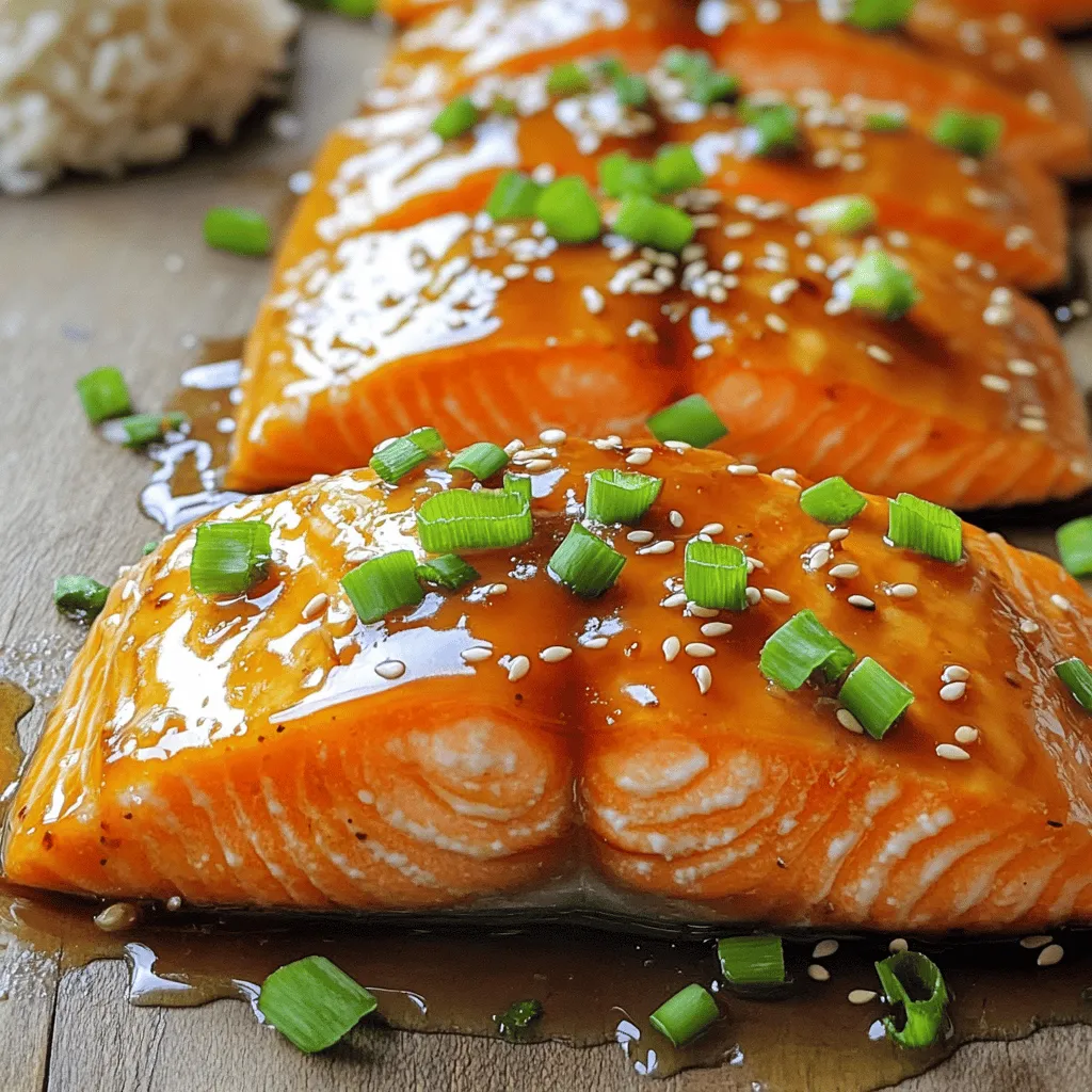 - 4 salmon fillets - 1/4 cup honey - 4 garlic cloves, minced - 2 tablespoons soy sauce - 1 tablespoon Dijon mustard - 1 tablespoon olive oil - 1 teaspoon fresh ginger, grated - Salt and pepper, to taste - 2 green onions, chopped (for garnish) - Sesame seeds (for garnish) The ingredients for honey garlic salmon are simple and fresh. You start with salmon fillets as your main protein. Salmon is rich in omega-3 fatty acids, which are great for heart health and brain function. The honey in this recipe adds a sweet touch. Honey is also known for its health benefits, including its antioxidant properties. You use minced garlic for flavor and health benefits, too. Garlic can boost your immune system and may help lower blood pressure. Soy sauce adds saltiness and depth to the dish. Dijon mustard gives it a nice tang. Olive oil helps keep the salmon moist while cooking. Fresh ginger adds a warm spice note. Finally, green onions and sesame seeds are for garnish, adding a pop of color and crunch. Each serving contains about 250 calories. You’ll get around 25 grams of protein and 10 grams of fat. This dish is not only tasty but also nutritious. Honey and garlic are more than just flavor boosters. Honey has anti-inflammatory properties, while garlic can aid digestion. Together, they make this meal both delicious and good for you. - Baking sheet - Parchment paper (if using) - Small mixing bowl You need just a few items to make this dish. A baking sheet helps to cook the salmon evenly. Parchment paper is optional, but it makes cleanup easy. You’ll also want a small mixing bowl for whisking the marinade. These tools make the cooking process smooth and fun. Plus, they help ensure your honey garlic salmon turns out perfect every time! For the full recipe, be sure to check out the detailed instructions provided. To start, let’s make the marinade. You need to mix honey, minced garlic, soy sauce, Dijon mustard, olive oil, and grated ginger in a small bowl. Whisk it well until it blends smoothly. This mix brings sweet and savory flavors together. For marinating, you can use a resealable bag or a shallow dish. Place the salmon fillets inside and pour the marinade over them. Seal the bag or cover the dish. I recommend marinating for at least 30 minutes. However, 1-2 hours gives even better flavor. Now, let’s move on to baking. Preheat your oven to 400°F (200°C). This step is key for even cooking. Prepare a baking sheet by lining it with parchment paper or lightly greasing it. Next, take the salmon out of the marinade. Let any extra marinade drip off. Place the fillets skin side down on the baking sheet. Drizzle any remaining marinade over the top of the salmon. This adds extra flavor during cooking. To check if your salmon is cooked properly, look for a few signs. The fish should look opaque and flake easily with a fork. The recommended internal temperature for salmon is 145°F (63°C). If you have a food thermometer, use it to ensure it’s perfect. These steps will help you achieve delicious, honey garlic salmon. For the complete recipe and more tips, check out the Full Recipe. To make your honey garlic salmon even tastier, you can add spices. Try adding black pepper or red pepper flakes for a kick. Fresh herbs like parsley or cilantro can add brightness. You can also swap honey for other sweeteners. Maple syrup or agave can give you a different flavor profile. If you want a change from baking, consider grilling or pan-frying. Grilling gives a smoky flavor that’s hard to beat. For pan-frying, heat some oil in a skillet and cook the salmon skin-side down. To get crispy skin, start with a hot pan and don’t move the fish too much. Let it sizzle and form a nice crust. For a stunning plate, serve the salmon on a large platter. Drizzle the cooked honey garlic sauce over the top. Garnish with extra sesame seeds and green onions for color. Pair your salmon with steamed rice or a fresh green salad. This makes a well-rounded meal that looks great on the table. Don't forget to check the Full Recipe for more details! {{image_2}} You can swap out salmon for other proteins. Chicken or tofu works well. If using chicken, cut it into even pieces. Adjust the cooking time to about 20-25 minutes. Tofu needs less time, around 10-12 minutes. Make sure to check for doneness by cutting into the thickest part. Want to spice things up? Add chili flakes for a sweet and spicy twist. You can also try infusing citrus flavors. Squeeze some lemon or lime juice into the marinade. This adds a fresh zing that pairs well with the sweet honey. If you need a gluten-free option, use tamari instead of soy sauce. This keeps the flavors rich without gluten. For dairy-free ideas, enjoy the salmon as is. Pair it with a colorful salad or steamed veggies for a tasty meal. To store leftovers, place the salmon in an airtight container. Make sure it cools to room temperature first. Properly stored, it lasts in the fridge for 3 to 4 days. When you reheat it, check for any off smells or signs of spoilage. If you want to freeze honey garlic salmon, wrap each piece in plastic wrap. Then, place them in a freezer-safe bag. It keeps well for up to 3 months. For best quality, freeze it before cooking. When you’re ready to use it, the best way to thaw is in the fridge overnight. To reheat, place the salmon in the oven at 325°F (163°C). This method helps prevent drying out. Cover the salmon with foil to keep moisture in. Heat for about 10 to 15 minutes. You can also use a microwave, but do it at low power. This way, you maintain the best texture. I suggest marinating the salmon for at least 30 minutes. This gives the fish time to soak up the sweet and savory flavors. For the best taste, try to marinate it for 1-2 hours. You can even marinate it overnight if you want a stronger flavor. Just remember to keep it in the fridge to stay fresh. Yes, you can use frozen salmon! Just make sure to thaw it first. The best way to thaw it is by placing it in the fridge overnight. If you’re short on time, you can use the cold-water method. Place the sealed salmon in a bowl of cold water for about an hour. This method helps keep the fish from getting mushy. Cooking times may change slightly for thawed salmon, so watch it closely as it bakes. I love pairing honey garlic salmon with simple sides. Steamed rice is a great choice. You can also serve it with a fresh green salad. A cucumber and tomato salad works well, too. For drinks, try a crisp white wine or a light beer. These drinks balance the sweet flavors of the salmon, making a complete meal. For the full recipe, check out the main section! This blog post covered making a delicious honey garlic salmon. You learned about the key ingredients, nutritional facts, and cooking tools you’ll need. I offered step-by-step instructions for marinating and baking the salmon to perfection. I also shared tips for enhancing flavors, tried variations, and storage tips. Now, you have all the tools to create a tasty dish. Enjoy experimenting and making it your own. Happy cooking!