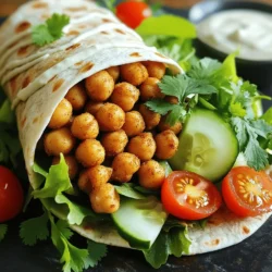 - 1 can (15 oz) chickpeas, drained and rinsed - 1 tablespoon olive oil - 1 teaspoon paprika - 1 teaspoon garlic powder - ½ teaspoon cumin - Salt and pepper to taste - 4 large whole wheat or spinach wraps The base of your Crispy Chickpea Wraps is canned chickpeas. They are easy to use and packed with protein. Olive oil adds a nice touch and helps the spices stick. Spices like paprika, garlic powder, and cumin give the chickpeas great flavor. Don't forget the salt and pepper for taste. You can use whole wheat or spinach wraps depending on your choice. - 1 cup mixed greens (lettuce, spinach, arugula) - ½ cup cherry tomatoes, halved - ½ cucumber, thinly sliced - ¼ cup tahini sauce (or your favorite dressing) - Fresh cilantro or parsley, chopped for garnish (optional) Fresh fillings make your wrap bright and crunchy. I love using mixed greens for a fresh base. Cherry tomatoes add sweetness, while cucumber gives a nice crunch. Tahini sauce or your favorite dressing ties it all together. If you want, sprinkle some fresh herbs on top for extra flair. - Cheese - Avocado - Specialty sauces Want to boost flavor? Add cheese for creaminess. Avocado also gives a rich texture. Specialty sauces can change the whole vibe of your wrap. Try adding different sauces based on your mood. For the full recipe, check out the details. 1. Preheat oven and prepare baking sheet Start by preheating your oven to 400°F (200°C). This helps the chickpeas get crispy. Next, line a baking sheet with parchment paper. This keeps the chickpeas from sticking. 2. Seasoning chickpeas In a medium bowl, add the drained and rinsed chickpeas. Pour in a tablespoon of olive oil. Sprinkle in one teaspoon of paprika, one teaspoon of garlic powder, and half a teaspoon of cumin. Add salt and pepper to taste. Mix well until all the chickpeas are coated. 1. Cooking time and technique Spread the seasoned chickpeas on the baking sheet in a single layer. Bake them in the oven for about 25 to 30 minutes. Stir them halfway through to make sure they cook evenly. 2. Achieving the perfect crispy texture Keep an eye on them. You want them to turn golden and crispy. This is the key to a great wrap. Once they are done, take them out and let them cool slightly. 1. Layering filling ingredients Lay out your whole wheat or spinach wraps on a clean surface. Start by adding a layer of mixed greens in the center. Then, add halved cherry tomatoes and thinly sliced cucumber. 2. Wrapping technique for secure wraps Now, add a generous amount of the crispy chickpeas on top of the veggies. Drizzle tahini sauce or your favorite dressing over everything. If you like, sprinkle chopped cilantro or parsley on top. To wrap it up, fold the sides of the wrap inward. Then, roll it tightly from the bottom to the top. Cut the wrap in half if you want, and serve warm. For the full recipe, you can refer back to the ingredients listed above. Enjoy your flavor-packed and easy meal! How do you avoid sogginess? First, make sure to drain and rinse the chickpeas well. This removes extra starch that can cause them to steam instead of crisp. After rinsing, pat them dry with a towel. Moisture is the enemy of crispiness! For even cooking, spread the chickpeas in a single layer on the baking sheet. Leave space between them. If they’re too close, they’ll steam and not crisp up. Stirring halfway through baking helps them cook evenly too. What are some spice variations? You can play with spices to change the flavor. Try adding cayenne for heat or smoked paprika for depth. A mix of Italian herbs like oregano and basil can add a lovely twist too. What dressings should you use? Tahini sauce is a great choice, but don’t stop there. Ranch or yogurt-based dressings add creaminess. A zesty vinaigrette can brighten the whole wrap. Experiment to find what you love! What sides pair well? Crispy chickpea wraps work well with a simple side salad. You can also serve them with sweet potato fries or a fresh fruit salad. These sides balance the meal. How should you present your wraps? Cut them in half to show off the colorful filling. Arrange them on a nice plate with a small bowl of dressing on the side for dipping. This makes your meal look extra special. For the full recipe, refer to the instructions above to create these delicious wraps! {{image_2}} You can switch up your wraps for fun! If you want gluten-free options, use rice or corn tortillas. They work great and keep the wraps tasty. You can also try flavor-infused wraps. Spinach or tomato wraps add a nice twist. They give extra color and taste to your meal. Crispy Chickpea Wraps are easy to adapt for different diets. For vegan alternatives, just skip any dairy. The chickpeas and veggies provide all the flavor you need. If someone needs nut-free variations, check the dressings. Many sauces are nut-free and still delicious. Always read labels to ensure safety. Add a world of taste to your wraps! For Mediterranean-style adaptations, try feta cheese or olives. They bring a salty kick that pairs well with chickpeas. If you want Asian-inspired enhancements, use hoisin or soy sauce. Add some crunchy cabbage for extra texture and flavor. These tweaks make each wrap unique! For the full recipe, you can check out the Full Recipe section. To keep leftover wraps fresh, use airtight containers. Glass or plastic containers work well. Wraps stay fresh for about 2-3 days in the fridge. After that, they may lose their taste and texture. For the best texture, reheat in an oven or toaster oven. Set it to 350°F (175°C). Heat for about 10 minutes. This method helps restore crispiness. Avoid using a microwave, as it can make the wraps soggy. To freeze wraps, wrap each one in plastic wrap. Then place them in a freezer bag. They can stay frozen for up to 3 months. When ready to eat, thaw them overnight in the fridge. Reheat in the oven for best results. This keeps them crispy and tasty. You can easily make gluten-free wraps by using lettuce leaves or gluten-free tortillas. Lettuce wraps are fresh and light. They let the chickpeas shine. Gluten-free tortillas are a great option too. You can find them in most stores. Just check the label to ensure they are certified gluten-free. Yes, you can use dried chickpeas! Start by soaking them overnight. This softens them and cuts cooking time. After soaking, boil them until tender, about 1-2 hours. Make sure they are fully cooked before seasoning and baking. This method gives you control over the texture and flavor. If you don’t have tahini, try other dressings. Hummus works well for a creamy texture. Greek yogurt adds a tangy flavor. You can also use ranch or vinaigrette for a different taste. Each option brings its own unique flavor to the wraps. Experiment to find what you love best. Crispy Chickpea Wraps stay fresh for about 3 days in the fridge. Store them in an airtight container. Keep the crispy chickpeas separate if possible. This helps prevent sogginess. When ready to eat, just reheat the chickpeas for extra crunch. Absolutely! These wraps are perfect for meal prep. You can make a batch ahead of time. Just store the chickpeas and fillings separately. Assemble the wraps when you are ready to eat. This keeps everything fresh and delicious. You can enjoy them for lunch or dinner throughout the week. For the full recipe, check out the earlier sections! Crispy chickpea wraps offer a tasty and fun way to eat healthy. You learned about the main ingredients, including chickpeas and fresh fillings. We discussed step-by-step instructions to create perfect wraps. Tips and variations help you customize each meal. Final thoughts: Experiment with flavors and enjoy the fun of making these wraps. Each bite can be your personal twist on a classic dish. Get creative and have fun in the kitchen!