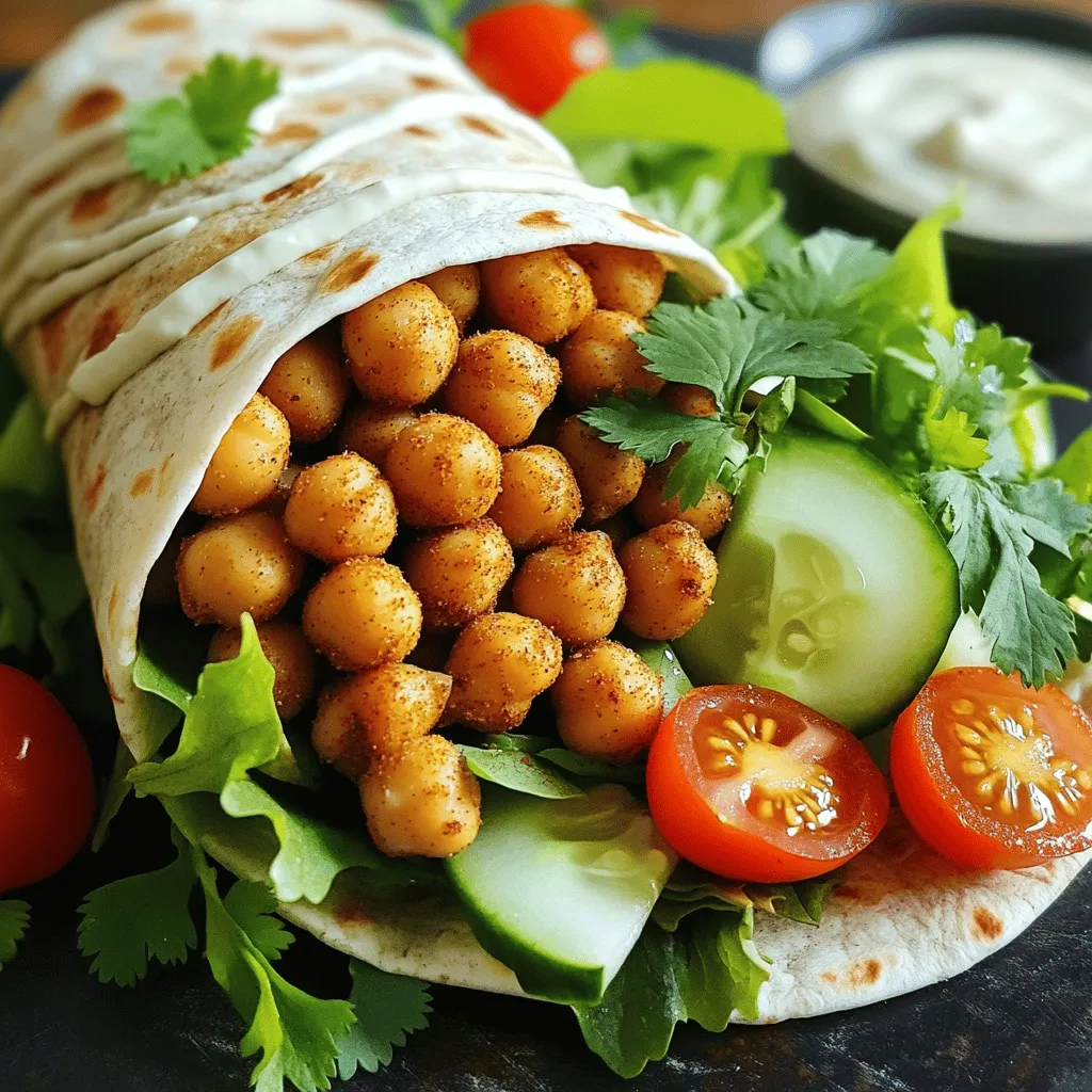 - 1 can (15 oz) chickpeas, drained and rinsed - 1 tablespoon olive oil - 1 teaspoon paprika - 1 teaspoon garlic powder - ½ teaspoon cumin - Salt and pepper to taste - 4 large whole wheat or spinach wraps The base of your Crispy Chickpea Wraps is canned chickpeas. They are easy to use and packed with protein. Olive oil adds a nice touch and helps the spices stick. Spices like paprika, garlic powder, and cumin give the chickpeas great flavor. Don't forget the salt and pepper for taste. You can use whole wheat or spinach wraps depending on your choice. - 1 cup mixed greens (lettuce, spinach, arugula) - ½ cup cherry tomatoes, halved - ½ cucumber, thinly sliced - ¼ cup tahini sauce (or your favorite dressing) - Fresh cilantro or parsley, chopped for garnish (optional) Fresh fillings make your wrap bright and crunchy. I love using mixed greens for a fresh base. Cherry tomatoes add sweetness, while cucumber gives a nice crunch. Tahini sauce or your favorite dressing ties it all together. If you want, sprinkle some fresh herbs on top for extra flair. - Cheese - Avocado - Specialty sauces Want to boost flavor? Add cheese for creaminess. Avocado also gives a rich texture. Specialty sauces can change the whole vibe of your wrap. Try adding different sauces based on your mood. For the full recipe, check out the details. 1. Preheat oven and prepare baking sheet Start by preheating your oven to 400°F (200°C). This helps the chickpeas get crispy. Next, line a baking sheet with parchment paper. This keeps the chickpeas from sticking. 2. Seasoning chickpeas In a medium bowl, add the drained and rinsed chickpeas. Pour in a tablespoon of olive oil. Sprinkle in one teaspoon of paprika, one teaspoon of garlic powder, and half a teaspoon of cumin. Add salt and pepper to taste. Mix well until all the chickpeas are coated. 1. Cooking time and technique Spread the seasoned chickpeas on the baking sheet in a single layer. Bake them in the oven for about 25 to 30 minutes. Stir them halfway through to make sure they cook evenly. 2. Achieving the perfect crispy texture Keep an eye on them. You want them to turn golden and crispy. This is the key to a great wrap. Once they are done, take them out and let them cool slightly. 1. Layering filling ingredients Lay out your whole wheat or spinach wraps on a clean surface. Start by adding a layer of mixed greens in the center. Then, add halved cherry tomatoes and thinly sliced cucumber. 2. Wrapping technique for secure wraps Now, add a generous amount of the crispy chickpeas on top of the veggies. Drizzle tahini sauce or your favorite dressing over everything. If you like, sprinkle chopped cilantro or parsley on top. To wrap it up, fold the sides of the wrap inward. Then, roll it tightly from the bottom to the top. Cut the wrap in half if you want, and serve warm. For the full recipe, you can refer back to the ingredients listed above. Enjoy your flavor-packed and easy meal! How do you avoid sogginess? First, make sure to drain and rinse the chickpeas well. This removes extra starch that can cause them to steam instead of crisp. After rinsing, pat them dry with a towel. Moisture is the enemy of crispiness! For even cooking, spread the chickpeas in a single layer on the baking sheet. Leave space between them. If they’re too close, they’ll steam and not crisp up. Stirring halfway through baking helps them cook evenly too. What are some spice variations? You can play with spices to change the flavor. Try adding cayenne for heat or smoked paprika for depth. A mix of Italian herbs like oregano and basil can add a lovely twist too. What dressings should you use? Tahini sauce is a great choice, but don’t stop there. Ranch or yogurt-based dressings add creaminess. A zesty vinaigrette can brighten the whole wrap. Experiment to find what you love! What sides pair well? Crispy chickpea wraps work well with a simple side salad. You can also serve them with sweet potato fries or a fresh fruit salad. These sides balance the meal. How should you present your wraps? Cut them in half to show off the colorful filling. Arrange them on a nice plate with a small bowl of dressing on the side for dipping. This makes your meal look extra special. For the full recipe, refer to the instructions above to create these delicious wraps! {{image_2}} You can switch up your wraps for fun! If you want gluten-free options, use rice or corn tortillas. They work great and keep the wraps tasty. You can also try flavor-infused wraps. Spinach or tomato wraps add a nice twist. They give extra color and taste to your meal. Crispy Chickpea Wraps are easy to adapt for different diets. For vegan alternatives, just skip any dairy. The chickpeas and veggies provide all the flavor you need. If someone needs nut-free variations, check the dressings. Many sauces are nut-free and still delicious. Always read labels to ensure safety. Add a world of taste to your wraps! For Mediterranean-style adaptations, try feta cheese or olives. They bring a salty kick that pairs well with chickpeas. If you want Asian-inspired enhancements, use hoisin or soy sauce. Add some crunchy cabbage for extra texture and flavor. These tweaks make each wrap unique! For the full recipe, you can check out the Full Recipe section. To keep leftover wraps fresh, use airtight containers. Glass or plastic containers work well. Wraps stay fresh for about 2-3 days in the fridge. After that, they may lose their taste and texture. For the best texture, reheat in an oven or toaster oven. Set it to 350°F (175°C). Heat for about 10 minutes. This method helps restore crispiness. Avoid using a microwave, as it can make the wraps soggy. To freeze wraps, wrap each one in plastic wrap. Then place them in a freezer bag. They can stay frozen for up to 3 months. When ready to eat, thaw them overnight in the fridge. Reheat in the oven for best results. This keeps them crispy and tasty. You can easily make gluten-free wraps by using lettuce leaves or gluten-free tortillas. Lettuce wraps are fresh and light. They let the chickpeas shine. Gluten-free tortillas are a great option too. You can find them in most stores. Just check the label to ensure they are certified gluten-free. Yes, you can use dried chickpeas! Start by soaking them overnight. This softens them and cuts cooking time. After soaking, boil them until tender, about 1-2 hours. Make sure they are fully cooked before seasoning and baking. This method gives you control over the texture and flavor. If you don’t have tahini, try other dressings. Hummus works well for a creamy texture. Greek yogurt adds a tangy flavor. You can also use ranch or vinaigrette for a different taste. Each option brings its own unique flavor to the wraps. Experiment to find what you love best. Crispy Chickpea Wraps stay fresh for about 3 days in the fridge. Store them in an airtight container. Keep the crispy chickpeas separate if possible. This helps prevent sogginess. When ready to eat, just reheat the chickpeas for extra crunch. Absolutely! These wraps are perfect for meal prep. You can make a batch ahead of time. Just store the chickpeas and fillings separately. Assemble the wraps when you are ready to eat. This keeps everything fresh and delicious. You can enjoy them for lunch or dinner throughout the week. For the full recipe, check out the earlier sections! Crispy chickpea wraps offer a tasty and fun way to eat healthy. You learned about the main ingredients, including chickpeas and fresh fillings. We discussed step-by-step instructions to create perfect wraps. Tips and variations help you customize each meal. Final thoughts: Experiment with flavors and enjoy the fun of making these wraps. Each bite can be your personal twist on a classic dish. Get creative and have fun in the kitchen!