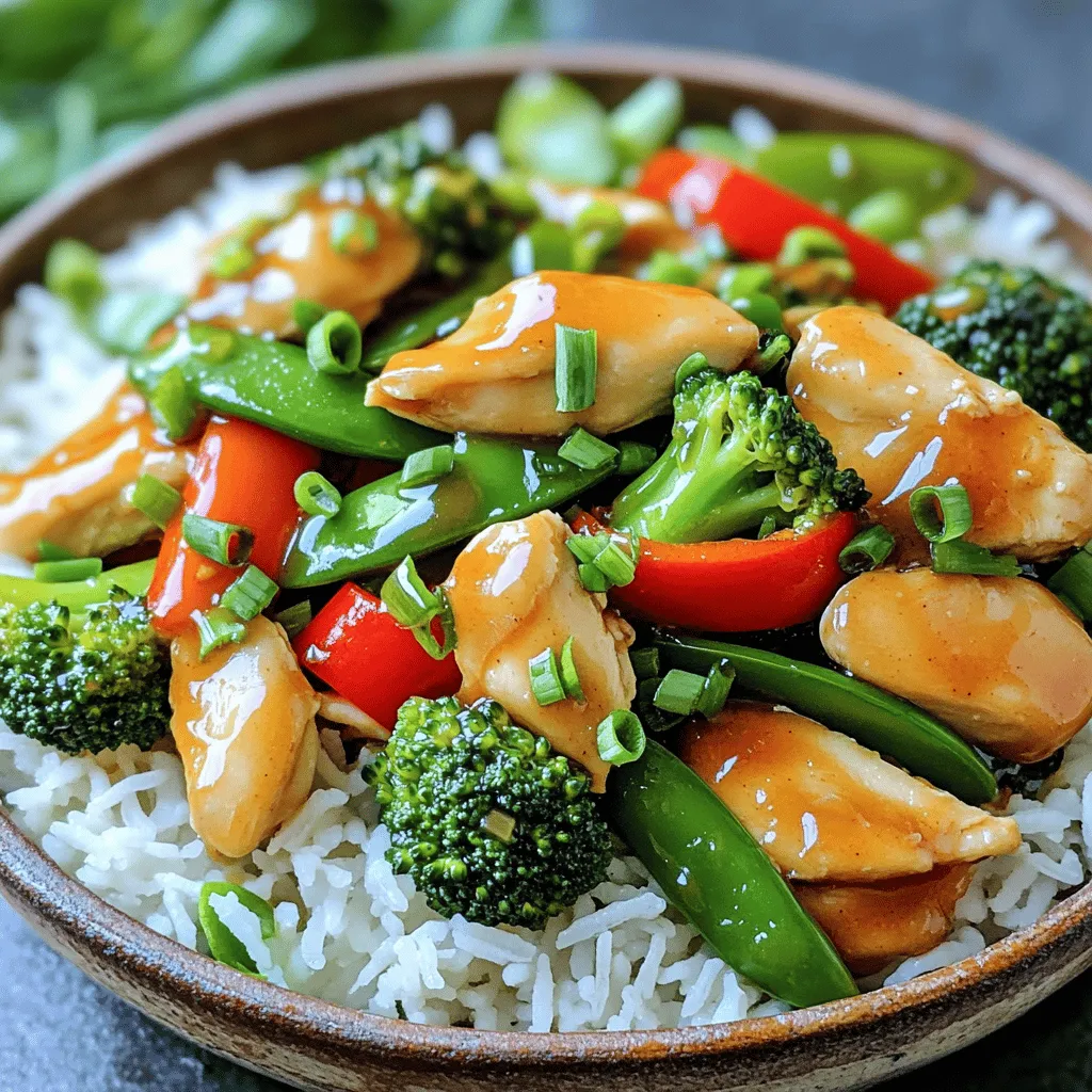 - 1 lb (450g) boneless skinless chicken breasts, thinly sliced - 2 tablespoons honey - 3 cloves garlic, minced - 1 tablespoon ginger, minced For a great Honey Garlic Chicken Stir Fry, start with the chicken. Use boneless, skinless chicken breasts for a tender bite. Slice them thinly to cook quickly and evenly. Honey adds a sweet touch that balances the savory. Garlic and ginger bring a robust flavor. These three ingredients form a tasty base for your dish. - 1 bell pepper (red or yellow), sliced - 1 cup broccoli florets - 1 cup snap peas Next, choose colorful vegetables. A bell pepper, either red or yellow, adds crunch and sweetness. Broccoli florets provide a nice bite and a bright green color. Snap peas add a crisp texture and fresh flavor. Together, these vegetables make your stir fry vibrant and healthy. - 2 tablespoons soy sauce - 1 tablespoon sesame oil - 1 tablespoon cornstarch mixed with 2 tablespoons water (slurry) For flavor, soy sauce is key. It adds saltiness to the dish. Sesame oil gives a nutty aroma and taste. Finally, cornstarch mixed with water thickens the sauce. This makes it cling to the chicken and veggies. These pantry staples complete your Honey Garlic Chicken Stir Fry. For the full recipe, check out the section above. - Marinate the chicken: In a large bowl, mix the sliced chicken, honey, minced garlic, ginger, soy sauce, and a pinch of salt and pepper. Allow this to marinate for at least 15 minutes. This step helps the chicken absorb all the flavors. - Gather all ingredients: Make sure you have everything ready. You will need bell pepper, broccoli, snap peas, and green onions for garnish. Having everything in place makes cooking smooth and fun. - Stir-fry the chicken: Heat sesame oil in a large skillet or wok over medium-high heat. Once hot, add the marinated chicken. Stir-fry for about 5-7 minutes until cooked through and slightly caramelized. The nice sizzle tells you it’s time to add the veggies. - Add vegetables: Toss in the sliced bell pepper, broccoli florets, and snap peas. Stir-fry for another 3-4 minutes. You want the veggies to stay crisp and colorful. They add great texture and nutrition to the dish. - Thicken the sauce: Pour in the cornstarch slurry while stirring continuously. This will thicken the sauce and coat the chicken and vegetables nicely. The sauce should be shiny and sticky, making each bite delicious. - Garnish with green onions: Turn off the heat and sprinkle chopped green onions over the stir-fry. This adds a fresh flavor and a pop of color. - Serve options: Serve the Honey Garlic Chicken Stir Fry hot over cooked jasmine rice or noodles. This meal is both simple and flavorful, perfect for any night. Check out the Full Recipe for more details! Marinate the chicken for at least 15 minutes. This helps the chicken absorb all the flavors. You can enhance the flavor by adding a splash of lime juice or a sprinkle of red pepper flakes. These small changes make a big difference. For perfect stir-frying, make sure your skillet or wok is hot. This allows the chicken to sear well, locking in juices. Stir the chicken often to ensure even cooking. Avoid overcooking by checking the chicken's color; it should look golden brown. Pair your Honey Garlic Chicken Stir Fry with jasmine rice or your favorite noodles. Both create a great base for the savory sauce. Garnish with chopped green onions or sesame seeds for added crunch and flavor. This simple touch makes each bite even better. For more details, check the Full Recipe. {{image_2}} You can switch chicken for beef or shrimp. Beef gives a rich flavor. Use thin strips for quick cooking. Shrimp cooks fast and adds a nice texture. For a vegetarian option, try tofu or tempeh. Both soak up flavors well. Press tofu before cooking to remove extra water. This helps it crisp up nicely. Feel free to mix in seasonal vegetables. Carrots, zucchini, or mushrooms work great. These add color and flavor to the dish. You can customize your stir fry with your favorites. Just chop them into even pieces. This way, they cook at the same speed. Want some heat? Add red pepper flakes or sriracha. This gives your stir fry a spicy kick. If you need a low-sodium option, use low-sodium soy sauce. It keeps the flavor while cutting salt. You can also mix in fresh lime juice for extra zing. For the full recipe, check out the complete guide. To store leftovers, let the Honey Garlic Chicken Stir Fry cool first. Place it in an airtight container. This keeps the dish fresh for you. I recommend using glass or BPA-free plastic containers. These containers seal tightly and help prevent spills. For reheating, the best method is the stovetop. Heat a pan over medium heat. Add a splash of water or broth to keep it moist. Stir often to ensure even heating. If you use a microwave, cover it to lock in steam. This helps keep the chicken juicy and the veggies crisp. Yes, you can freeze Honey Garlic Chicken Stir Fry! Just store it in freezer-safe containers. Make sure to leave some space for expansion. For thawing, place the container in the fridge overnight. If you’re in a hurry, you can use the microwave. Just be careful not to cook it too long. You can serve Honey Garlic Chicken Stir Fry with several tasty options. Some great choices include: - Cooked jasmine rice - Noodles (like udon or rice noodles) - Quinoa for a healthy twist - A fresh salad on the side These sides help balance the sweet and savory flavors of the stir fry. Yes, you can make this recipe ahead of time. Marinate the chicken and chop veggies a day before. Store them in the fridge. When you’re ready, just stir-fry everything together. This saves time during busy days. Leftovers from Honey Garlic Chicken Stir Fry last about 3 to 4 days in the refrigerator. Be sure to store them in an airtight container. - Tips to maintain freshness: - Cool the dish before placing it in the fridge. - Avoid leaving it out at room temperature for long. - Label the container with the date to track freshness. If you need a soy sauce substitute, try these options: - Tamari for a gluten-free option - Coconut aminos for a soy-free flavor - Liquid aminos for a similar taste These substitutes still give you that rich umami flavor in your dish. For the full recipe, check out the notes above. This Honey Garlic Chicken Stir Fry recipe offers a quick, tasty meal. We started with key ingredients such as chicken, honey, garlic, and fresh veggies. The step-by-step instructions help you stir-fry like a pro. Our tips ensure your dish is full of flavor and not overcooked. You can even mix it up with different proteins or veggies. Make sure to store leftovers properly and enjoy them later. Remember, cooking should be fun, so explore your options and make this dish your own!