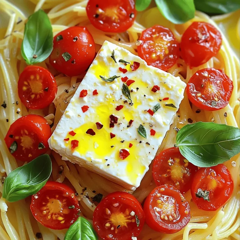 To create this dish, you need three main items: - Block of feta cheese - Cherry tomatoes - Garlic and spices The block of feta cheese is the star. It becomes creamy and rich when baked. Cherry tomatoes add sweetness and color. Garlic brings a strong, savory taste that enhances the dish. Using simple spices like oregano and red pepper flakes adds depth to the flavor. Next, gather your cooking essentials: - Olive oil - Pasta variety - Fresh herbs and garnishing option Olive oil helps the flavors blend and adds richness. You can choose any pasta you like, such as penne or spaghetti. Fresh herbs, like basil, give a bright finish and make the dish look pretty. You can make this dish even better with optional add-ins: - Recommended vegetables - Protein options (chicken, shrimp, etc.) Adding vegetables like spinach or bell peppers can boost nutrition. You can also include proteins, such as chicken or shrimp, for extra heartiness. These add-ins make the meal more filling and satisfying, allowing for greater customization. For the full recipe, check out the Baked Feta Pasta Delight. First, preheat your oven to 400°F (200°C). This step is key. It helps the feta and tomatoes cook just right. Next, grab a 9x13 inch baking dish. Place the block of feta cheese right in the center. Then, surround it with the halved cherry tomatoes. Now, let's mix the flavors. In a small bowl, combine 3 minced garlic cloves, 1 teaspoon of dried oregano, 1 teaspoon of red pepper flakes, and 2 tablespoons of olive oil. Add salt and pepper to taste. Pour this tasty mix over the feta and tomatoes. Now, it’s time to bake! Place the dish in the oven and bake for about 25 to 30 minutes. You want the feta to get soft and the tomatoes to blister. Keep an eye on it. The cheese should look creamy and the tomatoes should be juicy. The smell will fill your kitchen. That’s how you know it's close to done. When baking is done, take the dish out of the oven. Use a fork to blend the feta and tomatoes together. It should look creamy. Now, cook 300g of pasta until al dente, following package instructions. Reserve about 1 cup of the pasta water, then drain the rest. Add the cooked pasta to the baking dish and toss it all together. If the sauce is too thick, sprinkle in some reserved pasta water. This helps achieve the right consistency. Serve hot, and don’t forget to add fresh basil leaves on top! For an extra zing, you can also sprinkle some lemon zest. Enjoy your Baked Feta Pasta! For the complete recipe, check the Full Recipe. When you cook the pasta, always save some pasta water. This starchy water helps the sauce cling better to the pasta. It also adds extra flavor and creaminess. For cooking times: - Penne usually takes around 11-13 minutes. - Fusilli cooks in about 8-10 minutes. - Spaghetti takes 8-10 minutes as well. Make sure to check the package instructions for the best results. To make this dish your own, adjust the spices to your liking. If you love heat, add more red pepper flakes. For a fresh taste, add more oregano. To enhance the creaminess of the sauce, you can mix in a splash of heavy cream or cream cheese. This will make the sauce rich and smooth. You can also add a bit of the reserved pasta water if you want a thinner sauce. Baked feta pasta pairs well with a simple salad. A light arugula salad or a Greek salad works great. You can also serve it with crusty bread for a complete meal. For presentation, serve the pasta in a large bowl. Top with fresh basil leaves and a sprinkle of lemon zest for color. This makes your dish look beautiful and inviting. {{image_2}} You can make baked feta pasta even more colorful and tasty. Try adding seasonal vegetables to the mix. Seasonal veggies like zucchini, bell peppers, or spinach work well. Just chop them up and toss them in with the tomatoes. You can also use other cheeses. Swap feta for goat cheese or a creamy ricotta. These cheeses can add a different flavor and texture to your dish. If you want more protein, add chicken or shrimp. Cook the chicken in a pan until it's golden. For shrimp, just toss them in the baking dish with the feta and tomatoes. Both options cook quickly and add a nice touch to the pasta. To easily incorporate proteins, cook them separately first. Then mix them in after baking. This keeps the flavors fresh and bright. You can boost the flavor by experimenting with herbs. Fresh thyme, rosemary, or parsley can add a lovely twist. Just sprinkle them on top before serving. Adding citrus is another great way to enhance the dish. A squeeze of lemon juice or some zest can brighten up the creamy sauce. Other seasonings like paprika or balsamic vinegar can also add depth. These variations make baked feta pasta fun and unique. You can mix and match to find your favorite combination! For the complete recipe, check out the [Full Recipe]. To keep your Baked Feta Pasta fresh, cool it to room temperature. Then, place it in an airtight container. This method helps avoid moisture loss. Glass containers work well, as they don't absorb odors. If you plan to eat it later, store it in the fridge. When you're ready to enjoy the leftovers, use the oven or a skillet. These methods help keep the pasta's texture. If you use the oven, preheat it to 350°F (175°C). Cover the dish with foil to avoid drying out the pasta. Heat for about 15-20 minutes. In a skillet, add a splash of water or olive oil to the pan. Stir gently until warmed through. If the sauce thickens, add a bit of reserved pasta water to refresh it. Leftovers can last in the fridge for about 3-5 days. Always check for signs of spoilage. If you see mold or smell something off, throw it out. Freshness matters for taste and health. Enjoy your Baked Feta Pasta knowing you stored it well! To make Baked Feta Pasta vegan, you can replace the feta cheese with plant-based cheese. Look for brands that mimic feta's tangy flavor. You can also use tofu, crumbled and marinated in lemon juice and herbs for added flavor. For pasta, choose gluten-free or whole grain options if desired. Yes, you can use various cheeses. Try goat cheese for a tangy twist or mozzarella for creaminess. Ricotta adds a smooth texture, while vegan cheese can provide a dairy-free option. Each type gives a unique flavor, so feel free to experiment. Pair Baked Feta Pasta with a fresh salad or garlic bread. A simple arugula salad with lemon vinaigrette complements the dish well. Roasted vegetables, like zucchini or bell peppers, can also enhance the meal. To prevent mushy pasta, cook it al dente according to package directions. Reserve some pasta water before draining. It helps to adjust the sauce's consistency later. Avoid overcooking and mix the pasta with the sauce gently for the best texture. Baked feta pasta is simple and tasty. You start with a block of feta, cherry tomatoes, and garlic. We discussed how to prepare and bake these ingredients for a delightful dish. I shared tips for cooking pasta and enhancing flavors. You can customize it with proteins or veggies too. Remember to store leftovers properly and enjoy them later. This dish is fun to make and easy to serve. Try experimenting and make it your own!