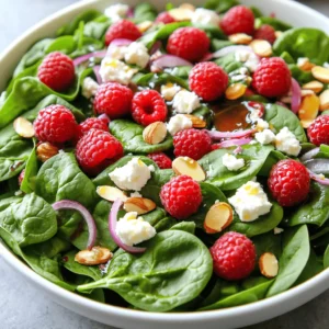 - 6 cups fresh spinach - 1 cup fresh raspberries - 1/2 cup crumbled feta cheese - 1/4 cup sliced almonds The heart of this salad starts with fresh spinach. I love using baby spinach for its tender leaves. It adds a nice crunch and a bright green color. Next, I add fresh raspberries. They bring a sweet and tart flavor that dances on your tongue. Crumbled feta cheese adds a creamy texture and a salty kick. Finally, I sprinkle in sliced almonds for a delightful crunch. - 1/4 cup extra virgin olive oil - 2 tablespoons honey - 1 tablespoon balsamic vinegar - Salt and pepper to taste For the dressing, I use extra virgin olive oil. It has a rich flavor that blends well with the other ingredients. Honey adds a touch of sweetness that balances the salad. Balsamic vinegar gives a tangy note that brightens the dish. I always finish with salt and pepper to enhance the flavors. - Extra seeds or nuts - Other cheese options - Fresh herbs for garnish Feeling creative? You can add extra seeds or nuts for more crunch. Try different cheese options like goat cheese or blue cheese. Fresh herbs like basil or mint can bring a new layer of flavor. These small changes can make your salad even more exciting. For the full recipe, check out the complete guide. To start, grab a large mixing bowl. Add 6 cups of fresh spinach. Make sure the spinach is washed and dried well. This step is key for a crisp salad. Next, gently fold in 1 cup of fresh raspberries. Be careful not to crush them. Their flavor adds a sweet burst in every bite. Now, let's make a simple honey balsamic dressing. Take a small bowl, and whisk together 1/4 cup of extra virgin olive oil, 2 tablespoons of honey, and 1 tablespoon of balsamic vinegar. Add a pinch of salt and pepper to taste. This dressing brings a nice balance of sweet and tangy. Drizzle it over the salad. Toss gently until all the ingredients are coated. For an appealing look, sprinkle 1/2 cup of crumbled feta cheese and 1/4 cup of toasted sliced almonds on top. You can also add 1/4 of a thinly sliced red onion for a little sharpness. Allow the salad to sit for a few minutes. This lets the flavors meld together beautifully. For a stunning presentation, garnish with a few whole raspberries and an extra sprinkle of feta. Enjoy your Raspberry Spinach Salad Fresh and Simple Delight! For the complete method, check the Full Recipe. To make a great raspberry spinach salad, start with ripe raspberries. Look for berries that are bright in color and firm to the touch. Avoid any that are mushy or dull. If you can, smell them. They should have a sweet berry scent. Next, find the freshest spinach. Look for deep green leaves that are crisp and tender. Avoid spinach with yellow spots or wilting. If possible, buy organic spinach. It often has better flavor and quality. For the dressing, you can adjust sweetness with honey. Start with two tablespoons of honey. Taste the dressing and add more if you want it sweeter. Honey adds a nice touch to the tangy salad. Then, balance acidity with balsamic vinegar. One tablespoon usually works well. But if you like more tang, feel free to add a little more. The vinegar should enhance the flavors, not overpower them. Serve your salad in a large bowl or plate. This gives it room to shine. For portions, aim for about two cups per serving. It’s a great side dish or a light meal. To make it a full meal, pair the salad with protein. Grilled chicken or shrimp works well. For a vegetarian option, try adding chickpeas or grilled tofu. Each adds flavor and makes the salad more filling. For the full recipe, check out the detailed instructions above! {{image_2}} You can change the taste of your raspberry spinach salad with seasonal fruits. In spring, add strawberries for a fresh twist. Their sweetness pairs well with raspberries and gives you more flavor. Just slice them up and mix them in. In the fall, think about adding apples and nuts. Crunchy apples give a nice bite. Nuts like walnuts or pecans add a rich taste and texture. These changes make the salad fit the season while keeping it yummy. If you want a vegetarian salad, that's easy! You can swap feta cheese for a vegetarian option. Look for brands that use plant-based ingredients. They still give you that creamy taste without dairy. For a vegan salad, skip the honey in the dressing. Instead, use maple syrup or agave nectar. These sweeteners work well and keep your salad plant-based. You can also explore vegan cheese to keep it creamy and delightful. To make your salad low-carb, you can change some of the veggies. Try using mixed greens or arugula instead of spinach. These options are lower in carbs but still tasty. For dressings, look for low-carb versions. You can mix olive oil with vinegar and herbs for a fresh taste. This way, you still enjoy your salad while sticking to your keto plan. To keep your raspberry spinach salad fresh, store it in the fridge. Use an airtight container to seal in the flavors. Try to eat the salad within two days for the best taste. For leftovers, if the salad has dressing, it's best to eat it soon. If you have undressed salad, you can keep it longer. Just store the dressing separately. If you want to prepare in advance, consider freezing some components. Spinach and raspberries can freeze well. However, the salad won’t taste as fresh after thawing. It’s better to freeze only the spinach and raspberries if you plan to use them later. Prepare your salad in small batches for meal prep. This way, you can grab a quick meal anytime. Always check the freshness of your ingredients. Look for wilted spinach or mushy raspberries. If the salad smells sour or off, it’s time to toss it. Discard leftovers if they sit in the fridge for more than two days. Keeping your salad fresh means less waste and more joy. Enjoy the vibrant flavors of your raspberry spinach salad! To make the salad less sweet, you can adjust the honey levels. Start with less honey than the recipe calls for. You can always add more if needed. Another option is to substitute the honey with vinegar or citrus. This adds a tangy flavor and cuts down the sweetness. Yes, you can make this salad ahead of time. For best results, mix the salad base and store the dressing separately. This keeps the salad fresh and crisp. If you want single-serving storage, use small containers. Layer the spinach and toppings, then add the dressing just before eating. For protein pairings, chicken or turkey works great. Grilled or roasted chicken adds a nice touch. If you prefer plant-based options, try chickpeas or quinoa. Both options complement the salad well and add nutrition. This blog post helps you create a delicious salad with fresh and pantry ingredients. You learned to prepare the base, dress the salad, and add final touches for a great look. We also covered tips for picking fresh ingredients, variations to enjoy every season, and how to store your salad. Experiment with your ingredients and make this salad your own. A fresh salad can be simple yet satisfying. Try new things to delight your taste buds!
