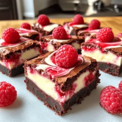 - 1 cup unsalted butter, melted - 2 cups granulated sugar - 4 large eggs - 1 teaspoon vanilla extract - 1 cup all-purpose flour - 1/2 cup unsweetened cocoa powder - 1/2 teaspoon salt - 8 oz cream cheese, softened - 1/2 cup powdered sugar - 1/2 cup fresh raspberries (plus extra for garnish) Choosing the best quality cream cheese I prefer using full-fat cream cheese. It gives the cheesecake a rich texture. Look for brands that have no added stabilizers. This will enhance the creaminess in your brownies. Alternatives for unsalted butter If you need a substitute for unsalted butter, use coconut oil. It melts well and adds a slight flavor. You can also use margarine, but check for quality. Fresh vs. frozen raspberries Fresh raspberries are best for this recipe. They add bright flavor and a nice texture. If fresh is not an option, you can use frozen raspberries. Just thaw and drain them before adding to the batter. For the full recipe, check the details above. First, preheat your oven to 350°F (175°C). This helps the brownies bake evenly. Next, prepare a 9x13-inch baking pan. You can grease it with butter or oil. Alternatively, line it with parchment paper for easy removal later. Now, let’s measure and melt the butter. You need 1 cup of unsalted butter. Place it in a microwave-safe bowl. Heat it in short bursts, checking often. Be careful not to let it bubble too much. Once melted, let it cool slightly before using. In a large bowl, combine the melted butter and 2 cups of granulated sugar. Whisk them together until they blend well. Next, add 4 large eggs, one at a time. Mix well after each one. Stir in 1 teaspoon of vanilla extract. In another bowl, sift together 1 cup of all-purpose flour, 1/2 cup of unsweetened cocoa powder, and 1/2 teaspoon of salt. Gradually add these dry ingredients to the wet mixture. Mix until just combined. Be careful not to overmix, as this can make the brownies tough. Spread half of the brownie batter evenly into your prepared pan. Now, let’s make the cream cheese layer. In a separate bowl, beat 8 oz of softened cream cheese with 1/2 cup of powdered sugar until smooth. Drop spoonfuls of this cream cheese mixture over the brownie batter. Next, add 1/2 cup of fresh raspberries on top. Use a knife or toothpick to swirl the cream cheese and raspberries into the brownie batter. Be gentle; you want to keep some of the layers separate. Pour the remaining brownie batter over the top. Spread it evenly to cover the cream cheese and raspberries. Bake your brownies for 30-35 minutes. To check for doneness, insert a toothpick into the center. It should come out with a few moist crumbs, not wet batter. If you see wet batter, bake for a few more minutes. Once done, let the brownies cool in the pan for at least 15 minutes. Then, use the parchment paper to lift them out. Let them cool completely on a wire rack before cutting them into squares. Enjoy these rich, raspberry cheesecake brownies! You can find the full recipe above. To get that ideal chewy texture, I recommend using room temperature eggs. This helps the batter mix well. Also, do not overmix the batter. Mix just until combined. This keeps the brownies soft and chewy. Common brownie mistakes often start with the oven. Always preheat your oven first. If it’s not hot enough, your brownies can bake unevenly. Another tip is to check for doneness with a toothpick. You want a few moist crumbs, not wet batter. For swirling the cream cheese, use a knife or toothpick. Start at one edge and pull through the batter in a gentle motion. This creates lovely swirls without overmixing. When adding raspberries, place them on top of the cream cheese. Then swirl again lightly. This keeps the raspberries intact and adds beauty to your brownies. You’ll love the way they look! Pair your brownies with a scoop of vanilla ice cream. The cold ice cream contrasts nicely with the rich brownies. You can also add a drizzle of chocolate sauce for extra sweetness. For plating, I like to cut brownies into squares and stack them. Top with fresh raspberries for a colorful touch. A dusting of powdered sugar adds a nice finish. Explore these ideas to impress your guests! For the complete recipe, check out the Full Recipe. {{image_2}} You can make these brownies even more special. Try adding chocolate chips for extra richness. Dark or white chocolate both work well. You can also mix in nuts for a nice crunch. Walnuts or pecans are great choices. Adjust the raspberry amounts, too. If you love them, add a bit more. Just make sure the brownie base can hold them well. Need a gluten-free option? Swap the all-purpose flour for a gluten-free blend. This change keeps the texture nice and chewy. If you want a vegan version, use flax eggs instead of regular eggs. You can also replace cream cheese with a plant-based alternative. Both options keep the taste delicious and satisfying. Want to try something different? Use other fruits like strawberries or blueberries. Each fruit gives a fresh twist to the brownies. You can also create holiday-themed versions. For example, add peppermint extract for a festive treat. Top with crushed candy canes during winter holidays for a fun crunch. These variations keep your dessert exciting all year long. To keep your brownies fresh, store them in an airtight container. This helps prevent them from drying out. You can keep them in the fridge for up to a week. Just make sure they are wrapped well to avoid absorbing any fridge odors. If you want to freeze them, cut the brownies into squares first. Wrap each piece in plastic wrap, then place them in a freezer bag. This way, they stay fresh for about three months. When you want to enjoy one, just thaw it in the fridge overnight. To reheat brownies without losing moisture, use the microwave. Place a brownie on a plate and cover it with a damp paper towel. Heat it for about 10 to 15 seconds. This method keeps them soft and gooey. You can also use the oven. Preheat it to 350°F. Place the brownies on a baking sheet and warm them for about 5 to 10 minutes. This will help revive their texture. Brownies can last for up to a week in the fridge. If stored at room temperature, they are best enjoyed within four to five days. After that, they may start to dry out or lose flavor. If you freeze them, you can keep them fresh for about three months. Just remember to wrap them well so they don’t get freezer burn. Enjoy your Raspberry Cheesecake Brownies while they are fresh to savor their rich taste! To check if your brownies are done, use a toothpick. Insert it into the center. If it comes out with a few moist crumbs, they are ready. If it comes out wet, they need more time. Be careful not to overbake. Overbaking makes them dry. I recommend checking at the 30-minute mark. Every oven is different, so adjust as needed. Yes, you can substitute some ingredients. Here are common swaps: - Unsalted butter can be replaced with coconut oil. - Granulated sugar can be swapped with brown sugar for a richer taste. - Cream cheese can be substituted with Greek yogurt for a lighter option. - Fresh raspberries can be replaced with frozen ones, but drain them first. To cut brownies cleanly, use a sharp knife. First, let them cool completely. Dip the knife in hot water, then wipe it dry. This helps create smooth cuts. Make straight cuts, and avoid sawing back and forth. For perfect squares, mark where you want to cut before slicing. Yes, you can make these brownies ahead of time. Bake them and let them cool completely. Once cool, cover them with plastic wrap or foil. They can stay at room temperature for up to three days. For longer storage, refrigerate them for up to a week. You can also freeze them for up to three months. Pair these brownies with a scoop of vanilla ice cream. The cold ice cream balances the rich flavors. You can also serve them with a glass of milk or coffee. For a fun twist, try a raspberry sauce drizzle on top. This adds a fresh touch and enhances the raspberry flavor. For the full recipe, check out the Raspberry Cheesecake Brownies section. Raspberry cheesecake brownies combine rich chocolate and fresh berries for delight. We discussed ingredients, steps, and tips to create the perfect treat. Remember to swirl the cream cheese and raspberries for a pleasing look. Try different flavors and dietary options to suit your taste. Store your brownies properly for freshness, and enjoy them with your favorite drinks. With these easy steps and tips, you’ll make them like a pro. Now, it's time to bake and treat yourself!