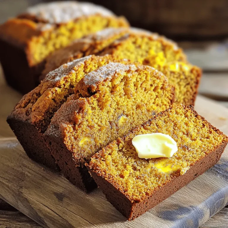 For the perfect pumpkin spice banana bread, gather these ingredients: - 1 ½ cups ripe bananas, mashed (about 3 medium bananas) - 1 cup pumpkin puree - ½ cup neutral oil (such as canola or grapeseed) - ½ cup brown sugar - ½ cup granulated sugar - 2 large eggs - 1 teaspoon vanilla extract - 1 ½ cups all-purpose flour - 1 teaspoon baking soda - 1 teaspoon baking powder - 1 teaspoon ground cinnamon - ½ teaspoon ground nutmeg - ½ teaspoon ground ginger - ¼ teaspoon ground cloves - ½ teaspoon salt - Optional: ½ cup chopped walnuts or pecans - Optional: ½ cup chocolate chips Each ingredient plays a key role in building flavors. The ripe bananas add natural sweetness and moisture. Pumpkin puree brings a rich texture and earthy taste. The mix of spices gives warmth, making it cozy and comforting. You can also add nuts or chocolate chips for extra crunch and sweetness. The Full Recipe helps you create this delightful treat in your own kitchen. Enjoy the process! 1. Preheat the oven and prepare the loaf pan. Set your oven to 350°F (175°C). Grease a 9x5 inch loaf pan, or use parchment paper for easy removal. 2. Combine wet ingredients in a mixing bowl. In a large bowl, mash 1 ½ cups of ripe bananas, about 3 medium ones. Add 1 cup of pumpkin puree, ½ cup of neutral oil, ½ cup of brown sugar, ½ cup of granulated sugar, 2 large eggs, and 1 teaspoon of vanilla extract. Mix until smooth. 3. Mix dry ingredients in a separate bowl. In another bowl, whisk together 1 ½ cups of all-purpose flour, 1 teaspoon of baking soda, 1 teaspoon of baking powder, 1 teaspoon of ground cinnamon, ½ teaspoon of ground nutmeg, ½ teaspoon of ground ginger, ¼ teaspoon of ground cloves, and ½ teaspoon of salt. 1. Combine wet and dry ingredients carefully. Gradually add the dry mix to the wet mix. Stir gently until just combined. It’s fine to have a few lumps. 2. Fold in optional mix-ins. If you like, gently mix in ½ cup of chopped walnuts or pecans and ½ cup of chocolate chips. 3. Pour batter into the loaf pan and bake. Spread the batter evenly in the pan. Bake for 60 to 70 minutes. Check for doneness with a toothpick. It should come out clean. 1. Check doneness with a toothpick. Insert a toothpick in the center. If it comes out clean, your bread is ready. 2. Cooling time and transferring to a wire rack. Remove the bread from the oven and let it cool in the pan for 10 minutes. Then, transfer it to a wire rack to cool completely. You can find the full recipe above for all the details. Enjoy making this cozy treat! - Measuring ingredients accurately: Use measuring cups and spoons for best results. Level off dry ingredients with a knife for precision. Too much flour can make the bread dense. - Avoiding overmixing the batter: Mix wet and dry ingredients until just combined. Lumps are okay! Overmixing makes the bread tough. - Best ways to serve pumpkin spice banana bread: Slice the warm bread and serve it fresh. It’s tasty on its own but even better with toppings. - Topping ideas: Spread a pat of butter on each slice for richness. A sprinkle of cinnamon sugar adds a sweet touch. Try drizzling honey or maple syrup for extra flavor. - Overbaking or underbaking: Watch the time closely. Insert a toothpick into the center to check doneness. If it comes out clean, the bread is ready. - Ingredient substitution pitfalls: Stick to the recipe for best results. Substituting can change the texture and taste. For example, using too much oil may make it greasy. Follow these tips to make your pumpkin spice banana bread a hit! You can find the full recipe for this cozy delight in the earlier section. {{image_2}} You can play with the spices in pumpkin spice banana bread. Try adding cardamom for a warm twist. You can also use different sugars. Coconut sugar can give a nice caramel taste. These changes will make your bread unique and exciting. If you need gluten-free options, try almond or oat flour. Both will keep the bread soft and tasty. For a vegan version, replace eggs with flax eggs. Use applesauce instead of oil for moisture. These swaps make the recipe friendly for many diets. Serving ideas can make your bread stand out. Slice it into thick pieces and serve warm. You can add a pat of butter or a sprinkle of cinnamon sugar on top. For a fun garnish, try pumpkin seeds or a drizzle of honey. These touches will make your dish look and taste amazing. After baking, let your pumpkin spice banana bread cool in the pan for about 10 minutes. This step helps set the crust and keeps it from becoming soggy. Once cooled, take it out of the pan and place it on a wire rack. This allows air to circulate around the bread, keeping it fresh. To store your banana bread for a short time, wrap it tightly in plastic wrap or aluminum foil. You can also place it in an airtight container. This will help keep it moist and flavorful. If you want to save some for later, freezing is a great option. You can freeze the whole loaf or cut it into slices. If freezing slices, lay them flat in a single layer on a baking sheet first. Once frozen, stack them with parchment paper between each slice. This method helps to prevent sticking. For the whole loaf, wrap it tightly in plastic wrap, then in aluminum foil. This double wrapping keeps out air and moisture. When you are ready to enjoy it again, thaw the bread in the fridge overnight. You can also leave slices out at room temperature for a few hours. This helps retain the taste and texture, making it just as delicious as fresh. Pumpkin spice banana bread lasts about 2 to 3 days at room temperature. Keep it in a cool, dry place. If you store it in the refrigerator, it can last up to a week. Just remember to wrap it well to keep it fresh. For the best taste, enjoy it within the first few days. After that, it may still be safe to eat, but the flavor and texture can change. What can I substitute for pumpkin puree? You can use applesauce or mashed sweet potatoes instead of pumpkin puree. Both options add moisture and sweetness. They also bring a nice flavor to the bread. How do I know when the banana bread is done baking? Check the bread with a toothpick. Insert it into the center. If it comes out clean, the bread is done. It should also be golden brown on top. Can I use ripe bananas with brown spots for this recipe? Yes! Ripe bananas with brown spots are perfect. They are sweeter and more flavorful, making your bread even better. Use them whenever you can! What to do if the bread is too dense or too dry? If your bread is dense, it may need more mixing. If it’s too dry, add a little more oil or pumpkin puree next time. This will help keep it moist. How to fix a sunken top on the banana bread? A sunken top often means the bread was underbaked. Make sure to bake it long enough. Use a toothpick to check for doneness in the center. How to adjust sweetness for personal preference? You can reduce the sugar if you like it less sweet. Start with half a cup of sugar and adjust from there. You can also add more mashed bananas for natural sweetness. Can I make mini loaves instead of a standard loaf? Absolutely! Just divide the batter into smaller loaf pans. Mini loaves will bake faster, so check them at about 30-40 minutes. Enjoy making these cute little treats! In this article, we explored how to make delicious pumpkin spice banana bread. We covered essential ingredients, step-by-step instructions, baking tips, and common mistakes. You learned how to add variations, store your bread, and answer common questions. Baking is fun and rewarding. With practice, your banana bread can become a family favorite. Enjoy your baking journey and share your tasty results!