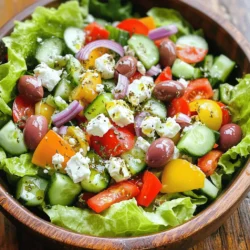 For a bright taste, use fresh produce. The key ingredients include: - 3 cups Romaine lettuce, chopped - 1 large cucumber, diced - 2 ripe tomatoes, diced - 1 bell pepper (any color), chopped - 1 small red onion, thinly sliced These veggies bring crunch and color. Romaine lettuce serves as a great base. Cucumbers add a refreshing bite. Tomatoes provide sweetness, while bell peppers bring a slight crunch. The red onion adds a sharp flavor that makes the salad pop. Feta cheese and Kalamata olives are essential! You want: - 1 cup Kalamata olives, pitted - 1 cup feta cheese, crumbled Feta cheese gives a creamy texture. It also adds saltiness that balances the salad. Kalamata olives add a rich, briny flavor. These ingredients work together to give the salad depth. A great dressing ties everything together. For this salad, use: - 1/4 cup olive oil - 2 tablespoons red wine vinegar (or lemon juice) - 1 teaspoon dried oregano - Salt and pepper to taste Olive oil adds richness. Red wine vinegar or lemon juice adds tang. Dried oregano gives a classic Mediterranean flavor. Don't forget salt and pepper to enhance all the tastes! For the full recipe, check out the Mediterranean Delight: Classic Greek Salad. 1. Start by taking 3 cups of chopped Romaine lettuce. This is the base of your salad. Place it in a large salad bowl. 2. Next, layer the diced cucumber, ripe tomatoes, and chopped bell pepper on top of the lettuce. Each adds crunch and color. 1. Now, slice a small red onion thinly. Add it to the mix for a nice bite. 2. Toss in 1 cup of pitted Kalamata olives. They bring a salty richness to the dish. 3. Finally, sprinkle 1 cup of crumbled feta cheese on top. This adds creaminess and flavor. 1. In a small bowl, whisk together 1/4 cup of olive oil, 2 tablespoons of red wine vinegar (or lemon juice), and 1 teaspoon of dried oregano. 2. Add salt and pepper to taste. Mix until all ingredients blend well. 3. Drizzle the dressing over the salad. 1. Gently mix the salad. Be careful not to break the feta cheese. 2. Serve immediately for the best taste. You can also chill it for 15 minutes to let the flavors meld. For a complete guide, check the Full Recipe. Enjoy your vibrant and fresh Classic Greek Salad! If you can’t find feta cheese, try using goat cheese or ricotta. Both add creaminess. For olives, Kalamata is classic, but green olives work too. Try pimento-stuffed olives for a twist. To customize flavors, add fresh herbs like basil or dill. You can also use lemon juice instead of vinegar for a brighter taste. If you want to make the dressing ahead of time, store it in a jar. Shake it before using. Serve Greek salad with grilled chicken or fish for a full meal. It pairs well with pita bread and hummus. For a light lunch, enjoy it alone or with crusty bread. For a fun twist, try it in a wrap! For more detailed steps, check the Full Recipe. {{image_2}} You can make your Greek salad even tastier. Try adding artichoke hearts. They give a nice tangy flavor. Roasted red peppers also work well. They add a sweet touch and vibrant color. Want to make your salad more filling? Include grilled chicken. It adds protein and makes the salad hearty. If you're vegetarian, try chickpeas or lentils. They are excellent choices for protein and add texture. The classic olive oil dressing is great, but you can switch it up. A lemon vinaigrette adds a bright, zesty flavor. You can also try a yogurt-based dressing. It gives a creamy texture and is still light. For the Full Recipe, follow the steps to make a delightful classic Greek salad. To store leftover Greek salad, use a clean, airtight container. This keeps the salad fresh and prevents odors. Place the salad in the fridge right away. It stays good for up to three days. However, the veggies may lose some crunch over time. Greek salad does not freeze well. The vegetables get mushy after thawing. If you need to freeze, consider freezing only the dressing. Store it in a separate container. Use it later to freshen up a new batch of salad. You don’t need to heat Greek salad. It tastes best cold. If you must, gently microwave it for a few seconds. This helps keep the veggies crisp. However, I recommend enjoying it fresh for the best flavor and texture. Greek salad, or Horiatiki, dates back to the 19th century. It reflects the fresh, local ingredients of Greece. Farmers made it using what they had. This salad shows the connection to their land and culture. It's a staple in Greek homes and tavernas. Today, it symbolizes Mediterranean dining's simplicity and health. Yes, you can prepare Greek salad ahead of time. To save time, chop your veggies and store them in the fridge. Keep the dressing separate until you're ready to serve. This helps keep everything fresh. If you mix the salad too soon, it can get soggy. To make Greek salad vegan, simply omit the feta cheese. You can replace it with vegan cheese or omit it altogether. Use more olives or add chickpeas for protein. For creamy dressing, try using tahini or a cashew cream. These swaps keep the salad tasty and satisfying. Greek salad packs a nutritional punch. It is low in calories and high in vitamins. Ingredients like tomatoes and cucumbers provide hydration. Feta adds protein and calcium. Olives offer healthy fats. Overall, this salad is great for heart health and weight management. It's a perfect choice for a balanced meal. For the full recipe, check out the Mediterranean Delight: Classic Greek Salad. This blog post covered how to make a fresh and tasty Greek salad. We highlighted key ingredients, from crisp veggies to creamy feta. You learned step-by-step how to prepare, dress, and serve this dish. We also shared tips for substitutions and variations to match your taste. Remember, Greek salad is not just easy to make. It’s healthy and very versatile! Enjoy creating your own version and sharing it with others. Your kitchen can be a place for delicious, healthy meals that everyone will love.