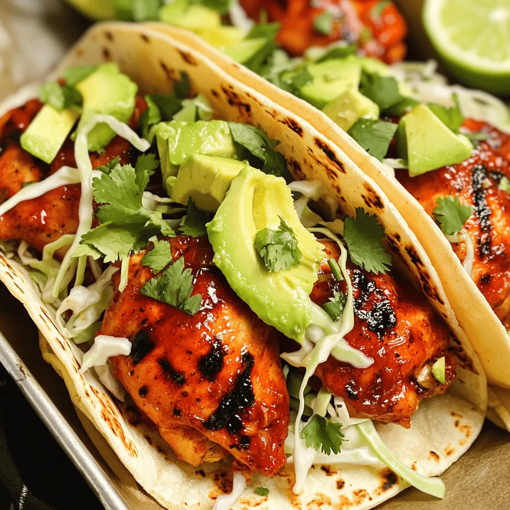 - 1 lb boneless, skinless chicken thighs - 2 tablespoons Sriracha sauce - 1 tablespoon olive oil - 2 cloves garlic, minced - 1 teaspoon cumin - 1 teaspoon paprika - 1 teaspoon lime juice - Salt and pepper to taste - 8 small corn tortillas - 1 cup shredded cabbage - 1 avocado, sliced - Fresh cilantro, for garnish - Lime wedges, for serving I love using boneless, skinless chicken thighs for this recipe. They stay juicy and tender. You can swap them for chicken breasts if you prefer. Just remember, breasts cook faster, so watch them closely. The key to flavor is the marinade. Sriracha sauce gives a spicy kick. You can adjust the amount based on your taste. Olive oil adds richness. Garlic brings depth, while cumin and paprika give warmth. Lime juice brightens the dish and balances the heat. For the tacos, I use small corn tortillas. They hold everything well. You can also try flour tortillas if you like. They are softer but may not hold up as well with juicy fillings. Don't forget the toppings! Shredded cabbage adds crunch. Sliced avocado brings creaminess. Fresh cilantro brightens every bite. Lime wedges are a must for that zesty finish. You can also add diced tomatoes, sour cream, or cheese like feta for extra flavor. - Diced tomatoes - Sour cream or Greek yogurt - Cheese (feta or cotija) - Chicken thighs vs. chicken breasts - Alternative heat sources (different hot sauces) - Tortilla options (flour vs. corn) Check out the Full Recipe for more details on how to make these amazing tacos! - Marinate Chicken Start by making the marinade. In a bowl, mix together the Sriracha sauce, olive oil, minced garlic, cumin, paprika, lime juice, salt, and pepper. Stir until combined. Cut the chicken thighs into pieces. Add them to the bowl and coat well with the marinade. Cover the bowl and place it in the fridge for at least 30 minutes. This helps the flavors soak in. For an even better taste, marinate for up to 2 hours. - Prepare Tortillas and Toppings While the chicken marinates, get the tortillas ready. Heat a skillet over medium heat. Warm the corn tortillas for about 30 seconds on each side. This makes them soft and easy to fold. Next, slice the avocado and chop the cabbage. Set these aside, along with fresh cilantro and lime wedges for serving. - Cooking methods (Grill vs. Skillet) You can cook the chicken on a grill or in a skillet. Both methods give great flavor. If you use a grill, it adds a nice smoky taste. For the skillet, you get a nice char without needing a grill. - Cooking duration and temperature Heat your grill or skillet to medium-high. Once hot, add the marinated chicken. Cook for about 6-7 minutes on each side. The chicken is done when it reaches an internal temperature of 165°F and has a nice char on both sides. After cooking, let it rest for a few minutes before slicing it into strips. - Layering the ingredients To assemble, take a warm tortilla and place a layer of shredded cabbage on it. Next, add the sliced chicken on top. Follow that with avocado slices and sprinkle fresh cilantro for added flavor. - Serving suggestions Serve the tacos with lime wedges on the side. A squeeze of lime juice enhances every bite. You can also offer extra toppings like diced tomatoes or cheese for those who want more flavor. Enjoy your Spicy Sriracha Chicken Tacos! For a detailed guide, check out the Full Recipe. For the best flavor, marinate the chicken for at least 30 minutes. If you have more time, try to marinate for up to 2 hours. This allows the spices to soak in well. To boost the flavor even more, add a bit of honey or brown sugar to the marinade. This gives a nice balance between sweet and spicy. To check if the chicken is done, use a meat thermometer. The inside should reach 165°F (75°C). If you don’t have a thermometer, cut the thickest part of the chicken. It should be white and juicy, not pink. For a nice char, sear the chicken on high heat for a few minutes on each side. This adds a smoky flavor and makes it look great. Keep your tortillas soft by warming them right before use. You can heat them on a grill or in a pan for about 30 seconds on each side. For wrapping, folding is best for tacos. This method keeps everything packed inside. If you prefer rolling, make sure not to overfill the tortilla. This helps prevent spills and keeps your meal neat. For the Full Recipe, visit the original recipe page. {{image_2}} You can easily make a vegetarian version of these tacos. Instead of chicken, use mushrooms or tofu. Both options absorb flavors well. For mushrooms, I recommend portobello or shiitake. If you choose tofu, press it first to remove excess water. Adjust the spices based on your protein choice. For instance, you might want to add more cumin for a richer flavor. Feel free to switch up the heat! Use different hot sauces or spices to change the taste. Try a smoky chipotle sauce for a deeper flavor. You can also add some sweetness. Pineapple chunks or mango slices bring a tropical twist. These fruits pair well with the spicy Sriracha and add a fun contrast. Think about how you want to serve these tacos. You can make taco bowls instead of traditional tacos. Use rice or quinoa as a base. Top it with your chicken and favorite toppings. Meal prep is also a great option. Cook the chicken ahead of time and store it. You can easily assemble tacos throughout the week. This makes dinner quick and easy! For the Full Recipe, check the main recipe section. To store leftovers safely, place the chicken in an airtight container. This keeps the chicken moist and tasty. You can store it in the fridge for up to three days. Make sure to let the chicken cool before sealing it. For the tortillas and toppings, keep them in separate containers. This helps them stay fresh and crunchy. You can freeze cooked chicken for longer storage. Place it in a freezer-safe bag or container. Be sure to remove as much air as possible to prevent freezer burn. You can freeze the chicken for up to three months. When you're ready to eat, thaw it in the fridge overnight. This keeps it juicy and safe. To maintain texture and flavor, reheat the chicken in a skillet. Heat it over medium heat for about five minutes. This warms the chicken without drying it out. For tortillas, warm them in a dry pan for about 30 seconds on each side. This keeps them soft and pliable. Avoid using the microwave, as it might make them chewy. Enjoy your leftovers with a squeeze of fresh lime! You can reduce the heat by using less Sriracha. Start with one tablespoon instead of two. Adding honey or sugar can also help balance the heat. Serve the tacos with sour cream or Greek yogurt. These toppings cool the spice. Yes, you can use chicken breasts, pork, or even shrimp. Chicken breasts will cook faster. Pork adds a nice flavor, while shrimp cooks quickly and absorbs the marinade well. Each option gives a different taste twist. Use gluten-free corn tortillas. Brands like Mission or La Banderita offer great options. To avoid cross-contamination, use clean utensils. Wash your hands after handling gluten products. Always read labels on sauces for hidden gluten. - Mexican street corn - Refried beans - Fresh salsa or guacamole - Cilantro lime rice These sides balance the spice and add different textures. They also enhance the taco experience. For more ideas, check out my Full Recipe for inspiration! This blog post covered how to make Spicy Sriracha Chicken Tacos. We discussed the main ingredients, preparation steps, and cooking methods. I also shared tips for marinating and cooking chicken to perfection. You learned about variations, gluten-free options, and storage tips for leftovers. Now, you can enjoy these tacos with any twist that excites your taste buds. Try new toppings and flavor profiles to keep this meal fresh. Happy cooking!
