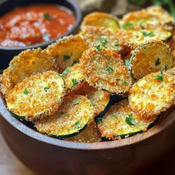 To make Crispy Parmesan Zucchini Chips, you need a few key items: - 2 medium zucchinis - 1 cup panko breadcrumbs - 1/2 cup grated Parmesan cheese - 1 teaspoon garlic powder - 1 teaspoon Italian seasoning - 1/2 teaspoon paprika - Salt and pepper to taste - 1 large egg - 2 tablespoons olive oil These ingredients come together to create a crunchy and cheesy snack. The combination of panko and Parmesan gives each chip a delightful flavor. You can mix things up with these fun additions: - Chili powder for some heat - Fresh herbs like thyme or oregano - Lemon zest for a bright taste - A sprinkle of cayenne pepper for extra kick Feel free to experiment! These options can give your chips a unique twist. Gather these tools to make the process smooth: - Baking sheet - Parchment paper - Shallow bowls for mixing - Knife and cutting board for slicing - Paper towels for drying the zucchini Having the right tools makes cooking easier. You'll be ready to whip up these chips in no time! For the full recipe, check the details above. Prepping zucchini is key for the best chips. Start with two medium zucchinis. Wash them well to remove dirt. Slice the zucchinis into thin rounds, about 1/8 inch thick. Thin slices help them get crispy. After slicing, pat each piece dry with a paper towel. This step removes extra moisture. Less moisture means more crunch. Now it's time to coat our zucchini chips! In a shallow bowl, mix the panko breadcrumbs, grated Parmesan cheese, garlic powder, Italian seasoning, paprika, salt, and pepper. This mix gives the chips great flavor. In another bowl, beat one large egg and add two tablespoons of olive oil. Dip each zucchini slice into the egg mixture. Let any extra egg drip off. Then, coat it in the breadcrumb mix. Press gently to help it stick. Repeat this for all the slices. To bake the chips, preheat your oven to 425°F (220°C). Line a baking sheet with parchment paper. This makes cleanup easy. Place the breaded zucchini slices in a single layer on the sheet. Bake for 20-25 minutes. Flip them halfway through for even cooking. Look for a golden brown color; that means they are crispy. Once baked, let them cool for a few minutes. This helps them crisp up even more. For the full recipe, refer to the earlier section. To make Crispy Parmesan Zucchini Chips, you must dry the zucchinis well. Zucchini has a lot of water. If you skip this step, your chips will be soggy. After slicing them, pat each round with a paper towel. These chips taste great with dips. Try marinara sauce or ranch dressing for dipping. You can also pair them with guacamole for a fun twist. They are a hit at parties as a snack or appetizer. You can prepare the zucchini chips in advance. Just bake them, then let them cool. Store them in a sealed container at room temperature. If you want to reheat them, place them in the oven at 350°F (175°C) for about 10 minutes. This makes them crispy again, just like fresh! For the full recipe, check the section above. {{image_2}} You can make your crispy zucchini chips even more fun. To add a kick, try a spicy version. Mix in some cayenne pepper or chili powder with the breading. You can also add fresh herbs like rosemary or thyme for an herbed flavor. These small changes can change the taste a lot. If you want a gluten-free option, use almond flour or crushed cornflakes instead of panko. Both work great and still give a nice crunch. You can also use crushed rice crackers for a unique twist. These alternatives keep the flavor while meeting your dietary needs. For a quicker method, use an air fryer. Preheat it to 400°F (200°C). Place the breaded zucchini slices in a single layer in the basket. Cook for about 10-12 minutes, shaking the basket halfway through. This gives you a crispy outside with less oil. It’s a great way to enjoy your chips without the oven. Try these variations to keep your snack fresh and exciting. Check out the Full Recipe for more details. To keep your leftover crispy parmesan zucchini chips fresh, store them in an airtight container. This helps prevent moisture from ruining their crunch. Make sure the chips are completely cool before sealing. If you place hot chips into the container, steam will form inside and make them soggy. When stored properly, these chips last about 2 to 3 days. For the best taste and texture, enjoy them within the first day. After that, they may lose their crunch. To maintain freshness, avoid stacking them. Instead, use layers of parchment paper between chips if you need to stack. You can freeze zucchini chips to enjoy later. Just place them in a single layer on a baking sheet and freeze until solid. Once frozen, transfer them to a freezer bag. They can last up to 2 months in the freezer. When ready to eat, bake them straight from the freezer. This method helps keep them crispy. For the best results, bake them for a few extra minutes. For the full recipe, check out the earlier section! You can dip Crispy Parmesan Zucchini Chips in many tasty sauces. I love marinara sauce for a classic touch. Ranch dressing adds a nice creamy flavor. Hummus is another great option if you want something healthy. You can even try a spicy aioli for a kick. Experiment with your favorite dips! Yes, you can use regular breadcrumbs instead of panko. Regular breadcrumbs will work, but they won’t be as crispy. Panko is lighter and creates a better crunch. If you don’t have panko, try crushing some crackers for a similar texture. Just remember, the goal is to get that perfect crispiness! You can make zucchini chips without baking by using an air fryer. Slice the zucchini thinly and season them as you would for baking. Then, place them in the air fryer basket in a single layer. Cook at 375°F (190°C) for about 10-15 minutes, shaking the basket halfway through. This gives you a quick, crispy snack without using an oven. Zucchini chips are tasty and fun to make. We covered essential ingredients and tools, plus tips for crispiness. You learned how to prepare, coat, and bake them for the best results. We also shared ways to add flavor, different cooking methods, and smart storage tips. In the end, these chips are great snacks. With practice, you can make them your own. Enjoy your cooking and experiment with different styles!