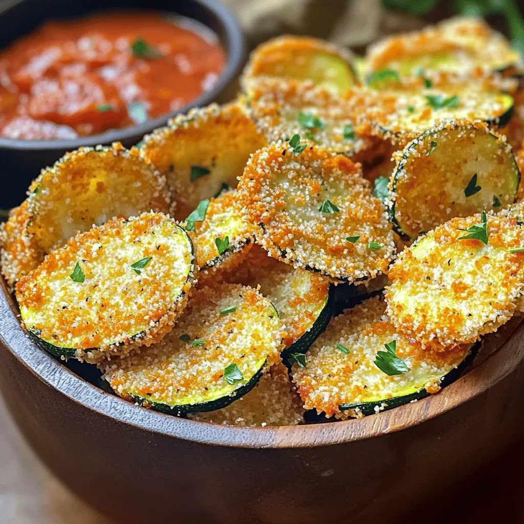 To make Crispy Parmesan Zucchini Chips, you need a few key items: - 2 medium zucchinis - 1 cup panko breadcrumbs - 1/2 cup grated Parmesan cheese - 1 teaspoon garlic powder - 1 teaspoon Italian seasoning - 1/2 teaspoon paprika - Salt and pepper to taste - 1 large egg - 2 tablespoons olive oil These ingredients come together to create a crunchy and cheesy snack. The combination of panko and Parmesan gives each chip a delightful flavor. You can mix things up with these fun additions: - Chili powder for some heat - Fresh herbs like thyme or oregano - Lemon zest for a bright taste - A sprinkle of cayenne pepper for extra kick Feel free to experiment! These options can give your chips a unique twist. Gather these tools to make the process smooth: - Baking sheet - Parchment paper - Shallow bowls for mixing - Knife and cutting board for slicing - Paper towels for drying the zucchini Having the right tools makes cooking easier. You'll be ready to whip up these chips in no time! For the full recipe, check the details above. Prepping zucchini is key for the best chips. Start with two medium zucchinis. Wash them well to remove dirt. Slice the zucchinis into thin rounds, about 1/8 inch thick. Thin slices help them get crispy. After slicing, pat each piece dry with a paper towel. This step removes extra moisture. Less moisture means more crunch. Now it's time to coat our zucchini chips! In a shallow bowl, mix the panko breadcrumbs, grated Parmesan cheese, garlic powder, Italian seasoning, paprika, salt, and pepper. This mix gives the chips great flavor. In another bowl, beat one large egg and add two tablespoons of olive oil. Dip each zucchini slice into the egg mixture. Let any extra egg drip off. Then, coat it in the breadcrumb mix. Press gently to help it stick. Repeat this for all the slices. To bake the chips, preheat your oven to 425°F (220°C). Line a baking sheet with parchment paper. This makes cleanup easy. Place the breaded zucchini slices in a single layer on the sheet. Bake for 20-25 minutes. Flip them halfway through for even cooking. Look for a golden brown color; that means they are crispy. Once baked, let them cool for a few minutes. This helps them crisp up even more. For the full recipe, refer to the earlier section. To make Crispy Parmesan Zucchini Chips, you must dry the zucchinis well. Zucchini has a lot of water. If you skip this step, your chips will be soggy. After slicing them, pat each round with a paper towel. These chips taste great with dips. Try marinara sauce or ranch dressing for dipping. You can also pair them with guacamole for a fun twist. They are a hit at parties as a snack or appetizer. You can prepare the zucchini chips in advance. Just bake them, then let them cool. Store them in a sealed container at room temperature. If you want to reheat them, place them in the oven at 350°F (175°C) for about 10 minutes. This makes them crispy again, just like fresh! For the full recipe, check the section above. {{image_2}} You can make your crispy zucchini chips even more fun. To add a kick, try a spicy version. Mix in some cayenne pepper or chili powder with the breading. You can also add fresh herbs like rosemary or thyme for an herbed flavor. These small changes can change the taste a lot. If you want a gluten-free option, use almond flour or crushed cornflakes instead of panko. Both work great and still give a nice crunch. You can also use crushed rice crackers for a unique twist. These alternatives keep the flavor while meeting your dietary needs. For a quicker method, use an air fryer. Preheat it to 400°F (200°C). Place the breaded zucchini slices in a single layer in the basket. Cook for about 10-12 minutes, shaking the basket halfway through. This gives you a crispy outside with less oil. It’s a great way to enjoy your chips without the oven. Try these variations to keep your snack fresh and exciting. Check out the Full Recipe for more details. To keep your leftover crispy parmesan zucchini chips fresh, store them in an airtight container. This helps prevent moisture from ruining their crunch. Make sure the chips are completely cool before sealing. If you place hot chips into the container, steam will form inside and make them soggy. When stored properly, these chips last about 2 to 3 days. For the best taste and texture, enjoy them within the first day. After that, they may lose their crunch. To maintain freshness, avoid stacking them. Instead, use layers of parchment paper between chips if you need to stack. You can freeze zucchini chips to enjoy later. Just place them in a single layer on a baking sheet and freeze until solid. Once frozen, transfer them to a freezer bag. They can last up to 2 months in the freezer. When ready to eat, bake them straight from the freezer. This method helps keep them crispy. For the best results, bake them for a few extra minutes. For the full recipe, check out the earlier section! You can dip Crispy Parmesan Zucchini Chips in many tasty sauces. I love marinara sauce for a classic touch. Ranch dressing adds a nice creamy flavor. Hummus is another great option if you want something healthy. You can even try a spicy aioli for a kick. Experiment with your favorite dips! Yes, you can use regular breadcrumbs instead of panko. Regular breadcrumbs will work, but they won’t be as crispy. Panko is lighter and creates a better crunch. If you don’t have panko, try crushing some crackers for a similar texture. Just remember, the goal is to get that perfect crispiness! You can make zucchini chips without baking by using an air fryer. Slice the zucchini thinly and season them as you would for baking. Then, place them in the air fryer basket in a single layer. Cook at 375°F (190°C) for about 10-15 minutes, shaking the basket halfway through. This gives you a quick, crispy snack without using an oven. Zucchini chips are tasty and fun to make. We covered essential ingredients and tools, plus tips for crispiness. You learned how to prepare, coat, and bake them for the best results. We also shared ways to add flavor, different cooking methods, and smart storage tips. In the end, these chips are great snacks. With practice, you can make them your own. Enjoy your cooking and experiment with different styles!