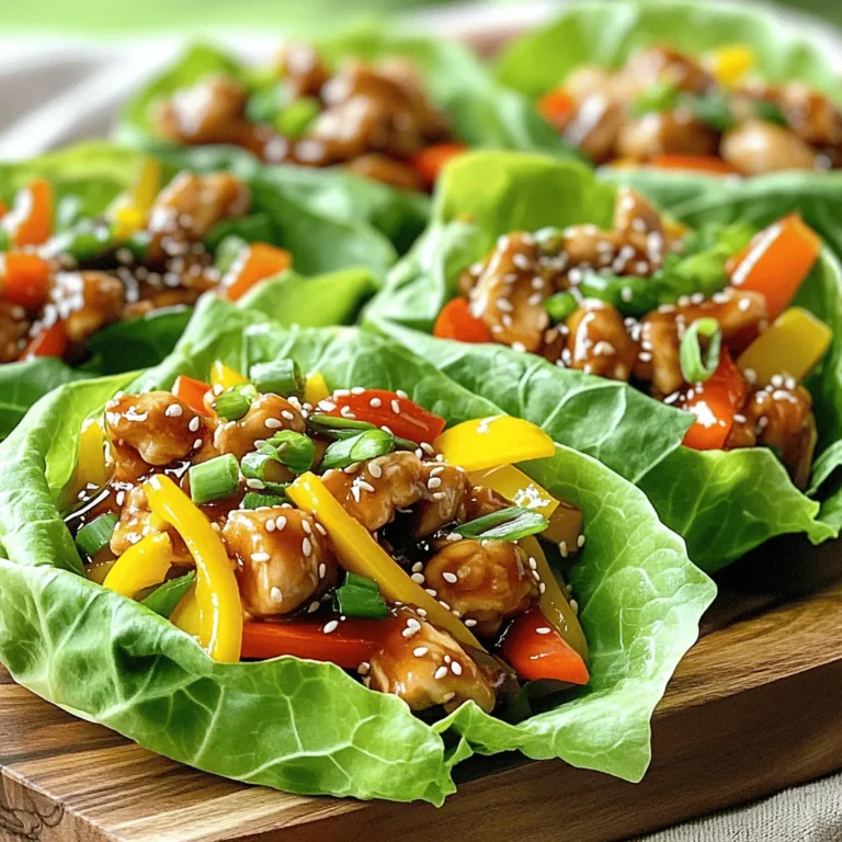 - Chicken and Marinade Ingredients - 1 lb boneless, skinless chicken breasts, diced - 1 cup teriyaki sauce (store-bought or homemade) - 2 tablespoons sesame oil - 1 tablespoon fresh ginger, minced - 3 cloves garlic, minced - Vegetables and Garnishing - 1 cup bell peppers, thinly sliced (mix of red and yellow for color) - 1 cup carrots, julienned - 1/2 cup green onions, chopped - 1 head of iceberg or butter lettuce, leaves separated - Sesame seeds for garnish - Optional Additions for Extra Flavor - Sriracha for added heat For this dish, I focus on fresh flavors and colorful ingredients. The teriyaki sauce brings a sweet and savory taste to the chicken, while the veggies add crunch and color. I love using a mix of red and yellow bell peppers for a visual pop. The ginger and garlic bring warmth and depth. And don't forget the lettuce! It acts as a perfect wrap, creating a fun way to enjoy the meal. You can find the full recipe above for all the details on how to put this tasty dish together. How to Properly Marinate To start, take your diced chicken and place it in a large bowl. Pour the teriyaki sauce over the chicken. Make sure every piece is coated well. This step gives the chicken great flavor. Use a spoon or your hands to mix it up. Cover the bowl with plastic wrap. Timing for Maximum Flavor Let the chicken marinate for at least 30 minutes. If you have time, marinate it longer. Up to two hours in the fridge works best. This helps the chicken soak up all the sweet and salty goodness. Heating the Skillet and Sautéing Aromatics Next, heat the sesame oil in a large skillet over medium-high heat. Add the minced ginger and garlic. Sauté these for about one minute. This step fills your kitchen with a wonderful aroma. Cooking the Chicken and Vegetables Now, add your marinated chicken to the skillet. Discard any leftover marinade. Cook the chicken for 6-8 minutes. Stir occasionally until it is fully cooked and caramelized. After that, toss in the sliced bell peppers and julienned carrots. Cook for another 3-4 minutes. The veggies should be tender, but still crisp. Crafting the Lettuce Cups Once the chicken and veggies are cooked, it's time to assemble. Take a lettuce leaf and spoon the chicken mixture into the center. You can add a drizzle of sriracha for some heat if you like. Presentation Tips Arrange the filled lettuce cups on a platter. Garnish with extra sesame seeds and sliced green onions for color. A small dish of teriyaki sauce on the side is great for dipping. This makes for a beautiful and tasty dish. For the full recipe, check out the details above. - Ideal Cooking Temperature I recommend cooking chicken at medium-high heat. This helps the chicken cook evenly. High heat gives the chicken a nice caramelization. It should take about 6-8 minutes for the chicken to cook fully. - Best Practices for Crisp Vegetables To keep your veggies crisp, add them later in the cooking process. This way, they retain their color and crunch. Stir them in for just 3-4 minutes. You want them to be tender but not mushy. - Pairing with Dipping Sauces Teriyaki chicken wraps taste great with extra teriyaki sauce. You can also serve sriracha on the side for heat. A sweet soy sauce works well too if you want a different flavor. - Ideal Side Dishes for Completeness Serve these wraps with a light salad or steamed rice. A simple cucumber salad adds freshness. You can also try a fruit salad for a sweet touch. - Suggested Spices and Condiments Adding sesame seeds is a must for a nutty flavor. You can also sprinkle some black pepper for warmth. A dash of lime juice brightens the dish up nicely. - Ways to Make it Spicier If you love heat, add more sriracha or chopped fresh chili peppers. You can also mix in some crushed red pepper flakes. A little goes a long way in making your wraps spicy! For the full recipe, check out the detailed instructions above. {{image_2}} You can swap chicken for other proteins. Tofu makes a great choice for a lighter dish. It absorbs the teriyaki sauce well. You can also try pork for a richer flavor. Just adjust the cooking time. If you want something different, use shrimp or beef. You can change the sauce too. Try using a soy sauce base with honey. It gives a nice sweet touch. Or mix in some hoisin sauce for depth. You can even use a spicy sauce for a kick. For plant-based options, use tempeh or seitan. These mimic meat well and soak up flavors. Mushrooms are another great choice. They add a nice texture and taste. Replace animal products with plant-based sauces. Many brands offer vegan teriyaki options. You can also make your own with soy sauce, maple syrup, and garlic. This keeps it fresh and healthy. You can mix in seasonal veggies for variety. In spring, use snap peas and radishes for crunch. In summer, add corn and zucchini for sweetness. In fall, try roasted butternut squash or Brussels sprouts. Adjust for flavors based on the season. Use fresh herbs in spring and summer. In winter, a sprinkle of toasted nuts adds warmth. This keeps your wraps exciting and fresh. For the full recipe, check out the Teriyaki Chicken Lettuce Wraps. To keep your teriyaki chicken lettuce wraps fresh, store ingredients separately. This prevents sogginess and maintains crispness. Here are some tips: - Chicken and Veggies: Keep cooked chicken and veggies in airtight containers in the fridge. They stay fresh for 3-4 days. - Lettuce Leaves: Store lettuce in a damp paper towel inside a plastic bag. This keeps them crisp for about a week. If you have leftovers, wrap them tightly in plastic wrap. Place them in an airtight container. This helps maintain flavor and texture. Consume within 1-2 days for the best taste. To reheat your wraps, follow these methods: - Microwave: Place the filling in a microwave-safe dish. Heat in 30-second intervals until warm. - Stovetop: Heat a skillet over medium heat. Add the filling and stir until warm. To avoid soggy wraps, reheat the filling only. Keep the lettuce leaves separate until you are ready to eat. This preserves their crunch. If you want to save some wraps, freezing is a great option. Here’s how: - How to Freeze and Thaw: Place the chicken and veggies in a freezer-safe bag. Remove as much air as possible. They can last up to 3 months. To thaw, leave in the fridge overnight or use the microwave. - Shelf Life of Ingredients: Once cooked, the chicken can stay fresh in the freezer for up to 3 months. Lettuce does not freeze well, so use fresh leaves only. For a detailed guide on making these wraps, check out the Full Recipe. To make teriyaki chicken lettuce wraps, start by marinating chicken. Mix diced chicken with teriyaki sauce and let it sit for 30 minutes in the fridge. This helps the chicken absorb flavor. Next, heat sesame oil in a skillet over medium-high heat. Add minced ginger and garlic, cooking for about 1 minute. This releases their wonderful aroma. Then, add the marinated chicken to the skillet, discarding any leftover marinade. Cook for 6 to 8 minutes until the chicken is cooked through and caramelized. The goal is a golden-brown color. Now, mix in sliced bell peppers and julienned carrots. Cook for another 3 to 4 minutes, keeping the vegetables crisp. Finally, remove from heat and stir in chopped green onions. To serve, take a lettuce leaf, fill it with the chicken mixture, and top with sesame seeds. For extra flavor, add sriracha if you like it spicy. You can find the full recipe [here](#). Yes, you can make teriyaki chicken lettuce wraps ahead of time. Just marinate the chicken the night before. Store the marinated chicken in the fridge. When you are ready to cook, it will already have great flavor. You can also chop the vegetables early. Just keep them in a sealed container. This way, they stay fresh and crisp. Cook the chicken and veggies right before serving. Assemble the wraps quickly to keep the lettuce from wilting. This helps you save time and enjoy a tasty meal! If you don't have teriyaki sauce, there are good alternatives. You can use soy sauce mixed with a bit of honey or brown sugar. This gives a sweet and salty taste. Another option is to use hoisin sauce. It's thicker and sweeter but adds great flavor. You can also make homemade teriyaki sauce. Combine soy sauce, sugar, ginger, and garlic for a quick mix. Feel free to experiment with these options. They can change the taste and make your wraps unique! You’ve learned all about making teriyaki chicken lettuce wraps. We covered essential ingredients, marinating, cooking, and assembling tips. I shared tricks for storing and reheating your wraps too. With variations in protein and seasonal veggies, there’s plenty of room to get creative. Enjoy this fun meal that can suit any taste! Dive in and start cooking your delicious wraps today.