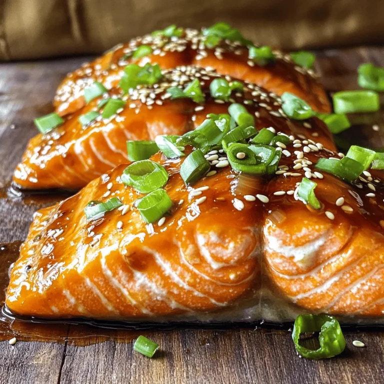 - 4 salmon fillets (6 oz each) - ¼ cup soy sauce - 2 tablespoons honey - 1 tablespoon rice vinegar - 1 tablespoon sesame oil - 2 cloves garlic, minced - 1 teaspoon fresh ginger, grated - 1 tablespoon cornstarch (optional for thickening) When making Minute Teriyaki Salmon, the key is using fresh ingredients. The salmon fillets should be about 6 ounces each. This size cooks evenly and ensures great flavor. For the teriyaki sauce, you need soy sauce, honey, rice vinegar, sesame oil, garlic, and ginger. These create a sweet and savory blend. The soy sauce gives depth, while honey adds sweetness. Rice vinegar balances the flavors with a bit of tang. Garlic and ginger bring warmth and spice. If you like a thicker sauce, add cornstarch. This optional step makes the sauce cling better to the salmon. Simply mix the cornstarch with water to create a slurry before adding it to the sauce mixture. If you're ready to cook, check out the Full Recipe to get started! To make the teriyaki sauce, start by gathering your ingredients. In a medium bowl, combine the soy sauce, honey, rice vinegar, sesame oil, minced garlic, and grated ginger. Whisk them together until they blend well. This sauce packs a punch of flavor. If you want a thicker sauce, you can add a cornstarch slurry. To make this, mix one tablespoon of cornstarch with two tablespoons of water in a separate small bowl. Stir it until smooth, then add it to your sauce mixture. This makes your sauce rich and glossy. Now, let’s move on to cooking the salmon. Preheat a non-stick skillet over medium-high heat. It should be hot before you add the fish. Once it’s ready, place the salmon fillets in the skillet, skin-side down. Cook them for about four minutes without moving them. This helps get a nice crispy skin. After four minutes, carefully flip the salmon using a spatula. Pour the teriyaki sauce over the salmon fillets. Let them cook for an additional four to six minutes. Baste the salmon with sauce occasionally. This keeps it moist and flavorful. The salmon is done when it flakes easily with a fork. Once the salmon is cooked, it’s time to add the finishing touches. Sprinkle sesame seeds over the top for a nice crunch. Remove the skillet from the heat. Serve the salmon hot, garnished with chopped green onions. This adds a fresh touch to your dish. Enjoy your Minute Teriyaki Salmon! You can find the Full Recipe for more details. To check if your salmon is done, look for the color. The flesh should be a nice pink and flake easily with a fork. If it is still dark or translucent, it needs more time. For thick fillets, aim for about 8-10 minutes total cooking time. For thinner cuts, 6-8 minutes should do the trick. Always adjust based on your stove and skillet heat. To add more taste to your teriyaki salmon, consider these options: - Add a splash of orange or lime juice for brightness. - Toss in some sliced bell peppers or snap peas for crunch. - A sprinkle of chili flakes can add some heat. For side dishes, steamed rice pairs well. A fresh green salad with sesame dressing also complements the dish nicely. You can find the Full Recipe for more details on preparing this meal. {{image_2}} You can cook salmon in different ways to change the taste and texture. - Grilling: Grilling gives the salmon a smoky flavor. It also adds nice grill marks. Place the salmon on a hot grill. Cook for about 4-6 minutes on each side. Use a spatula to flip carefully. - Pan-searing: Pan-searing is fast and easy. Heat a non-stick skillet over medium-high heat. Add a bit of oil to prevent sticking. Cook skin-side down for about 4 minutes. Flip and add the teriyaki sauce. This method keeps the salmon juicy. - Baking: Baking is a great option for an easy meal. Preheat the oven to 375°F (190°C). Place the salmon on a baking sheet lined with parchment paper. Bake for 15-20 minutes. Basting with sauce halfway through keeps it moist. You can tweak the teriyaki sauce to fit your taste and needs. - Alternative sweeteners: If you want a different flavor, use maple syrup or agave nectar. These give a nice sweetness without honey. Adjust the amount based on your taste preference. - Substituting ingredients: For a gluten-free option, use tamari instead of soy sauce. If you are vegan, replace the honey with a plant-based sweetener. You can also add more garlic or ginger for extra flavor. These variations make the dish fun and personal. Explore different methods to find your favorite! Check out the Full Recipe to get started. To keep your teriyaki salmon fresh, store it in an airtight container. This helps prevent moisture loss and keeps the flavor intact. Always let the salmon cool to room temperature before sealing it. This helps avoid moisture buildup inside the container. Leftover salmon will stay fresh in the fridge for up to three days. If you want to keep it longer, consider freezing it. Wrapped tightly in plastic wrap and foil, it can last up to three months in the freezer. When it comes to reheating, I recommend using the oven or a skillet. The oven helps keep the salmon moist. Preheat your oven to 350°F (175°C). Place the salmon on a baking sheet and cover it with foil. Heat for about 10-15 minutes. If you prefer a skillet, heat a little oil over medium heat. Add the salmon and cover it with a lid. Heat for about 5 minutes, checking often. This keeps the salmon juicy and flavorful. Avoid using the microwave if you can. It may dry out the salmon and change its texture. Keeping these tips in mind will ensure your teriyaki salmon stays tasty. For the Full Recipe, check out the earlier section. To reduce the saltiness, you can use low-sodium soy sauce. This simple swap makes a big difference. You can also add more honey to balance the flavors. If you want, try adding citrus juice like lemon or orange. This adds a fresh twist and helps cut the salt. Yes, you can use frozen salmon! Just thaw it first. You can do this by placing it in the fridge overnight. If you’re in a rush, put it in a sealed bag and run it under cold water. Once thawed, pat it dry with paper towels before cooking. This helps the salmon sear better. Minute Teriyaki Salmon pairs well with many sides. You might try steamed rice or quinoa for a wholesome base. Broccoli or green beans add color and nutrients. A simple salad with cucumbers and carrots offers a nice crunch. Don’t forget about pickled vegetables for an extra kick! You can find the Full Recipe for this dish in the Quick & Tasty Teriyaki Salmon section. It has all the steps and tips to make your meal a success. Minute Teriyaki Salmon is easy to make with simple ingredients. We discussed salmon fillets, teriyaki sauce, and cooking techniques. I explained how to prep the sauce, cook the salmon, and finish it with garnishes. Also, I shared tips for cooking times, flavor boosts, and storage. Cooking this dish can impress friends and family without much hassle. Enjoy exploring the variations and answering your FAQs. Dive into a delicious meal that’s full of flavor and fun!