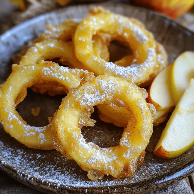 - Apples and Core Preparation - 2 large apples (such as Honeycrisp or Granny Smith), cored and sliced into 1/4-inch rings - Dry Ingredients for the Batter - 1 cup all-purpose flour - 1/2 cup cornstarch - 1 teaspoon baking powder - 1/2 teaspoon ground cinnamon - 1/4 teaspoon salt - 1 tablespoon granulated sugar - Additional Ingredients for Frying - 1/2 cup cold sparkling water - Vegetable oil for frying - Powdered sugar for dusting (optional) To start, choose firm apples. Honeycrisp and Granny Smith work well. Core and slice them into rings. Make sure each ring is about 1/4-inch thick. This thickness gives the perfect crunch. After slicing, pat them dry with a paper towel. This step helps the batter stick and keeps them crispy. Next, gather the dry ingredients for the batter. In a medium bowl, mix the flour, cornstarch, baking powder, ground cinnamon, salt, and sugar. This blend creates a light and airy coating. The key ingredient is the cold sparkling water. This is what makes the batter crisp. Gradually whisk in the sparkling water until smooth. No lumps, please! Now, prepare for frying. You will need enough vegetable oil to cover the apple rings. Heat the oil in a deep skillet or fryer to about 350°F (175°C). Test the oil by dropping in a small amount of batter. If it sizzles, you are ready to go! With these ingredients, you can create a delicious treat. For the full recipe, check out the detailed steps in the recipe section. Enjoy the process of making these crispy fried apple rings! - Slicing Technique: Start with two large apples. I love Honeycrisp or Granny Smith. Core them and slice into 1/4-inch rings. Make sure your slices are even for the best fry. - Pat Dry for Crispiness: After slicing, use a paper towel to pat the apple rings dry. Removing moisture helps them get crispy when fried. - Mixing Techniques for Smoothness: In a bowl, mix 1 cup of flour, 1/2 cup of cornstarch, 1 teaspoon of baking powder, 1/2 teaspoon of cinnamon, 1/4 teaspoon of salt, and 1 tablespoon of sugar. Gradually add 1/2 cup of cold sparkling water. Whisk until the batter is smooth. No lumps should remain. - Importance of Cold Sparkling Water: Cold sparkling water is key. It makes the batter light and airy. This helps create a crisp coating on each apple ring. - Proper Oil Temperature: Heat vegetable oil in a deep skillet. Aim for about 2 inches of oil. The right temperature is 350°F (175°C). Drop a small amount of batter into the oil. It should sizzle right away. - Frying Time and Techniques: Dip each apple ring in the batter. Let the excess drip off. Carefully place them into the hot oil. Fry for about 2-3 minutes on each side. Don’t overcrowd the pan. This helps them fry evenly and get crispy. To get the crispiest apple rings, choose the right apples. I recommend using Honeycrisp or Granny Smith apples. These apples have a firm texture and a nice balance of sweet and tart flavors. Their crispness holds up well during frying. Next, the batter must be dry. A dry batter sticks better to the apples. Make sure your apple rings are patted dry before dipping them in the batter. This step helps the batter cling and fry properly. Oil temperature is also key. Heat your oil to 350°F (175°C). If the oil is too cool, the batter absorbs more oil, leading to soggy rings. If it’s too hot, the batter may burn before the apples cook. You can test the oil by dropping a bit of batter in it. If it sizzles and rises, it’s ready. Crispy fried apple rings make a great snack or dessert. They pair well with vanilla ice cream or whipped cream. You can also serve them with caramel sauce for a sweet dip. For a fun twist, try garnishing the rings with powdered sugar. This adds a nice touch and makes them look even more appealing. You can also sprinkle some cinnamon on top for extra flavor. If you want a savory option, serve the rings alongside a cheese platter. The sweet and salty combo delights your tastebuds. For more details on how to make these delicious treats, check the Full Recipe. {{image_2}} You can easily boost flavors in crispy fried apple rings. Start with spices. Try adding a pinch of nutmeg or ginger for warmth. You can also mix in a bit of vanilla extract in the batter for a sweet touch. Next, think about dipping sauces. A simple caramel sauce pairs well with these rings. You can also try a tangy yogurt dip mixed with honey. If you like chocolate, melt some dark chocolate for a fun twist. If you want a healthier option, consider using an air fryer. It gives you that crispy texture with much less oil. Preheat your air fryer to 350°F (175°C). Coat the apple rings in batter, then place them in the fryer basket in a single layer. Cook for about 10 minutes, flipping halfway through. You can also bake the apple rings. Preheat your oven to 400°F (200°C). Place the battered rings on a baking sheet lined with parchment paper. Bake for 15 to 20 minutes, flipping them halfway through. This method keeps them crispy and light. For the full experience, try the [Full Recipe] for crispy fried apple rings to see how these variations can take your dish to new heights! - Best Container Options: Use an airtight container to keep your apple rings fresh. A glass or plastic container works well. - Refrigeration Tips: Place the container in the fridge. This helps maintain their crispness for up to two days. - Methods for Best Results: To reheat, use an oven or air fryer. Set the oven to 350°F (175°C) and heat for about 5-7 minutes. This keeps the rings crispy. Avoid using a microwave, as it can make them soggy. Enjoy your Crispy Fried Apple Rings from the [Full Recipe] and savor the delicious flavors! Yes, you can use other fruits to create tasty fried treats. Some great options include: - Bananas - Pineapple - Peaches - Pears Each fruit brings its own flavor and texture. Bananas turn sweet and soft, while pineapple adds a tropical twist. You can slice them into rings or chunks, just like apples. Remember to adjust the cooking time based on the fruit's firmness. Softer fruits may need less time to fry. Soggy batter can ruin your fried apple rings. Here are common mistakes and solutions: - Too much liquid: Make sure to measure your sparkling water carefully. Use just enough to create a smooth batter. - Wet fruit: Pat your apple slices dry. Excess moisture affects the batter's crispiness. - Low oil temperature: Check that your oil is hot enough, around 350°F (175°C). If it's too cool, the batter will absorb oil. Fix these issues, and you’ll have crispy, golden apple rings. You can make the batter ahead of time, but it’s best to use it fresh. If you store it, do so in the fridge for up to 1 hour. Here are some tips: - Stir before using: The batter may thicken as it sits. Stir in a little sparkling water to loosen it. - Keep it covered: Cover the bowl with plastic wrap to avoid air exposure. This helps keep the batter from getting thick or forming a skin. For the best results, try to fry the apple rings soon after making the batter. Enjoy your crispy fried apple rings! This article covered how to make crispy fried apples, from selecting your ingredients to frying them just right. We looked at techniques for slicing, making the batter, and achieving that perfect crunch. You can also try fun variations with spices and sauces. Don’t forget tips for storage and reheating! Now you have all the tools to create this tasty treat. Enjoy your cooking and share your delicious results!
