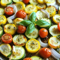 - 1 medium zucchini, sliced - 1 medium yellow squash, sliced - 1 bell pepper (any color), diced - 1 cup cherry tomatoes, halved - 1 red onion, cut into wedges - 2 cloves garlic, minced - 3 tablespoons olive oil - 1 teaspoon dried oregano - 1 teaspoon dried thyme - Salt and pepper to taste - Fresh basil leaves for garnish The base of this dish is fresh vegetables. I love using zucchini and yellow squash because they cook well and stay tender. Bell peppers add color and a sweet bite. The cherry tomatoes burst with flavor, while red onions give a nice crunch. For seasoning, garlic is a must. It brings out the taste of the veggies. Olive oil coats everything and helps with roasting. Dried oregano and thyme add depth. Don’t forget salt and pepper to bring all the flavors together. Finally, fresh basil leaves make a beautiful garnish. They add a pop of color and a hint of freshness. You can find the full recipe to see how to put this all together. - Preheat your oven to 400°F (200°C). - In a large mixing bowl, combine the sliced zucchini, yellow squash, diced bell pepper, halved cherry tomatoes, and onion wedges. - Drizzle with olive oil and add minced garlic, oregano, thyme, salt, and pepper. - Toss to coat the veggies evenly. - Spread the seasoned vegetables on a baking sheet or oven-safe skillet. - Roast for 20-25 minutes, stirring halfway through. - Remove from the oven and let cool for a couple of minutes. - Garnish with fresh basil leaves before serving. This One Pan Summer Veggie Medley is colorful and packed with flavor. Enjoy it as a side or a light meal. For the full recipe, check the section above. - Use a large baking sheet for even cooking. - Do not overcrowd the pan. To keep your veggies crisp, choose a big baking sheet. This helps air flow around them. If you pile too many on, they will steam instead of roast. A single layer is key for crispiness. - Stir the veggies halfway through for uniform browning. - Monitor cooking time; aim for a slight char. Halfway through cooking, stir the veggies. This helps them brown evenly. Keep an eye on the time. You want a nice char, but not burnt. The perfect roast shows some color and tender texture. - Add a splash of balsamic vinegar for tang. - Experiment with different herbs and spices. For extra flavor, try adding balsamic vinegar. Just a little can brighten the dish. Don’t hesitate to play with herbs and spices. Rosemary or paprika can change the taste in fun ways. For the full recipe, feel free to check the details above. {{image_2}} You can easily change this dish by adding protein. - Include chickpeas for a hearty vegetarian option. - Add grilled chicken or shrimp for a protein boost. Chickpeas bring a nutty flavor and good fiber to your meal. They soak up the taste of the veggies and spices. Grilled chicken or shrimp add a nice touch and extra texture. You can season the protein just like the veggies for balance. Changing the veggies with the seasons keeps this dish fresh. - Swap in asparagus or green beans in spring. - Use butternut squash or sweet potatoes in the fall. Asparagus adds a crisp bite that goes well with the soft veggies. Green beans provide a nice crunch. In fall, butternut squash and sweet potatoes give a sweet, rich flavor. These swaps can change the dish's taste while keeping it healthy. Adding different spices can give your dish a whole new vibe. - Add curry powder for an Indian twist. - Incorporate Italian seasoning for a Mediterranean flair. Curry powder brings warmth and depth, making it feel cozy. It pairs well with the sweet tomatoes and onions. Italian seasoning adds herbs that brighten the dish. You can try out these flavors and see what you like best! For the full recipe, visit the earlier section. Keep leftovers in an airtight container in the fridge for up to 3 days. This helps maintain the fresh flavors and crispness of the veggies. Just make sure to let them cool before storing. You can freeze the One Pan Summer Veggie Medley for up to a month. Use freezer-safe bags for best results. When you're ready to enjoy, simply thaw them in the fridge overnight before reheating. Reheat in the oven or microwave until heated through. For the oven, set it to 350°F (175°C) and warm for around 10-15 minutes. This way, your veggies will stay tasty and not get mushy. Enjoy your meal! This recipe is already vegan; just ensure all added ingredients are plant-based. You can easily customize it with your favorite veggies. Yes, but adjust cooking time as needed for even roasting. Frozen veggies may need a bit more time. Stir them halfway for best results. Pair it with quinoa, rice, or as a side to your favorite protein. These options will complement the flavors well. For a complete meal, consider adding a protein source like grilled chicken or chickpeas. This blog post covers a simple yet tasty roasted vegetable medley recipe. You learned about fresh ingredients, step-by-step cooking instructions, and useful tips for perfect roasting. Adding your favorite proteins or herbs can make this dish even better. Store leftovers for quick meals or snacks. Enjoy this dish anytime, knowing it's healthy and easy to prepare. Embrace creativity in the kitchen and make it your own!