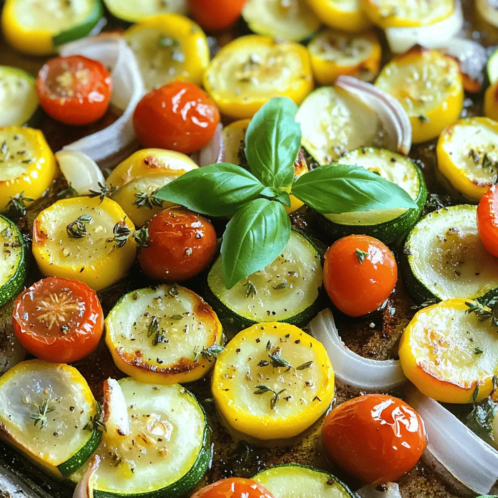 - 1 medium zucchini, sliced - 1 medium yellow squash, sliced - 1 bell pepper (any color), diced - 1 cup cherry tomatoes, halved - 1 red onion, cut into wedges - 2 cloves garlic, minced - 3 tablespoons olive oil - 1 teaspoon dried oregano - 1 teaspoon dried thyme - Salt and pepper to taste - Fresh basil leaves for garnish The base of this dish is fresh vegetables. I love using zucchini and yellow squash because they cook well and stay tender. Bell peppers add color and a sweet bite. The cherry tomatoes burst with flavor, while red onions give a nice crunch. For seasoning, garlic is a must. It brings out the taste of the veggies. Olive oil coats everything and helps with roasting. Dried oregano and thyme add depth. Don’t forget salt and pepper to bring all the flavors together. Finally, fresh basil leaves make a beautiful garnish. They add a pop of color and a hint of freshness. You can find the full recipe to see how to put this all together. - Preheat your oven to 400°F (200°C). - In a large mixing bowl, combine the sliced zucchini, yellow squash, diced bell pepper, halved cherry tomatoes, and onion wedges. - Drizzle with olive oil and add minced garlic, oregano, thyme, salt, and pepper. - Toss to coat the veggies evenly. - Spread the seasoned vegetables on a baking sheet or oven-safe skillet. - Roast for 20-25 minutes, stirring halfway through. - Remove from the oven and let cool for a couple of minutes. - Garnish with fresh basil leaves before serving. This One Pan Summer Veggie Medley is colorful and packed with flavor. Enjoy it as a side or a light meal. For the full recipe, check the section above. - Use a large baking sheet for even cooking. - Do not overcrowd the pan. To keep your veggies crisp, choose a big baking sheet. This helps air flow around them. If you pile too many on, they will steam instead of roast. A single layer is key for crispiness. - Stir the veggies halfway through for uniform browning. - Monitor cooking time; aim for a slight char. Halfway through cooking, stir the veggies. This helps them brown evenly. Keep an eye on the time. You want a nice char, but not burnt. The perfect roast shows some color and tender texture. - Add a splash of balsamic vinegar for tang. - Experiment with different herbs and spices. For extra flavor, try adding balsamic vinegar. Just a little can brighten the dish. Don’t hesitate to play with herbs and spices. Rosemary or paprika can change the taste in fun ways. For the full recipe, feel free to check the details above. {{image_2}} You can easily change this dish by adding protein. - Include chickpeas for a hearty vegetarian option. - Add grilled chicken or shrimp for a protein boost. Chickpeas bring a nutty flavor and good fiber to your meal. They soak up the taste of the veggies and spices. Grilled chicken or shrimp add a nice touch and extra texture. You can season the protein just like the veggies for balance. Changing the veggies with the seasons keeps this dish fresh. - Swap in asparagus or green beans in spring. - Use butternut squash or sweet potatoes in the fall. Asparagus adds a crisp bite that goes well with the soft veggies. Green beans provide a nice crunch. In fall, butternut squash and sweet potatoes give a sweet, rich flavor. These swaps can change the dish's taste while keeping it healthy. Adding different spices can give your dish a whole new vibe. - Add curry powder for an Indian twist. - Incorporate Italian seasoning for a Mediterranean flair. Curry powder brings warmth and depth, making it feel cozy. It pairs well with the sweet tomatoes and onions. Italian seasoning adds herbs that brighten the dish. You can try out these flavors and see what you like best! For the full recipe, visit the earlier section. Keep leftovers in an airtight container in the fridge for up to 3 days. This helps maintain the fresh flavors and crispness of the veggies. Just make sure to let them cool before storing. You can freeze the One Pan Summer Veggie Medley for up to a month. Use freezer-safe bags for best results. When you're ready to enjoy, simply thaw them in the fridge overnight before reheating. Reheat in the oven or microwave until heated through. For the oven, set it to 350°F (175°C) and warm for around 10-15 minutes. This way, your veggies will stay tasty and not get mushy. Enjoy your meal! This recipe is already vegan; just ensure all added ingredients are plant-based. You can easily customize it with your favorite veggies. Yes, but adjust cooking time as needed for even roasting. Frozen veggies may need a bit more time. Stir them halfway for best results. Pair it with quinoa, rice, or as a side to your favorite protein. These options will complement the flavors well. For a complete meal, consider adding a protein source like grilled chicken or chickpeas. This blog post covers a simple yet tasty roasted vegetable medley recipe. You learned about fresh ingredients, step-by-step cooking instructions, and useful tips for perfect roasting. Adding your favorite proteins or herbs can make this dish even better. Store leftovers for quick meals or snacks. Enjoy this dish anytime, knowing it's healthy and easy to prepare. Embrace creativity in the kitchen and make it your own!