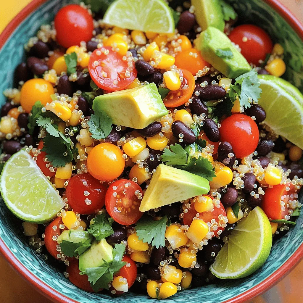 - 1 cup quinoa - 2 cups vegetable broth - 1 can black beans - 1 cup corn kernels - 1 red bell pepper - 1 avocado - 1 cup cherry tomatoes - 1/4 cup red onion - 1/4 cup cilantro - 1 teaspoon ground cumin - 1 teaspoon chili powder - 1 lime - 3 tablespoons olive oil - Salt and pepper to taste Using these fresh and vibrant ingredients makes this salad a joy to eat. Quinoa serves as the base, providing a nice nutty flavor and a good source of protein. Cooking it in vegetable broth adds depth and richness. The black beans add texture and extra protein, while corn brings a sweet crunch. Next, I love the fresh ingredients. The red bell pepper adds a pop of color and sweetness. The creamy avocado makes each bite feel luxurious. Cherry tomatoes burst with freshness, while red onion gives a sharp bite. Cilantro brings a refreshing herbal note that ties it all together. For seasoning, ground cumin and chili powder give warmth and spice. The lime juice adds brightness and zing, while olive oil brings richness. Salt and pepper round out the flavors, making everything taste just right. This balance makes for a flavorful and engaging dish. Check out the Full Recipe for all the details. To start, combine the rinsed quinoa with the vegetable broth in a pot. Use a medium pot for even cooking. Bring the mixture to a boil over medium-high heat. Once it boils, reduce the heat to low. Cover the pot and let it simmer for about 15 minutes. You want all the liquid to be absorbed. After cooking, remove the pot from the heat and let it sit covered for 5 more minutes. This helps the quinoa fluff up. After that, fluff it with a fork. Next, rinse and chop the fresh vegetables. Dice the red bell pepper, chop the red onion and cilantro, and halve the cherry tomatoes. If you are using fresh corn, cut it off the cob. In a large mixing bowl, mix the black beans, corn, and all the chopped vegetables. Stir well to combine everything evenly. This mixture gives the salad a colorful and fresh look. Once the quinoa has cooled slightly, add it to the salad mixture. Stir gently to combine all the ingredients. Now, in a small bowl, whisk together the lime juice, olive oil, cumin, chili powder, salt, and pepper. This dressing adds great flavor. Pour the dressing over the quinoa salad and toss everything until it is evenly coated. Taste the salad and adjust the seasoning if needed. You can add more salt, pepper, or lime juice to fit your taste. To let the flavors meld, chill the salad in the refrigerator for at least 30 minutes before serving. This step makes a big difference in taste. When you are ready to serve, it will be fresh and delicious. You can find the complete recipe in the Full Recipe section. To make the best quinoa, start by rinsing it. This step removes any bitterness. After cooking, let it sit covered for about five minutes. This helps the quinoa become fluffy and light. For extra heat, add jalapeños. They bring a nice kick to the dish. You can also include feta cheese or another cheese for creaminess. This adds a delicious layer to every bite. Make your salad look great by garnishing it with fresh cilantro and lime wedges. This adds color and freshness. Serving in colorful bowls makes the dish pop. It’s all about creating an appetizing look! {{image_2}} You can add grilled chicken or shrimp to make this dish more filling. Both options bring great flavor and texture. If you prefer a vegetarian choice, tofu works well too. Just make sure to press it first to remove excess moisture. This helps the tofu absorb the salad's dressing flavors. Want to switch things up? Use chickpeas instead of black beans for a different taste. Chickpeas add a nice nutty flavor and extra protein. You can also swap avocado for mango if you want a touch of sweetness. Mango adds bright color and a tropical twist that pairs nicely with the spices. This salad is naturally gluten-free, making it a great choice for those with gluten sensitivities. You can easily make it vegan by omitting the honey from any dressing or using a plant-based alternative. Always check the labels on packaged ingredients to ensure they meet your dietary needs. For the Full Recipe, make sure to follow the steps for a delicious Southwest Quinoa Salad! To keep your Southwest Quinoa Salad fresh, use airtight containers. This way, the salad stays tasty and safe to eat. Always store it in the refrigerator. This keeps the ingredients crisp and flavorful. When stored properly, the salad lasts up to 4-5 days in the fridge. If you want to store it longer, you can freeze it. This is perfect for meal prep or future lunches. If you freeze the salad, let it thaw overnight in the fridge. You can serve the salad cold or at room temperature. This makes it a great choice for hot days or picnics. For the full recipe, check the previous section. To cook fluffy quinoa, rinse it first. This removes any bitterness. Use two cups of vegetable broth for every cup of quinoa. Bring it to a boil. Then, lower the heat and cover it. Let it simmer for about 15 minutes. Turn off the heat and let it sit for five more minutes. Fluff it with a fork after it cools. Yes, you can make this salad ahead of time. It tastes even better after chilling. Prepare the salad and dressing separately. Mix them just before serving. This keeps the veggies fresh and crisp. Store it in the fridge for up to three days. Use an airtight container for best results. To make a vegan Southwest Quinoa Salad, simply skip any animal products. The ingredients are already vegan-friendly. Ensure that your vegetable broth is vegan, too. You can add more veggies or beans if you like. Try using lime juice for added flavor. This salad pairs well with many dishes. Serve it alongside grilled chicken for a protein boost. You can also add tortilla chips for crunch. Consider a side of guacamole or salsa for extra flavor. It works great as a light meal or side dish. This blog post covered how to make a tasty Southwest Quinoa Salad. We talked about key ingredients, cooking steps, and tips for success. Remember, fresh veggies and spices give this dish its flavor. You can adjust ingredients to suit your needs, making it great for everyone. Store leftovers properly for lasting enjoyment. With these tips and ideas, you can make a delicious salad that brings joy to your meals. Enjoy your cooking adventure!