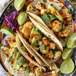 - Cauliflower: 1 medium head cut into florets - Olive Oil: 2 tablespoons - Spices: 1 teaspoon smoked paprika, 1 teaspoon cumin, 1 teaspoon garlic powder - Seasonings: Salt and pepper to taste - Tortillas: 8 small corn tortillas - Toppings: 1 avocado (sliced), ½ cup red cabbage (finely shredded), 1 cup fresh cilantro (chopped) - Serving Garnishes: Lime wedges, hot sauce To start, gather all your ingredients. This will make cooking easier and more fun. The cauliflower acts as the star of the show. It is light, healthy, and packed with flavor. I love using olive oil for roasting. It adds a nice richness to the dish. The spices like smoked paprika and cumin give the cauliflower a warm, smoky taste. The garlic powder is just the right touch to enhance the flavor. Don't forget to season with salt and pepper. This step is key to making sure the cauliflower shines. For the tortillas, I prefer small corn tortillas. They are soft and perfect for holding all the tasty filling. For toppings, I like avocado for its creaminess. Red cabbage adds a nice crunch and color. Fresh cilantro brings a burst of bright flavor. Lastly, lime wedges and hot sauce are perfect for serving. They add freshness and spice to your tacos. For the full recipe, you can check the detailed instructions to make these Roasted Cauliflower Tacos at home. - Preheat your oven to 425°F (220°C). Line a baking sheet with parchment paper. - In a large bowl, toss the cauliflower florets with 2 tablespoons of olive oil. Add 1 teaspoon each of smoked paprika, cumin, garlic powder, salt, and pepper. Mix until all the florets are coated well. - Spread the seasoned cauliflower evenly on the baking sheet. Make sure they are in a single layer for even cooking. - Roast the cauliflower for 25-30 minutes. Flip the florets halfway through to ensure they cook evenly. They should be golden brown and tender when done. - While the cauliflower roasts, warm the 8 small corn tortillas. You can do this on a skillet for about 30 seconds on each side or wrap them in foil and warm them in the oven. - Once the cauliflower is ready, take it out of the oven. Place a few pieces of roasted cauliflower on each tortilla. - Top the tacos with sliced avocado, shredded red cabbage, and chopped cilantro. Serve them right away with lime wedges and a drizzle of hot sauce for extra flavor. For the full recipe, check out the complete details above. Enjoy your meal! To get the best roasted cauliflower, aim for 25 to 30 minutes at 425°F (220°C). This heat gives the cauliflower a nice, golden color. Flip the florets halfway through. This tip helps them cook evenly and adds crispiness. The aim is to reach a tender inside and a crunchy outside. Try adding extra spices for more flavor. A pinch of chili powder or some cayenne can kick up the heat. You could also marinate the cauliflower in lime juice for a zesty twist. If you're into hot sauce, mix some sriracha with mayo for a creamy topping. This combo adds a spicy yet smooth touch. To make your tacos pop, use a colorful platter. Lay out the tacos neatly and add lime wedges for a bright touch. Fresh cilantro adds a nice green contrast. You can also sprinkle some extra red cabbage for crunch and color. These small details make your meal look as good as it tastes! {{image_2}} You can mix up your roasted cauliflower tacos in fun ways. Try using other veggies like bell peppers, zucchini, or sweet potatoes. You can roast these veggies along with the cauliflower. For a protein boost, add black beans or grilled chicken. These options keep the tacos filling and tasty. If you're looking for vegan options, this recipe is a winner. All the ingredients are plant-based. For gluten-free tacos, use corn tortillas, like in the recipe. These small changes ensure everyone can enjoy the meal without worry. Toppings can change the whole vibe of your tacos. Add fresh salsa for a bright kick or crumbled feta for creaminess. You can drizzle a chipotle sauce for a smoky touch. Each topping brings a new flavor, making your tacos even more special. Check out the Full Recipe for more ideas on how to create your perfect taco. Store your roasted cauliflower tacos in an airtight container. Keep them in the fridge for up to three days. To maintain taste and texture, separate the cauliflower from the tortillas and toppings. This method prevents sogginess. To reheat, use an oven or skillet. Preheat your oven to 350°F (175°C). Warm the cauliflower for about 10 minutes until heated through. If using a skillet, add a little oil and heat on medium. This method keeps the cauliflower crispy. You can freeze cooked cauliflower for later use. Allow it to cool completely, then place it in a freezer-safe bag. The cauliflower can stay frozen for up to three months. For the tortillas, wrap them in foil before freezing. Thaw everything in the fridge before reheating. Enjoy tasty tacos anytime! For the full recipe, check the main article. Roasting cauliflower takes about 25 to 30 minutes. Preheat your oven to 425°F (220°C). Spread the cauliflower on a baking sheet. Flip it halfway through for even cooking. You want it golden brown and tender. Yes, you can use frozen cauliflower. It saves time, but fresh gives a better texture. Thaw frozen cauliflower first. Pat it dry to remove excess moisture. This helps it roast well. Fresh cauliflower has a firmer bite and more flavor. I suggest serving black beans or a fresh salad. These add protein and greens to your meal. You can also try rice or quinoa for a filling side. Guacamole pairs well, adding creaminess to the tacos. Enjoy your meal with lime wedges for a zesty touch. In this post, we explored how to make tasty roasted cauliflower tacos. We covered essential ingredients, step-by-step instructions, and tips for perfecting your dish. Remember to use spices you love and experiment with toppings for fun. Whether you enjoy them today or save some for later, these tacos are a hit. Try different veggie fillings or sauces to keep your meals exciting. Enjoy making these delicious tacos as part of a healthy and satisfying meal.