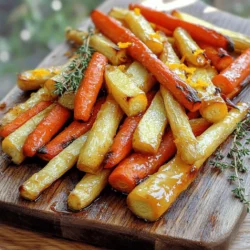 - 4 medium carrots, peeled and cut into sticks - 4 medium parsnips, peeled and cut into sticks - 3 tablespoons honey - 2 tablespoons olive oil - 1 teaspoon fresh thyme leaves (or 1/2 teaspoon dried thyme) - Salt and black pepper to taste - Zest of 1 orange (for a zesty twist) - 1 tablespoon balsamic vinegar (optional, for tanginess) To create the best honey roasted carrots and parsnips, use fresh produce. The carrots give a sweet crunch, while parsnips add a nutty flavor. Honey and olive oil blend well, enhancing the natural taste of the veggies. Fresh thyme adds an earthy note, making each bite special. Salt and black pepper balance the sweetness. Orange zest brings a bright touch, lifting the dish. Balsamic vinegar adds depth, but it’s optional. If you want to try a twist, you can switch up the herbs. Rosemary or sage would also work well. This simple list helps you gather everything before starting. For the full recipe, you can check the complete instructions. Cooking should be fun and easy, so let’s get started! Preheat the Oven Start by preheating your oven to 400°F (200°C). This heat will help the veggies caramelize nicely. Prepare the Vegetables Next, peel and cut 4 medium carrots and 4 medium parsnips into sticks. Make sure the pieces are about the same size. This way, they cook evenly. Mix the Honey Sauce In a small bowl, whisk together 3 tablespoons of honey, 2 tablespoons of olive oil, and 1 teaspoon of fresh thyme leaves. Add salt and black pepper to taste. If you want a zesty twist, include the zest of 1 orange. Optionally, add 1 tablespoon of balsamic vinegar for extra flavor. Coat the Vegetables Pour your honey mixture over the carrot and parsnip sticks in a large bowl. Toss them well. Ensure each piece is coated evenly with the sauce. Arrange on Baking Sheet Spread the coated vegetables on a large baking sheet lined with parchment paper. Make sure they are in a single layer. This helps them roast well without steaming. Roast in the Oven Now, place the baking sheet in the oven. Roast for about 25-30 minutes. Turn the vegetables halfway through. They should be tender and caramelized when done. Ideal Serving Temperature Serve the honey roasted carrots and parsnips warm. This keeps their flavors bright and fresh. Garnishing Tips For a nice touch, garnish your dish with a sprig of fresh thyme and a sprinkle of orange zest. This adds color and extra flavor. Pairing with Main Dishes These honey roasted veggies pair well with roasted chicken, grilled fish, or even a hearty grain dish. Their sweetness balances nicely with savory flavors. Avoiding Overcrowding When you roast vegetables, space is key. If you crowd the pan, they will steam. This makes them mushy instead of crispy. For perfect honey roasted carrots and parsnips, spread them out. Use two baking sheets if needed. This way, each piece gets enough heat. Achieving Optimal Caramelization Caramelization brings out the sweet flavor in your veggies. To get this right, roast at a high heat, around 400°F (200°C). Turn them halfway through cooking. This helps them brown evenly. Look for a golden color on the edges. This shows they are ready. Adding Citrus or Other Spices Want to add a twist? Try adding citrus zest. Orange zest gives a fresh taste. You can also use lemon or lime. If you like spice, add some cinnamon or nutmeg. These flavors pair well with honey. They create a rich taste that excites your palate. Modifying Sweetness Levels If you prefer less sweetness, you can adjust the honey. Start with two tablespoons instead of three. You can also add balsamic vinegar for a tangy taste. This balances the sweetness and adds depth to the flavors. Taste as you go to find your perfect mix. For the complete recipe, check out the [Full Recipe]. {{image_2}} Substituting Vegetables You can change the carrots and parsnips if you want. Try using sweet potatoes or beets. Both add their own unique taste. If you choose sweet potatoes, slice them into similar sticks. Beets will give a colorful twist. Just keep the cooking time similar. Different Sweeteners If you want to switch the honey, you can use maple syrup or agave nectar. Both provide a lovely sweetness. Just remember, these syrups may caramelize faster. Check your veggies more often to avoid burning. Air Fryer Version Using an air fryer is quick and fun. Cut the veggies and coat them as usual. Place them in the air fryer basket. Cook at 375°F for about 15-20 minutes. Toss them halfway for even cooking. This method gives a crisp texture without much oil. Cooking on the Grill Grilling adds a smoky flavor. Toss the coated veggies in a grill basket. Preheat your grill to medium heat. Grill for about 15 minutes, turning often. This method brings a nice char while keeping the insides tender. Explore the full recipe for Honey Roasted Carrots and Parsnips and adjust these variations to fit your taste! After enjoying your honey roasted carrots and parsnips, you may have some leftovers. To store them, place the cool vegetables in an airtight container. This keeps them fresh longer. Make sure to seal the container tightly to prevent air from getting in. You can keep them in the fridge for up to three days. If you want to store them longer, consider freezing them. Place the cooled veggies in a freezer bag. They can last up to three months in the freezer. When you’re ready to enjoy your leftovers, here’s how to reheat them: Oven Reheating Tips Preheat your oven to 350°F (175°C). Spread the carrots and parsnips on a baking sheet. Make sure they are in a single layer. Heat for about 10-15 minutes. This method helps keep them crispy and tasty. Microwave Method For a quick option, you can use the microwave. Place the vegetables on a microwave-safe plate. Cover them with a damp paper towel to keep moisture in. Heat on high for 1-2 minutes. Check if they are warm enough before serving. Following these tips ensures your honey roasted carrots and parsnips remain delicious and enjoyable! You can find the full recipe above for even more details. Can I make this dish ahead of time? Yes, you can prepare the honey roasted carrots and parsnips ahead of time. Cook them as usual, then let them cool. Store them in an airtight container in the fridge for up to three days. When ready to serve, just reheat them in the oven. This brings back their crispiness. How can I adjust the sweetness? To adjust the sweetness, you can change the amount of honey. If you want a less sweet dish, reduce the honey to two tablespoons. Add a splash of lemon juice for a nice balance. This gives the dish a fresh taste without too much sweetness. What can I serve with honey roasted carrots and parsnips? Honey roasted carrots and parsnips pair well with many dishes. You can serve them with roasted chicken or grilled fish. They also work great alongside a hearty grain salad. For a vegetarian option, serve them with quinoa or couscous. These options enhance the meal and create a colorful plate. For the full recipe, check out the Full Recipe section above. In this post, we explored making honey roasted carrots and parsnips. We covered essential ingredients, easy preparation steps, and the cooking process. You learned tips to perfect your roast and flavorful variations. Storing leftovers and reheating them was also discussed. This dish is simple yet delicious. It pairs well with many main dishes. Try these tips and enjoy your honey roasted vegetables!