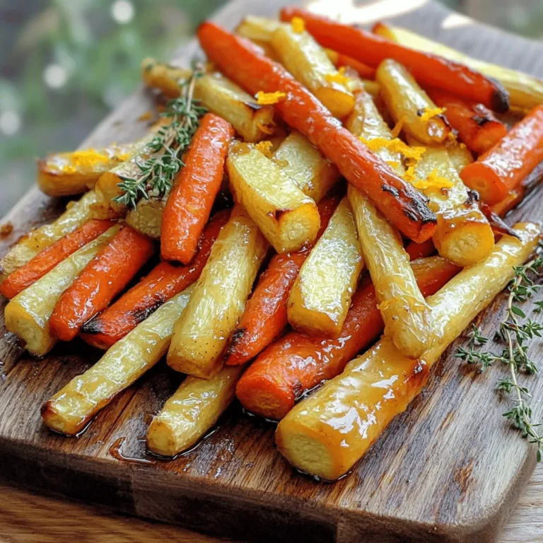 - 4 medium carrots, peeled and cut into sticks - 4 medium parsnips, peeled and cut into sticks - 3 tablespoons honey - 2 tablespoons olive oil - 1 teaspoon fresh thyme leaves (or 1/2 teaspoon dried thyme) - Salt and black pepper to taste - Zest of 1 orange (for a zesty twist) - 1 tablespoon balsamic vinegar (optional, for tanginess) To create the best honey roasted carrots and parsnips, use fresh produce. The carrots give a sweet crunch, while parsnips add a nutty flavor. Honey and olive oil blend well, enhancing the natural taste of the veggies. Fresh thyme adds an earthy note, making each bite special. Salt and black pepper balance the sweetness. Orange zest brings a bright touch, lifting the dish. Balsamic vinegar adds depth, but it’s optional. If you want to try a twist, you can switch up the herbs. Rosemary or sage would also work well. This simple list helps you gather everything before starting. For the full recipe, you can check the complete instructions. Cooking should be fun and easy, so let’s get started! Preheat the Oven Start by preheating your oven to 400°F (200°C). This heat will help the veggies caramelize nicely. Prepare the Vegetables Next, peel and cut 4 medium carrots and 4 medium parsnips into sticks. Make sure the pieces are about the same size. This way, they cook evenly. Mix the Honey Sauce In a small bowl, whisk together 3 tablespoons of honey, 2 tablespoons of olive oil, and 1 teaspoon of fresh thyme leaves. Add salt and black pepper to taste. If you want a zesty twist, include the zest of 1 orange. Optionally, add 1 tablespoon of balsamic vinegar for extra flavor. Coat the Vegetables Pour your honey mixture over the carrot and parsnip sticks in a large bowl. Toss them well. Ensure each piece is coated evenly with the sauce. Arrange on Baking Sheet Spread the coated vegetables on a large baking sheet lined with parchment paper. Make sure they are in a single layer. This helps them roast well without steaming. Roast in the Oven Now, place the baking sheet in the oven. Roast for about 25-30 minutes. Turn the vegetables halfway through. They should be tender and caramelized when done. Ideal Serving Temperature Serve the honey roasted carrots and parsnips warm. This keeps their flavors bright and fresh. Garnishing Tips For a nice touch, garnish your dish with a sprig of fresh thyme and a sprinkle of orange zest. This adds color and extra flavor. Pairing with Main Dishes These honey roasted veggies pair well with roasted chicken, grilled fish, or even a hearty grain dish. Their sweetness balances nicely with savory flavors. Avoiding Overcrowding When you roast vegetables, space is key. If you crowd the pan, they will steam. This makes them mushy instead of crispy. For perfect honey roasted carrots and parsnips, spread them out. Use two baking sheets if needed. This way, each piece gets enough heat. Achieving Optimal Caramelization Caramelization brings out the sweet flavor in your veggies. To get this right, roast at a high heat, around 400°F (200°C). Turn them halfway through cooking. This helps them brown evenly. Look for a golden color on the edges. This shows they are ready. Adding Citrus or Other Spices Want to add a twist? Try adding citrus zest. Orange zest gives a fresh taste. You can also use lemon or lime. If you like spice, add some cinnamon or nutmeg. These flavors pair well with honey. They create a rich taste that excites your palate. Modifying Sweetness Levels If you prefer less sweetness, you can adjust the honey. Start with two tablespoons instead of three. You can also add balsamic vinegar for a tangy taste. This balances the sweetness and adds depth to the flavors. Taste as you go to find your perfect mix. For the complete recipe, check out the [Full Recipe]. {{image_2}} Substituting Vegetables You can change the carrots and parsnips if you want. Try using sweet potatoes or beets. Both add their own unique taste. If you choose sweet potatoes, slice them into similar sticks. Beets will give a colorful twist. Just keep the cooking time similar. Different Sweeteners If you want to switch the honey, you can use maple syrup or agave nectar. Both provide a lovely sweetness. Just remember, these syrups may caramelize faster. Check your veggies more often to avoid burning. Air Fryer Version Using an air fryer is quick and fun. Cut the veggies and coat them as usual. Place them in the air fryer basket. Cook at 375°F for about 15-20 minutes. Toss them halfway for even cooking. This method gives a crisp texture without much oil. Cooking on the Grill Grilling adds a smoky flavor. Toss the coated veggies in a grill basket. Preheat your grill to medium heat. Grill for about 15 minutes, turning often. This method brings a nice char while keeping the insides tender. Explore the full recipe for Honey Roasted Carrots and Parsnips and adjust these variations to fit your taste! After enjoying your honey roasted carrots and parsnips, you may have some leftovers. To store them, place the cool vegetables in an airtight container. This keeps them fresh longer. Make sure to seal the container tightly to prevent air from getting in. You can keep them in the fridge for up to three days. If you want to store them longer, consider freezing them. Place the cooled veggies in a freezer bag. They can last up to three months in the freezer. When you’re ready to enjoy your leftovers, here’s how to reheat them: Oven Reheating Tips Preheat your oven to 350°F (175°C). Spread the carrots and parsnips on a baking sheet. Make sure they are in a single layer. Heat for about 10-15 minutes. This method helps keep them crispy and tasty. Microwave Method For a quick option, you can use the microwave. Place the vegetables on a microwave-safe plate. Cover them with a damp paper towel to keep moisture in. Heat on high for 1-2 minutes. Check if they are warm enough before serving. Following these tips ensures your honey roasted carrots and parsnips remain delicious and enjoyable! You can find the full recipe above for even more details. Can I make this dish ahead of time? Yes, you can prepare the honey roasted carrots and parsnips ahead of time. Cook them as usual, then let them cool. Store them in an airtight container in the fridge for up to three days. When ready to serve, just reheat them in the oven. This brings back their crispiness. How can I adjust the sweetness? To adjust the sweetness, you can change the amount of honey. If you want a less sweet dish, reduce the honey to two tablespoons. Add a splash of lemon juice for a nice balance. This gives the dish a fresh taste without too much sweetness. What can I serve with honey roasted carrots and parsnips? Honey roasted carrots and parsnips pair well with many dishes. You can serve them with roasted chicken or grilled fish. They also work great alongside a hearty grain salad. For a vegetarian option, serve them with quinoa or couscous. These options enhance the meal and create a colorful plate. For the full recipe, check out the Full Recipe section above. In this post, we explored making honey roasted carrots and parsnips. We covered essential ingredients, easy preparation steps, and the cooking process. You learned tips to perfect your roast and flavorful variations. Storing leftovers and reheating them was also discussed. This dish is simple yet delicious. It pairs well with many main dishes. Try these tips and enjoy your honey roasted vegetables!