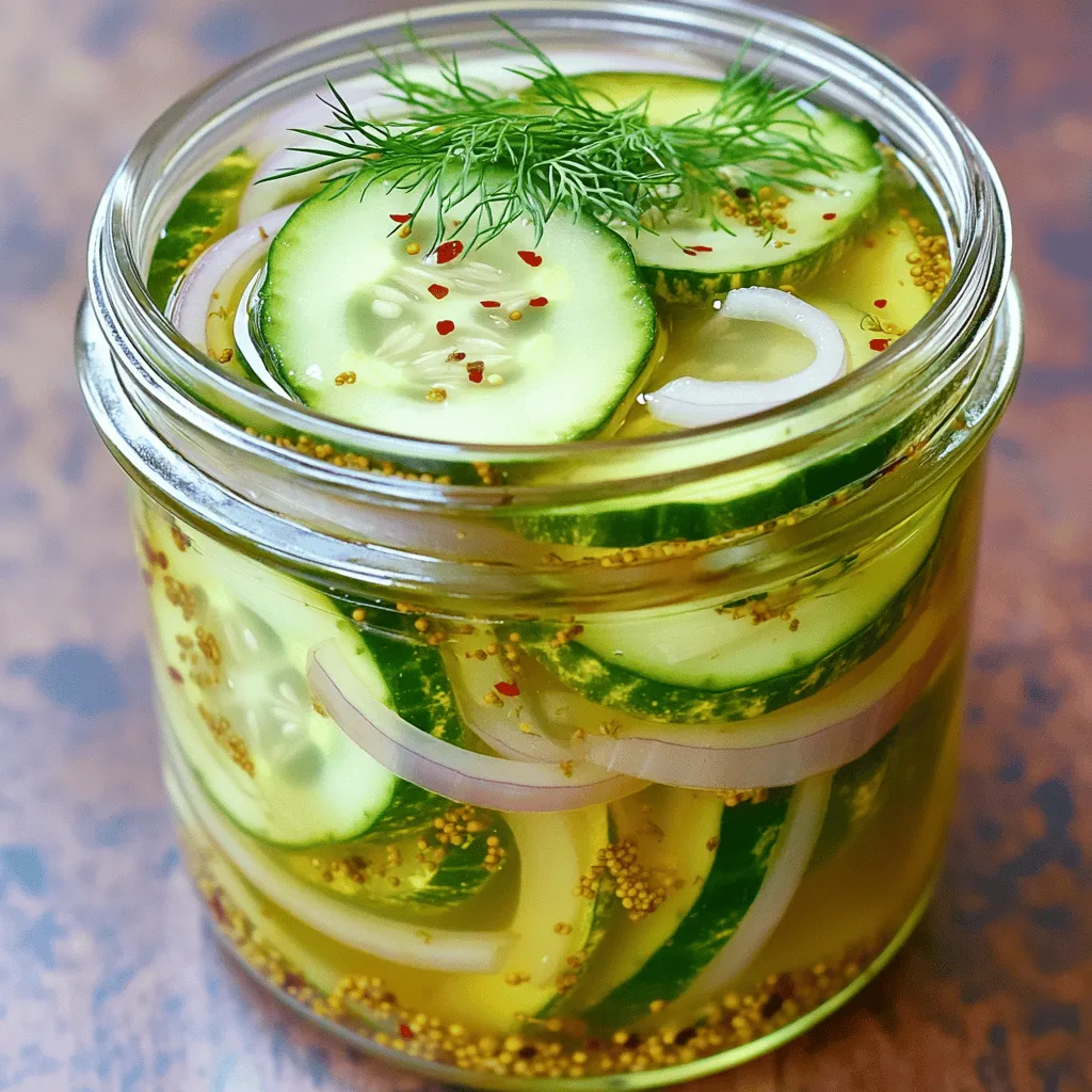 - 4 medium cucumbers, thinly sliced - 1 cup apple cider vinegar - 1 cup granulated sugar - 1 tablespoon kosher salt - 1 teaspoon mustard seeds - 1 teaspoon dill seeds - 1 teaspoon garlic powder - 1/2 teaspoon red pepper flakes (optional for spice) - 1/2 onion, thinly sliced - Fresh dill sprigs for garnish To make sweet and tangy refrigerator pickles, start with fresh cucumbers. I always choose medium-sized ones for the best crunch. The apple cider vinegar gives the pickles their tangy kick. You will need one cup of it. Granulated sugar adds sweetness. Use one cup for the perfect balance. Kosher salt helps to enhance the flavors. One tablespoon is all you need. Mustard and dill seeds bring depth to the taste. One teaspoon of each will do. Garlic powder adds a nice touch, too. A teaspoon is enough for flavor. If you like a bit of heat, add red pepper flakes. Just a half teaspoon can spice things up. You will also need half an onion, sliced thin. Finally, fresh dill sprigs will add a lovely finish to your pickles. Gather all these ingredients to create your sweet and tangy refrigerator pickles. This recipe is simple and full of flavor. For the complete method, check the Full Recipe. 1. Mixing the vinegar solution: Start by grabbing a mixing bowl. Pour in 1 cup of apple cider vinegar. Add 1 cup of granulated sugar and 1 tablespoon of kosher salt. Stir this mix until the sugar and salt dissolve completely. This step creates a sweet and tangy base for your pickles. 2. Layering the cucumbers and onions: Take 4 medium cucumbers and slice them thin. Use a sharp knife for the best results. Next, slice half an onion. In a clean glass jar, layer the cucumber slices followed by the onion slices. Make sure to pack them tightly but gently. 3. Pouring the marinade over the veggies: Once your jar is layered, take the vinegar mix and pour it over the veggies. Ensure that the cucumbers and onions are fully submerged. This step helps the flavors soak in deeply. 1. Sealing the jar: After pouring the marinade, seal the jar tightly with its lid. This keeps the flavors locked in and prevents spills. 2. Shaking the mixture: Give the jar a gentle shake. This helps distribute the spices evenly throughout the cucumbers and onions. You want every bite to be flavorful. 3. Refrigeration time: Place your jar in the refrigerator. Let it sit for at least 24 hours, but 48 hours is best for full flavor. During this time, the pickles will absorb all the tangy goodness from the marinade, creating a delightful treat. For the complete recipe and more details, check out the Full Recipe. To get the right taste, you must adjust the sugar and vinegar. Start with equal parts of sugar and vinegar, like 1 cup each. If you want more sweetness, add a bit more sugar. For more tartness, add extra vinegar. Infusion time also plays a big role. I suggest letting your pickles sit for 48 hours. This allows the flavors to blend well. If you are in a hurry, 24 hours works too, but longer is better. Layering your ingredients right helps with flavor. Start with a layer of cucumbers, then onions. This method helps the spices reach every bite. For even spice distribution, mix your spices into the vinegar well. Make sure you pour the vinegar mixture evenly over the layers. This way, every bite of your pickles is packed with flavor. Check out the Full Recipe for more tips. {{image_2}} You can make your sweet and tangy refrigerator pickles even better by adding spices. Try adding coriander or black pepper to the mix. These spices bring warmth and depth to the flavors. Just a pinch of black pepper can make a big difference. Coriander adds a unique, bright taste. Get creative with your spice choices! You don’t have to stick to just cucumbers. You can add other veggies for fun flavors. Carrots and bell peppers work great in this recipe. Slice them thin and layer them with the cucumbers. You get a colorful jar full of crunch. Each veggie brings its own taste, making every bite exciting. If you want to switch up the sweetness, consider using honey or maple syrup. These natural sweeteners can enhance the pickles without being too sugary. Honey adds a rich flavor, while maple syrup gives a nice twist. You can adjust the amount to fit your taste. Experimenting with sweetness can lead to a new favorite recipe! For the full recipe, check out the Sweet and Tangy Refrigerator Pickles section. To keep your sweet and tangy refrigerator pickles fresh, use clean glass jars with tight lids. Glass helps maintain the flavor and crunch of the cucumbers. Make sure the jars are dry before adding the pickles. Fill each jar with the cucumbers and onions, then pour the vinegar mixture over them. Ensure the cucumbers are fully covered by the liquid. In the refrigerator, these pickles last about two weeks. The flavors will deepen over time, so try to wait at least 24 hours before tasting. If you want them to stay crisp, keep them in the coldest part of your fridge. Always check your pickles before eating them. Look for these signs to ensure freshness: - Color Change: If the cucumbers turn mushy or discolored, it's time to discard them. - Smell: A sour or off smell indicates spoilage. - Bubbles: If you see bubbles in the jar, it may mean fermentation has started. - Texture: If the pickles feel slimy, they are no longer safe to eat. By storing your sweet and tangy refrigerator pickles right, you can enjoy their flavor and crunch for longer! Sweet and tangy refrigerator pickles can last up to two months in the fridge. Store them in a clean, airtight jar. Make sure the cucumbers stay submerged in the brine. This helps keep them fresh longer. If you notice any off smells or changes in color, discard them. You can can these pickles, but the method is different. Canning requires heat to kill bacteria. It also creates a vacuum seal. With refrigerator pickles, you skip this step. They are quick, easy, and ready in a day or two. Canned pickles can last for years, while refrigerator pickles are best enjoyed fresh. Refrigerator pickles are quick to make and full of flavor. They often have less salt than canned options. You can also control the sweetness. Plus, they use fresh ingredients, which can be healthier. The crunch of fresh cucumbers stays intact. Enjoy them on sandwiches or as a snack. You get a tasty boost of flavor without much effort. Check out the Full Recipe for more delicious details! You’ve learned how to make delicious refrigerator pickles with simple steps. This recipe includes cucumbers, onions, and flavorful spices. We covered how to mix the vinegar solution, layer the veggies, and seal the jar. Remember, you can adjust the sweetness and add different spices for variety. With proper storage, these pickles can stay fresh for weeks. Enjoy them on sandwiches or as a snack. Making refrigerator pickles is fun and easy, adding tasty crunch to your meals. Give it a try—you'll love the results!