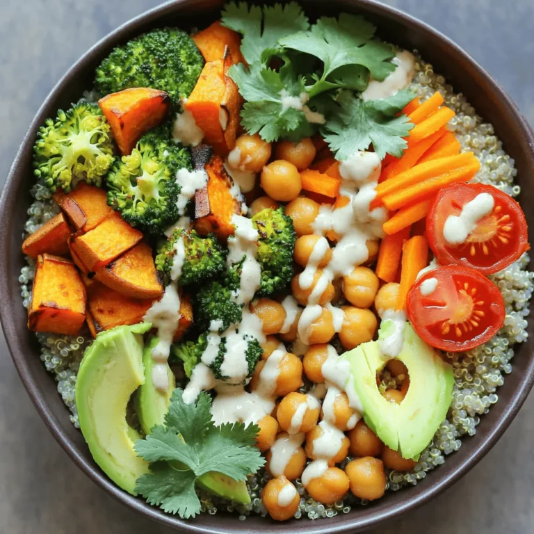 - 1 cup quinoa - 2 cups vegetable broth or water - 1 cup chickpeas, canned or cooked - 1 medium sweet potato, diced - 1 cup broccoli florets - 1 medium carrot, julienned - 1 avocado, sliced - 1/2 cup cherry tomatoes, halved - 1 tablespoon olive oil - Salt and pepper to taste - 1 teaspoon garlic powder - 1 teaspoon smoked paprika - 2 tablespoons tahini - 1 tablespoon lemon juice - Fresh cilantro or parsley for garnish The Vegan Buddha Bowl is a colorful dish full of taste. You can mix and match ingredients based on what you love. This bowl is not just pretty; it's also good for you. The main ingredients provide a great base. Quinoa is a super grain. It's packed with protein and fiber. Sweet potatoes add sweetness and color. Chickpeas bring protein and crunch. Avocado gives a creamy touch. For seasonings, use garlic powder and smoked paprika. These add depth to your bowl. The tahini dressing is creamy and tangy. It ties all the flavors together. Garnish with fresh herbs. They add a pop of color and freshness. You can find the full recipe to guide you through making this vibrant dish. Enjoy creating your Vegan Buddha Bowl! - Preheat the oven to 425°F (220°C). - Rinse quinoa thoroughly before cooking. - Toss sweet potatoes and broccoli in olive oil and seasonings. - Spread on a baking sheet and roast for 20-25 minutes. To roast, first, cut your sweet potato and broccoli into bite-sized pieces. This helps them cook evenly. Use a large bowl for tossing. Add 1 tablespoon of olive oil, salt, pepper, garlic powder, and smoked paprika. Mix well to coat all pieces. Place the veggies on a baking sheet in a single layer. This allows them to roast properly. Halfway through, shake the pan to turn the veggies. This step helps them brown evenly and adds great flavor. - Bring vegetable broth to boil, add quinoa, and simmer until cooked. Use a medium saucepan for cooking quinoa. Start by pouring in 2 cups of vegetable broth or water. Bring it to a boil. Once boiling, add 1 cup of rinsed quinoa. Stir it, cover the pot, and turn the heat down. Let it simmer for about 15 minutes. When the broth absorbs, turn off the heat. Allow it to sit for 5 minutes with the lid on. This makes the quinoa fluffy and light. - Whisk together tahini, lemon juice, and seasonings for a creamy texture. For the dressing, take a small bowl. Add 2 tablespoons of tahini and 1 tablespoon of lemon juice. Mix them well. If the dressing is too thick, add a splash of water. This helps it drizzle nicely over your bowl. Taste and adjust with salt if needed. - Layer cooked quinoa, roasted vegetables, chickpeas, and toppings in a bowl. Start with a base of the fluffy quinoa. Next, add the roasted sweet potatoes and broccoli evenly on top. Then, add 1 cup of chickpeas for protein. Lastly, layer in your favorite toppings like sliced avocado, julienned carrots, and cherry tomatoes. Drizzle the creamy tahini dressing over everything. Garnish with fresh cilantro or parsley. Enjoy your vibrant Vegan Buddha Bowl packed with flavorful goodness! For the full recipe, check out the complete instructions above. - Use 2 cups of water for 1 cup of quinoa. This ratio gives fluffy results. - After cooking, let it sit covered for 5 minutes. This step helps the texture. - Cut sweet potatoes and broccoli into even pieces. This ensures they cook uniformly. - Try different seasonings like cumin or thyme to add extra flavor. Fresh herbs work too. - Use bright bowls to make your dish stand out. Colorful food is more fun to eat! - Neatly arrange each ingredient in the bowl. This creates a beautiful presentation. These tips will help you create a Vegan Buddha Bowl that is not only tasty but also visually appealing. Don’t forget to check out the Full Recipe for more details on how to prepare this delicious meal! {{image_2}} To keep things interesting, you can swap out chickpeas for black beans or tofu. Both options add great flavor and texture. If you want some extra crunch, consider adding your favorite nuts or seeds. Almonds, sunflower seeds, or pumpkin seeds can make your bowl even more satisfying. You don’t have to stick with quinoa. Brown rice or couscous are wonderful substitutes. They bring a different taste and texture to your dish. If you’re feeling adventurous, try ancient grains like farro or barley. These grains add unique flavors and more nutrients. Use seasonal vegetables to keep your bowl fresh and exciting. You can mix in bell peppers, spinach, or zucchini for a fun twist. Don’t be afraid to get creative with your veggie choices. Each season brings new options, so feel free to explore what’s available. Store leftovers in airtight containers for up to 3 days. This keeps your meal fresh and tasty. Always keep the dressing separate. Doing this helps it stay creamy and bright. You can freeze the assembled bowls without dressing for up to 1 month. This is great for meal prep! Just thaw in the refrigerator overnight before you enjoy it. It makes for a quick lunch or dinner. Reheat your Buddha bowl in the microwave or on the stove. If it seems a bit dry, add a splash of water. This will help bring back the flavor and moisture. Yes, you can prep the bowl and store it for easy assembly later. I often make the quinoa and roast the veggies in advance. Storing them separately keeps everything fresh. When you are ready to eat, just mix and enjoy! A Vegan Buddha Bowl is rich in nutrients and fiber. It packs in plant-based proteins, which support muscle health. Eating a bowl can help boost your energy levels and keep you full. Plus, it includes a variety of vitamins and minerals. You can swap ingredients based on your taste or diet. If you don’t like chickpeas, try black beans or lentils. Want more crunch? Add some nuts or seeds. You can also mix in your favorite veggies or grains. Feel free to get creative! A creamy tahini dressing or a simple vinaigrette works great. I love to whisk tahini with lemon juice and a pinch of salt. If you want it thinner, just add a splash of water. Always taste and adjust to your liking! This blog post covered how to make a tasty Vegan Buddha Bowl. We explored the main ingredients, seasonings, and step-by-step instructions. I shared tips for cooking quinoa, roasting veggies, and various ways to customize the bowl. Remember, you can adapt the recipe to use your favorite proteins or grains. Whether for lunch or dinner, it’s an easy dish that is both nutritious and enjoyable. Enjoy creating your own Buddha bowl that fits your taste and lifestyle.