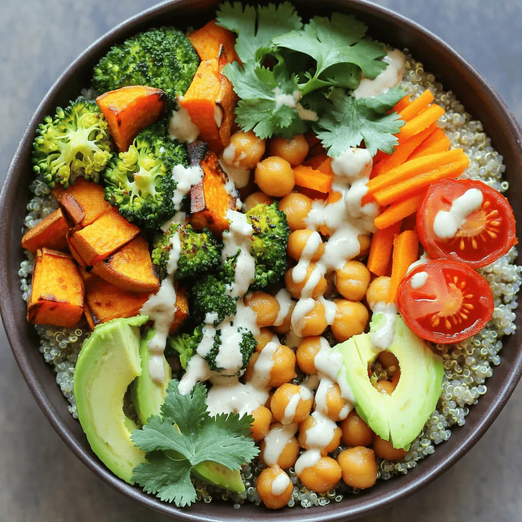 - 1 cup quinoa - 2 cups vegetable broth or water - 1 cup chickpeas, canned or cooked - 1 medium sweet potato, diced - 1 cup broccoli florets - 1 medium carrot, julienned - 1 avocado, sliced - 1/2 cup cherry tomatoes, halved - 1 tablespoon olive oil - Salt and pepper to taste - 1 teaspoon garlic powder - 1 teaspoon smoked paprika - 2 tablespoons tahini - 1 tablespoon lemon juice - Fresh cilantro or parsley for garnish The Vegan Buddha Bowl is a colorful dish full of taste. You can mix and match ingredients based on what you love. This bowl is not just pretty; it's also good for you. The main ingredients provide a great base. Quinoa is a super grain. It's packed with protein and fiber. Sweet potatoes add sweetness and color. Chickpeas bring protein and crunch. Avocado gives a creamy touch. For seasonings, use garlic powder and smoked paprika. These add depth to your bowl. The tahini dressing is creamy and tangy. It ties all the flavors together. Garnish with fresh herbs. They add a pop of color and freshness. You can find the full recipe to guide you through making this vibrant dish. Enjoy creating your Vegan Buddha Bowl! - Preheat the oven to 425°F (220°C). - Rinse quinoa thoroughly before cooking. - Toss sweet potatoes and broccoli in olive oil and seasonings. - Spread on a baking sheet and roast for 20-25 minutes. To roast, first, cut your sweet potato and broccoli into bite-sized pieces. This helps them cook evenly. Use a large bowl for tossing. Add 1 tablespoon of olive oil, salt, pepper, garlic powder, and smoked paprika. Mix well to coat all pieces. Place the veggies on a baking sheet in a single layer. This allows them to roast properly. Halfway through, shake the pan to turn the veggies. This step helps them brown evenly and adds great flavor. - Bring vegetable broth to boil, add quinoa, and simmer until cooked. Use a medium saucepan for cooking quinoa. Start by pouring in 2 cups of vegetable broth or water. Bring it to a boil. Once boiling, add 1 cup of rinsed quinoa. Stir it, cover the pot, and turn the heat down. Let it simmer for about 15 minutes. When the broth absorbs, turn off the heat. Allow it to sit for 5 minutes with the lid on. This makes the quinoa fluffy and light. - Whisk together tahini, lemon juice, and seasonings for a creamy texture. For the dressing, take a small bowl. Add 2 tablespoons of tahini and 1 tablespoon of lemon juice. Mix them well. If the dressing is too thick, add a splash of water. This helps it drizzle nicely over your bowl. Taste and adjust with salt if needed. - Layer cooked quinoa, roasted vegetables, chickpeas, and toppings in a bowl. Start with a base of the fluffy quinoa. Next, add the roasted sweet potatoes and broccoli evenly on top. Then, add 1 cup of chickpeas for protein. Lastly, layer in your favorite toppings like sliced avocado, julienned carrots, and cherry tomatoes. Drizzle the creamy tahini dressing over everything. Garnish with fresh cilantro or parsley. Enjoy your vibrant Vegan Buddha Bowl packed with flavorful goodness! For the full recipe, check out the complete instructions above. - Use 2 cups of water for 1 cup of quinoa. This ratio gives fluffy results. - After cooking, let it sit covered for 5 minutes. This step helps the texture. - Cut sweet potatoes and broccoli into even pieces. This ensures they cook uniformly. - Try different seasonings like cumin or thyme to add extra flavor. Fresh herbs work too. - Use bright bowls to make your dish stand out. Colorful food is more fun to eat! - Neatly arrange each ingredient in the bowl. This creates a beautiful presentation. These tips will help you create a Vegan Buddha Bowl that is not only tasty but also visually appealing. Don’t forget to check out the Full Recipe for more details on how to prepare this delicious meal! {{image_2}} To keep things interesting, you can swap out chickpeas for black beans or tofu. Both options add great flavor and texture. If you want some extra crunch, consider adding your favorite nuts or seeds. Almonds, sunflower seeds, or pumpkin seeds can make your bowl even more satisfying. You don’t have to stick with quinoa. Brown rice or couscous are wonderful substitutes. They bring a different taste and texture to your dish. If you’re feeling adventurous, try ancient grains like farro or barley. These grains add unique flavors and more nutrients. Use seasonal vegetables to keep your bowl fresh and exciting. You can mix in bell peppers, spinach, or zucchini for a fun twist. Don’t be afraid to get creative with your veggie choices. Each season brings new options, so feel free to explore what’s available. Store leftovers in airtight containers for up to 3 days. This keeps your meal fresh and tasty. Always keep the dressing separate. Doing this helps it stay creamy and bright. You can freeze the assembled bowls without dressing for up to 1 month. This is great for meal prep! Just thaw in the refrigerator overnight before you enjoy it. It makes for a quick lunch or dinner. Reheat your Buddha bowl in the microwave or on the stove. If it seems a bit dry, add a splash of water. This will help bring back the flavor and moisture. Yes, you can prep the bowl and store it for easy assembly later. I often make the quinoa and roast the veggies in advance. Storing them separately keeps everything fresh. When you are ready to eat, just mix and enjoy! A Vegan Buddha Bowl is rich in nutrients and fiber. It packs in plant-based proteins, which support muscle health. Eating a bowl can help boost your energy levels and keep you full. Plus, it includes a variety of vitamins and minerals. You can swap ingredients based on your taste or diet. If you don’t like chickpeas, try black beans or lentils. Want more crunch? Add some nuts or seeds. You can also mix in your favorite veggies or grains. Feel free to get creative! A creamy tahini dressing or a simple vinaigrette works great. I love to whisk tahini with lemon juice and a pinch of salt. If you want it thinner, just add a splash of water. Always taste and adjust to your liking! This blog post covered how to make a tasty Vegan Buddha Bowl. We explored the main ingredients, seasonings, and step-by-step instructions. I shared tips for cooking quinoa, roasting veggies, and various ways to customize the bowl. Remember, you can adapt the recipe to use your favorite proteins or grains. Whether for lunch or dinner, it’s an easy dish that is both nutritious and enjoyable. Enjoy creating your own Buddha bowl that fits your taste and lifestyle.