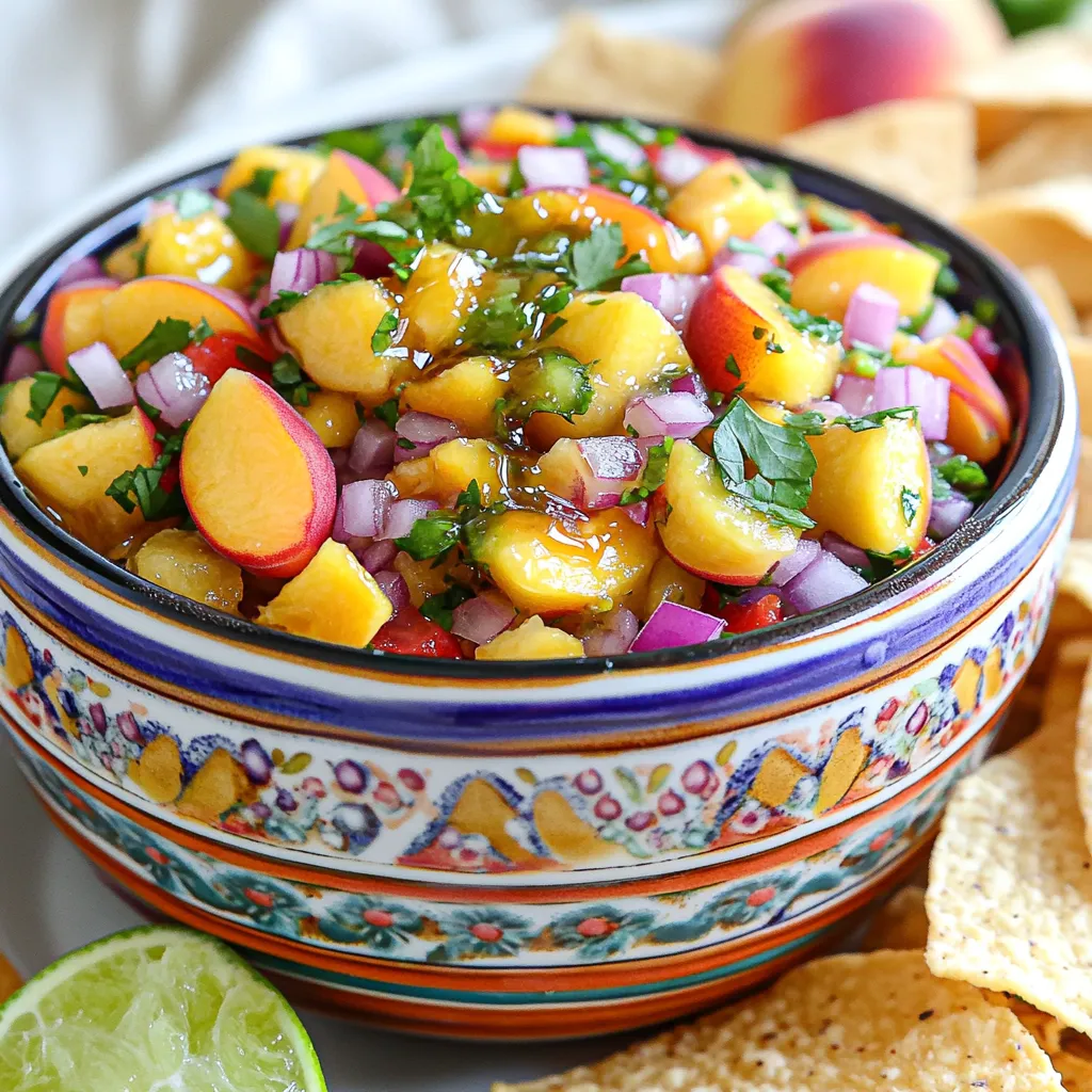 To make fresh peach salsa, you'll need a few simple ingredients. Each one adds flavor and texture to your dish. Here’s what you need: - Ripe peaches - Red onion - Red bell pepper - Jalapeño - Fresh cilantro - Lime juice - Honey - Salt Ripe peaches are key. They should be soft and fragrant. Red onion adds a nice crunch and a bit of bite. The red bell pepper brings sweetness and color. Jalapeño gives a spicy kick, but you can adjust it to your taste. Fresh cilantro adds a bright, herbal note. Lime juice brightens the salsa and keeps it fresh. Honey can balance the spice and enhance sweetness if you like. Finally, salt brings all the flavors together. You can find the full recipe in the recipe section above. This salsa is perfect for summer gatherings or a tasty snack anytime. 1. Start by peeling the peaches. Use a sharp knife to cut off the skin. Then, dice the peaches into small cubes and place them in a mixing bowl. This fresh fruit gives the salsa its sweet base. 2. Next, chop the red onion. Make sure you cut it finely so it mixes well. Add the chopped onion to the bowl with the peaches. The onion adds a nice crunch and flavor. 3. Now, dice the red bell pepper and jalapeño. Remove the seeds from the jalapeño for less heat. Mix these diced veggies into the bowl. This step adds color and a kick to your salsa. 4. Finally, finely chop fresh cilantro. Fold it into the salsa mixture. This herb gives the salsa a fresh taste. 1. Drizzle the lime juice over the mixture. This juice helps brighten the flavors. If you want extra sweetness, add honey at this point. 2. Season your salsa with salt to taste. This step brings all the flavors together. 3. Let the salsa sit for at least 15 minutes. This allows the flavors to meld. You can find the full recipe for fresh peach salsa at the beginning. Serve your fresh peach salsa with chips or on grilled dishes. Enjoy the burst of flavors! To make your fresh peach salsa pop, use ripe, seasonal peaches. These peaches have the best taste and sweetness. Choose peaches that feel slightly soft to the touch. They should smell sweet and fragrant. Balancing sweetness with honey can help bring out peach flavors. If your peaches are not very sweet, add a tablespoon of honey. This extra touch can make a big difference. You can adjust spice levels with jalapeño. If you like heat, keep the seeds and ribs in the jalapeño. For a milder salsa, remove them. You can also use less jalapeño if you prefer less spice. Serving suggestions with tortilla chips make for a great snack. Use a colorful bowl to hold your salsa. This adds fun and excitement to your table. Garnishing with cilantro and lime wedges can make the dish look beautiful. Sprinkle chopped cilantro on top for a fresh look. Place lime wedges around the bowl for a bright touch. This also invites others to squeeze lime juice into their salsa. For the full recipe, check out the details above! {{image_2}} You can switch up the flavors in your peach salsa. Here are some fun ideas: - Substituting mango for peaches: Mango adds a sweet twist. This swap makes the salsa tropical and bright. - Adding diced avocado or tomatoes: Avocado brings creaminess. Tomatoes add juiciness and color. Both make the salsa richer. - Experimenting with different herbs: Try mint or basil instead of cilantro. Each herb gives the salsa a fresh taste. Changing the flavor profile can make your salsa unique. Here’s how to do it: - Incorporating spices like cumin: Cumin adds warmth. Just a pinch can enhance the peach flavor and give it depth. - Using a splash of vinegar for tanginess: A little vinegar can brighten the salsa. It balances the sweetness of the peaches and makes the taste pop. These variations let you enjoy fresh peach salsa in new ways. Check out the Full Recipe for the base salsa and start experimenting! To keep fresh peach salsa tasty, store it in the fridge. Use an airtight container. This will help keep the salsa fresh and prevent it from drying out. Glass or plastic containers work well. Make sure the lid seals tightly to avoid any air getting in. Fresh peach salsa lasts about 3 to 5 days in the fridge. The longer it sits, the more the flavors blend. However, be mindful of spoilage signs. If you see any mold or if it smells sour, it's time to toss it. Fresh salsa should look bright and colorful. Enjoy the taste while it’s still fresh! Can I use canned peaches for this recipe? Yes, you can use canned peaches. However, fresh peaches taste better. Canned peaches may be softer and sweeter. If you choose canned, drain them well. This will help keep your salsa from being too watery. What can I serve with peach salsa? Peach salsa pairs well with many dishes. Serve it with tortilla chips for a crunchy snack. You can also use it as a topping on grilled chicken or fish. It adds a fresh twist to tacos and burritos too! How long does homemade peach salsa last? Homemade peach salsa lasts about three to five days in the fridge. Store it in a sealed container. Check for any signs of spoilage before using. If it smells sour or looks strange, it’s best to toss it out. For the full recipe, check out the detailed steps above. This blog post guided you through making fresh peach salsa. We covered the key ingredients, like ripe peaches and jalapeño, and the steps to blend them perfectly. I shared tips for enhancing flavor and discussed fun variations you can try. Remember to store your salsa properly to keep it fresh. Whether you use it with chips or as a topping, it’s a dish that shines in flavor and color. Enjoy experimenting with this recipe and making it your own!