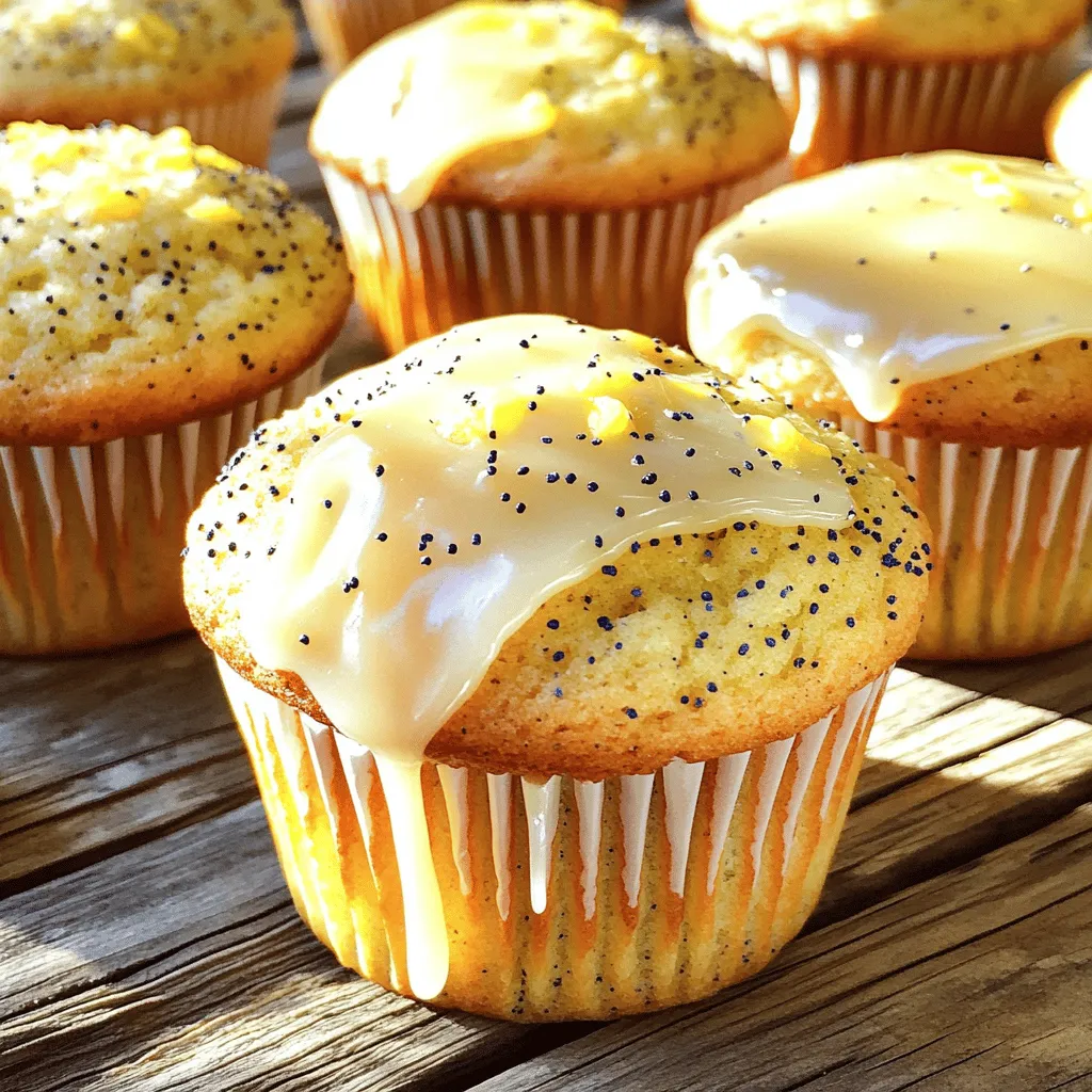 To make my lemon poppy seed muffins, gather these simple ingredients: - 1 ½ cups all-purpose flour - ½ cup granulated sugar - 2 teaspoons baking powder - ½ teaspoon baking soda - ½ teaspoon salt - Zest of 2 lemons - ½ cup buttermilk (or milk + 1 teaspoon vinegar) - 1/3 cup vegetable oil - 2 large eggs - 2 tablespoons fresh lemon juice - 2 tablespoons poppy seeds - Optional: Glaze (1 cup powdered sugar + 2 tablespoons lemon juice) These ingredients create a bright and zesty flavor. The lemon zest adds freshness, while the poppy seeds give a fun crunch. Using buttermilk helps keep the muffins moist and fluffy. If you want a sweeter treat, consider making the optional glaze. It adds a lovely finish and extra flavor. Each ingredient plays a role in making these muffins a delightful snack or breakfast treat. You can find the full recipe details to help guide you through the process. 1. Preheat your oven and prepare the muffin tin Start by preheating your oven to 350°F (175°C). This helps the muffins bake evenly. While the oven warms, take a muffin tin and line it with paper liners or lightly grease each cup. This keeps the muffins from sticking. 2. Mixing dry ingredients In a large bowl, combine 1 ½ cups of all-purpose flour, ½ cup of granulated sugar, 2 teaspoons of baking powder, ½ teaspoon of baking soda, ½ teaspoon of salt, and the zest of 2 lemons. Whisk these together until everything is well mixed. This creates a base for your muffins. 3. Combining wet ingredients In another bowl, mix ½ cup of buttermilk, 1/3 cup of vegetable oil, 2 large eggs, 2 tablespoons of fresh lemon juice, and 2 tablespoons of poppy seeds. Stir until smooth. These ingredients add moisture and flavor to your muffins. 1. Combining wet and dry mixtures Pour the wet ingredients into the dry mixture. Gently stir until just combined. The batter will be a bit lumpy, which is perfectly fine. Avoid overmixing; this keeps your muffins light and fluffy. 2. Filling muffin cups Fill each muffin cup about 2/3 full with the batter. This gives them room to rise while baking. 3. Baking time and checking for doneness Place the muffin tin in the preheated oven. Bake for 15-18 minutes. To check if they are done, insert a toothpick into the center of a muffin. If it comes out clean, they are ready. 1. Cooling muffins in the tin Once baked, let the muffins cool in the tin for about 5 minutes. This step helps them firm up and makes them easier to remove. 2. Optional glaze preparation For a sweet touch, mix 1 cup of powdered sugar with 2 tablespoons of lemon juice. Drizzle this glaze over the cooled muffins. It adds a lovely shine and extra flavor! Try this full recipe to enjoy these tasty treats. To ensure your muffins are perfect, avoid overmixing. When you mix the wet and dry ingredients, stir gently. Stop as soon as you see no dry flour. This keeps your muffins light and fluffy. Overmixing can make them tough. For the muffins to rise well, fill each cup about two-thirds full. This gives them space to grow without overflowing. Always preheat your oven to 350°F (175°C). A hot oven helps the muffins rise quickly. If you don't have buttermilk, you can use regular milk. Just add one teaspoon of vinegar to the milk and let it sit for five minutes. This will mimic buttermilk's tangy flavor. Choose fresh lemons for the best taste. Look for lemons that are firm and heavy for their size. Quality poppy seeds matter too. Fresh seeds have a nutty flavor that enhances the muffins. Pair these muffins with tea or coffee for a delightful treat. They also go well with yogurt or fresh fruit. To keep your muffins fresh, store them in an airtight container. They last up to three days at room temperature. If you want them to last longer, freeze them. Just make sure they cool completely before freezing. For a quick snack, warm them in the microwave for a few seconds. For the full recipe, check the details in the article. {{image_2}} For those who need gluten-free options, you can use gluten-free flour blends. These blends often have a mix of rice flour, tapioca starch, and potato starch. They can replace all-purpose flour in equal amounts. Just check that your blend contains xanthan gum or add a teaspoon for better texture. You can make these muffins vegan by swapping eggs and dairy. Use flaxseed meal mixed with water as an egg substitute. For each egg, mix 1 tablespoon of flaxseed meal with 2.5 tablespoons of water. Let it sit for a few minutes to thicken. Replace buttermilk with almond milk mixed with a teaspoon of lemon juice for a tangy taste. If you want extra flavor, consider adding blueberries or raspberries. These fruits pair well with lemon and add nice color. Try adding a teaspoon of vanilla extract or a pinch of cardamom for a unique twist. You could also mix in some chopped nuts for added crunch. Each of these options can elevate your muffins to a new level. For the full recipe, check out the Sunny Lemon Poppy Seed Muffins section. Store your lemon poppy seed muffins at room temperature. Keep them in an airtight container for up to three days. This helps maintain their soft texture. If you want to keep them longer, refrigeration is an option. However, it may change their texture. You can also wrap them in plastic wrap before placing them in the fridge. Freezing is a great way to keep muffins fresh. Wrap each muffin in plastic wrap tightly. Then, place them in a freezer-safe bag or container. Make sure to remove as much air as possible. This helps prevent freezer burn. You can freeze them for up to three months. When you’re ready to enjoy one, simply take it out and let it thaw at room temperature. To reheat muffins, use your oven for the best taste. Preheat it to 350°F (175°C). Place the muffins on a baking sheet. Heat them for about 10 minutes. If you're in a hurry, you can use the microwave. Heat each muffin for about 15-20 seconds. This warms them up without drying them out. Enjoy your fresh and flavorful treat! For the full recipe, check the previous sections. Yes, you can use whole wheat flour. However, it will change the texture. Whole wheat flour makes the muffins denser and adds a nutty flavor. To keep them light, try using half all-purpose flour and half whole wheat flour. This mix gives you the best of both worlds. Homemade muffins can last about 3 to 5 days at room temperature. Keep them in an airtight container to maintain freshness. If you want them to last longer, store them in the fridge. This can extend their life to about a week. Buttermilk adds moisture and a slight tang to the muffins. It helps activate the baking soda, creating a lighter texture. If you don’t have buttermilk, you can make a substitute. Mix regular milk with a teaspoon of vinegar. This makes a great stand-in for buttermilk. In this blog post, I covered the essential ingredients for lemon poppy seed muffins, step-by-step baking instructions, and helpful tips for success. I also explored variations for different diets and how to store your muffins. Remember, baking is fun and creative. With the right ingredients and techniques, your muffins can shine. Enjoy your baking journey, and don't hesitate to experiment with flavors and forms! Your perfect lemon poppy seed muffin awaits.