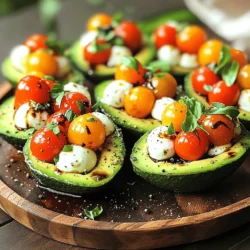 To make Caprese Stuffed Avocados, you need: - 2 ripe avocados - 1 cup cherry tomatoes, halved - 1 cup fresh mozzarella balls, halved - 1/4 cup fresh basil leaves, chopped - 2 tablespoons balsamic glaze - 1 tablespoon olive oil - Salt and pepper to taste These ingredients work together to create a tasty dish. The ripe avocados form a creamy base. The cherry tomatoes add a burst of color and flavor. Fresh mozzarella brings a soft texture. Basil gives that classic Caprese taste. Balsamic glaze adds sweetness and tang. Olive oil enhances the overall richness. Salt and pepper help balance all the flavors. If you can’t find fresh mozzarella, try using feta cheese. It will give a salty kick. For a lighter option, use a low-calorie dressing. You can mix plain Greek yogurt with herbs for a good twist. When picking avocados, Hass is my favorite. It has a rich flavor and creamy texture. You can also use Florida avocados, which are larger and milder. To start, slice the avocados carefully. Cut them in half and remove the pit. Use a spoon to scoop out a bit of the flesh. This creates extra space for the filling. Next, halve the cherry tomatoes. Just cut them down the middle for easy mixing. Then, take the mozzarella balls and slice them in half too. This way, they will blend well with the other ingredients. Now, grab a mixing bowl and combine the halved cherry tomatoes, mozzarella balls, and chopped basil leaves. These ingredients create a fresh, tasty mix. Drizzle the olive oil and balsamic glaze over the mixture. Season with salt and pepper to taste. Gently toss everything together until well combined. This step is key to enhancing the flavors in your dish. Next, fill each avocado half with the Caprese mixture. Pack it in generously for a hearty bite. For a beautiful dish, place the stuffed avocados on a serving platter. Drizzle a little extra balsamic glaze over the top for added flavor. You can also garnish with extra basil leaves for a pop of color. A sprinkle of cracked black pepper adds an extra touch. For the freshest taste, serve immediately or refrigerate until ready to enjoy. You can find the Full Recipe for more details on timing and servings. To make the best Caprese stuffed avocados, start by selecting ripe avocados. Look for avocados that feel slightly soft when you press them. If they feel hard, they are not ready yet. You can also check the color; a dark green or almost black skin usually means they are ripe. To prevent browning, squeeze some lemon juice on the exposed flesh after cutting. This helps keep them fresh and bright. You can also wrap the avocados tightly in plastic wrap if you have leftovers. These stuffed avocados pair well with grilled meats or fresh salads. The creamy avocado complements the flavors in a simple grilled chicken or a refreshing arugula salad. If you want a bit of heat, sprinkle some red pepper flakes on top. This adds a nice kick and enhances the dish’s flavor. Cleaning up after making Caprese stuffed avocados is easy. Dispose of the avocado peels and pits in your compost bin if you have one. If not, simply toss them in the trash. For the tools you used, rinse the mixing bowl and utensils right away. This makes cleaning quicker and easier. A little soap and water will do the trick! {{image_2}} You can easily change the dish by adding protein. Try diced chicken or shrimp for a heartier meal. This small tweak will make the dish more filling and satisfying. For a vegan option, swap the mozzarella for plant-based cheese. Many brands offer great taste and texture that mimic dairy cheese. Want to take your Caprese stuffed avocados to the next level? Think about a Mediterranean twist. Add olives and feta cheese for a salty, savory kick. Or go Southwest! Mix in corn and fresh cilantro for a bright, zesty flavor. These variations give you endless options to enjoy. Caprese stuffed avocados make a great meal or snack. You can turn them into avocado toast by spreading the filling on bread. It adds a fun crunch! For parties, serve the stuffed avocados as bite-sized appetizers. Guests will love the fresh flavors and beautiful presentation. To store leftover stuffed avocados, wrap them tightly in plastic wrap. This helps to keep them fresh. Place the wrapped avocados in the fridge. Use them within a day for the best taste. If you see browning, squeeze some lemon juice on the exposed flesh. This will slow down the browning process. To maintain freshness, use a sealed container if you don’t have plastic wrap. This keeps air out. Also, store them away from strong-smelling foods. Avocados can absorb odors easily. You can freeze avocado, but it changes the texture. To freeze avocado without losing taste, first, mash it with a splash of lemon juice. This helps keep the flavor and color. Place the mashed avocado in an airtight container. You can also freeze stuffed avocados, but they may not taste as fresh. For meal prep, consider using stuffed avocados as a quick snack. They can last in the freezer for about 3 months. Just remember to thaw them in the fridge overnight before you eat them. Enjoy the fresh flavors anytime with the Full Recipe! Yes, you can prepare Caprese Stuffed Avocados in advance but with some care. I recommend making them the same day for the best taste. If you must prepare them early, fill the avocados right before serving. This keeps the avocado fresh and green. The filling can be made up to a few hours ahead. Just cover it well to prevent browning. Caprese Stuffed Avocados pair well with many dishes. You can serve them alongside grilled chicken or fish for a full meal. A light salad with mixed greens adds freshness. For drinks, a crisp white wine or sparkling water complements the dish nicely. If you want a snack, serve them with crunchy pita chips. Yes, Caprese Stuffed Avocados are quite healthy! They offer many nutritional benefits. Avocados are rich in healthy fats and fiber. Cherry tomatoes provide vitamins A and C. Fresh mozzarella adds protein, while basil contains antioxidants. Together, these ingredients create a tasty, nutritious dish. For the full recipe, check out the cooking instructions and ingredient ratios in the [Full Recipe]. You will find everything you need to create this delicious dish! Caprese Stuffed Avocados offer a fresh and tasty meal option. We explored key ingredients, from ripe avocados to fresh mozzarella. I shared tips on preparing, mixing, and presenting your dish beautifully. We also discussed substitutions, variations, and storage ideas to maintain taste and freshness. Now, you can make delicious meals that impress. Try different flavors and serve them with friends. Enjoy the process and the tasty results!
