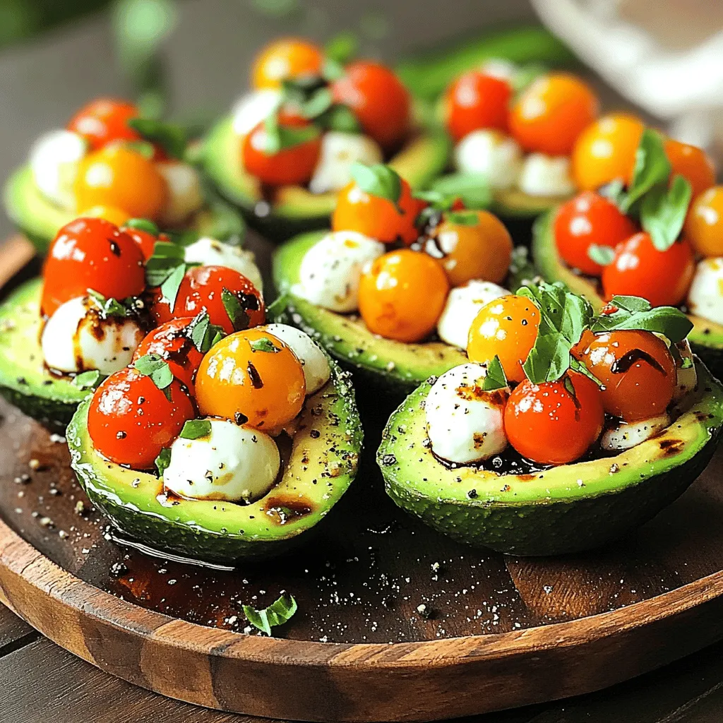 To make Caprese Stuffed Avocados, you need: - 2 ripe avocados - 1 cup cherry tomatoes, halved - 1 cup fresh mozzarella balls, halved - 1/4 cup fresh basil leaves, chopped - 2 tablespoons balsamic glaze - 1 tablespoon olive oil - Salt and pepper to taste These ingredients work together to create a tasty dish. The ripe avocados form a creamy base. The cherry tomatoes add a burst of color and flavor. Fresh mozzarella brings a soft texture. Basil gives that classic Caprese taste. Balsamic glaze adds sweetness and tang. Olive oil enhances the overall richness. Salt and pepper help balance all the flavors. If you can’t find fresh mozzarella, try using feta cheese. It will give a salty kick. For a lighter option, use a low-calorie dressing. You can mix plain Greek yogurt with herbs for a good twist. When picking avocados, Hass is my favorite. It has a rich flavor and creamy texture. You can also use Florida avocados, which are larger and milder. To start, slice the avocados carefully. Cut them in half and remove the pit. Use a spoon to scoop out a bit of the flesh. This creates extra space for the filling. Next, halve the cherry tomatoes. Just cut them down the middle for easy mixing. Then, take the mozzarella balls and slice them in half too. This way, they will blend well with the other ingredients. Now, grab a mixing bowl and combine the halved cherry tomatoes, mozzarella balls, and chopped basil leaves. These ingredients create a fresh, tasty mix. Drizzle the olive oil and balsamic glaze over the mixture. Season with salt and pepper to taste. Gently toss everything together until well combined. This step is key to enhancing the flavors in your dish. Next, fill each avocado half with the Caprese mixture. Pack it in generously for a hearty bite. For a beautiful dish, place the stuffed avocados on a serving platter. Drizzle a little extra balsamic glaze over the top for added flavor. You can also garnish with extra basil leaves for a pop of color. A sprinkle of cracked black pepper adds an extra touch. For the freshest taste, serve immediately or refrigerate until ready to enjoy. You can find the Full Recipe for more details on timing and servings. To make the best Caprese stuffed avocados, start by selecting ripe avocados. Look for avocados that feel slightly soft when you press them. If they feel hard, they are not ready yet. You can also check the color; a dark green or almost black skin usually means they are ripe. To prevent browning, squeeze some lemon juice on the exposed flesh after cutting. This helps keep them fresh and bright. You can also wrap the avocados tightly in plastic wrap if you have leftovers. These stuffed avocados pair well with grilled meats or fresh salads. The creamy avocado complements the flavors in a simple grilled chicken or a refreshing arugula salad. If you want a bit of heat, sprinkle some red pepper flakes on top. This adds a nice kick and enhances the dish’s flavor. Cleaning up after making Caprese stuffed avocados is easy. Dispose of the avocado peels and pits in your compost bin if you have one. If not, simply toss them in the trash. For the tools you used, rinse the mixing bowl and utensils right away. This makes cleaning quicker and easier. A little soap and water will do the trick! {{image_2}} You can easily change the dish by adding protein. Try diced chicken or shrimp for a heartier meal. This small tweak will make the dish more filling and satisfying. For a vegan option, swap the mozzarella for plant-based cheese. Many brands offer great taste and texture that mimic dairy cheese. Want to take your Caprese stuffed avocados to the next level? Think about a Mediterranean twist. Add olives and feta cheese for a salty, savory kick. Or go Southwest! Mix in corn and fresh cilantro for a bright, zesty flavor. These variations give you endless options to enjoy. Caprese stuffed avocados make a great meal or snack. You can turn them into avocado toast by spreading the filling on bread. It adds a fun crunch! For parties, serve the stuffed avocados as bite-sized appetizers. Guests will love the fresh flavors and beautiful presentation. To store leftover stuffed avocados, wrap them tightly in plastic wrap. This helps to keep them fresh. Place the wrapped avocados in the fridge. Use them within a day for the best taste. If you see browning, squeeze some lemon juice on the exposed flesh. This will slow down the browning process. To maintain freshness, use a sealed container if you don’t have plastic wrap. This keeps air out. Also, store them away from strong-smelling foods. Avocados can absorb odors easily. You can freeze avocado, but it changes the texture. To freeze avocado without losing taste, first, mash it with a splash of lemon juice. This helps keep the flavor and color. Place the mashed avocado in an airtight container. You can also freeze stuffed avocados, but they may not taste as fresh. For meal prep, consider using stuffed avocados as a quick snack. They can last in the freezer for about 3 months. Just remember to thaw them in the fridge overnight before you eat them. Enjoy the fresh flavors anytime with the Full Recipe! Yes, you can prepare Caprese Stuffed Avocados in advance but with some care. I recommend making them the same day for the best taste. If you must prepare them early, fill the avocados right before serving. This keeps the avocado fresh and green. The filling can be made up to a few hours ahead. Just cover it well to prevent browning. Caprese Stuffed Avocados pair well with many dishes. You can serve them alongside grilled chicken or fish for a full meal. A light salad with mixed greens adds freshness. For drinks, a crisp white wine or sparkling water complements the dish nicely. If you want a snack, serve them with crunchy pita chips. Yes, Caprese Stuffed Avocados are quite healthy! They offer many nutritional benefits. Avocados are rich in healthy fats and fiber. Cherry tomatoes provide vitamins A and C. Fresh mozzarella adds protein, while basil contains antioxidants. Together, these ingredients create a tasty, nutritious dish. For the full recipe, check out the cooking instructions and ingredient ratios in the [Full Recipe]. You will find everything you need to create this delicious dish! Caprese Stuffed Avocados offer a fresh and tasty meal option. We explored key ingredients, from ripe avocados to fresh mozzarella. I shared tips on preparing, mixing, and presenting your dish beautifully. We also discussed substitutions, variations, and storage ideas to maintain taste and freshness. Now, you can make delicious meals that impress. Try different flavors and serve them with friends. Enjoy the process and the tasty results!