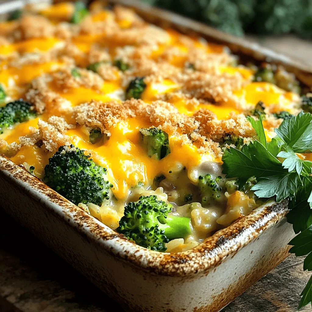 - 1 cup uncooked long-grain white rice - 2 cups broccoli florets (fresh or frozen) - 1 can (10.5 oz) cream of mushroom soup (or homemade) - 1 cup shredded cheddar cheese - 1 cup milk - 1 small onion, finely chopped - 2 cloves garlic, minced - 1 teaspoon garlic powder - 1 teaspoon onion powder - Salt and pepper to taste - 1 tablespoon olive oil - 1/2 cup breadcrumbs (optional, for topping) The key to a great Cheesy Broccoli Rice Casserole lies in the ingredients. First, the rice gives the dish its base. I always choose long-grain white rice. It cooks well and keeps a nice texture. The broccoli brings both color and nutrients. Fresh or frozen, either works nicely. Next, cream of mushroom soup adds a rich creaminess. You can make it homemade for a personal touch. Don't forget the cheddar cheese! It melts beautifully and gives a wonderful flavor. Milk helps to blend everything together. Now, let’s add some depth with the additional ingredients. Onions and garlic create a fragrant base. I finely chop the onion and mince the garlic for easy cooking. Garlic powder and onion powder give extra flavor. You can adjust salt and pepper to your taste. Finally, I often drizzle olive oil for a little richness. If you love a crunchy topping, breadcrumbs are a great option. They add a nice texture. Together, these ingredients create a comforting dish that warms the heart. For the full recipe, check [Full Recipe]. - Preheat oven to 350°F (175°C). - Cook rice in boiling water and prepare broccoli. Start by preheating your oven to 350°F. This ensures your casserole bakes evenly. Next, bring 2 cups of water to a boil in a large saucepan. Add 1 cup of uncooked rice. Cover the pot, reduce heat to low, and let it simmer. In about 18-20 minutes, the rice will be fluffy and ready. While the rice cooks, prepare 2 cups of broccoli florets. If you use fresh broccoli, blanch it in boiling water for 2 minutes. After that, plunge it into ice water. This stops the cooking process. If you are using frozen broccoli, just thaw and drain. - Combine cooked rice, sautéed onions, garlic, and other ingredients in a bowl. In a skillet, heat 1 tablespoon of olive oil over medium heat. Add 1 finely chopped onion and sauté it until soft. This takes about 5 minutes. Then, add 2 minced garlic cloves and stir for another minute. In a large bowl, mix the cooked rice, sautéed onions, garlic, and broccoli. Now, add 1 can of cream of mushroom soup, 1 cup of milk, and 1 cup of shredded cheddar cheese. Also, sprinkle in 1 teaspoon each of garlic powder and onion powder. Season with salt and pepper to your taste. Stir everything until well combined. - Transfer to greased baking dish, add toppings, and bake for 25-30 minutes. Pour the mixture into a greased 9x13-inch baking dish. For an extra crunch, sprinkle 1/2 cup of breadcrumbs and more cheese on top. This adds a nice texture to your dish. Bake in the preheated oven for 25-30 minutes. You want it to be hot and bubbly, with melted cheese on top. Once done, let it cool for a few minutes before serving. For the complete recipe, check the [Full Recipe]. To make sure your rice is fluffy and not sticky, follow these steps: - Use long-grain white rice. - Rinse it under cold water before cooking. - Use a 2:1 water-to-rice ratio. - Once boiling, reduce heat and cover. Let it simmer for 18-20 minutes. For perfect sautéing of onions and garlic: - Use medium heat to avoid burning. - Add olive oil to the pan first. - Sauté the onions until they turn translucent. This takes about 5 minutes. - Add garlic last, cooking for just one minute. This keeps the garlic fragrant. The right cheese makes this dish shine. Consider these options: - Cheddar cheese adds a sharp flavor. - Gruyère gives a creamy texture. - Mozzarella melts beautifully for a gooey effect. To achieve the perfect cheesy crust: - Sprinkle extra cheese on top before baking. - Add breadcrumbs if you like a bit of crunch. - Bake until the cheese is golden and bubbly. Adding herbs and spices can elevate your casserole: - Try thyme or rosemary for a fresh taste. - A pinch of red pepper flakes adds spice. - Consider a sprinkle of paprika for color and flavor. For extra veggies, think about: - Adding chopped bell peppers for sweetness. - Mixing in spinach for a healthy boost. - Throwing in peas for a pop of color and flavor. For the full recipe, check the Full Recipe section. {{image_2}} You can easily change the base of this dish. Instead of rice, try quinoa or another grain. Quinoa gives a nutty flavor and boosts protein. For the cream of mushroom soup, you can use a creamy cauliflower soup or a homemade version. This switch can make the dish lighter and just as tasty. To make a gluten-free version, use gluten-free breadcrumbs or skip them completely. You can also replace the cream of mushroom soup with a gluten-free version or a blend of cashews and vegetable broth for a creamy texture. If you want a vegetarian or vegan dish, swap the cheddar cheese for a plant-based cheese. Nutritional yeast is a great choice for added flavor. Using seasonal vegetables can enhance freshness. In spring, add asparagus or peas for a lovely crunch. In fall, try adding roasted butternut squash for sweetness. You can also mix different cheeses based on what you have. A blend of mozzarella, gouda, or pepper jack can change the flavor profile. These variations keep the casserole exciting and new every time you make it. For the full recipe, check out the section above! To keep your cheesy broccoli rice casserole fresh, place it in an airtight container. Make sure to let it cool down before sealing. This dish stays good in the fridge for about 3 to 5 days. If you plan to eat it later in the week, store it right after dinner. You can freeze the casserole for up to 3 months. Just wrap it tightly in plastic wrap and then in aluminum foil. This helps keep out air. When you’re ready to enjoy it, set it in the fridge overnight to thaw. For the best taste, reheat in the oven. Set it to 350°F (175°C) and bake for about 20 minutes. Cover it with foil to stop it from drying out. You can also use the microwave, but be careful. Stir it halfway through to heat evenly. Enjoy your cheesy goodness! How to make Cheesy Broccoli Rice Casserole ahead of time? You can prepare this casserole a day in advance. Cook the rice and mix all ingredients. Place the mixture in your baking dish. Cover it tightly and store it in the fridge. When you're ready to bake, add a few extra minutes to the cooking time. Can I use frozen broccoli instead of fresh? Yes, frozen broccoli works well here. It saves time and is easy to use. Just thaw it and drain any excess water before mixing it into your casserole. What can I serve with Cheesy Broccoli Rice Casserole? This dish pairs well with grilled chicken or roasted meats. You can also serve it with a side salad for freshness. It makes a great main or side dish for any meal. How do I know when the casserole is done baking? The casserole is done when it is hot and bubbly. The cheese on top should be melted and slightly golden. You can also check with a knife; it should come out clean. Can I add meat to the recipe? Absolutely! You can include cooked chicken, ham, or even ground beef. Just mix the meat in with the other ingredients before baking. What can I use instead of cream of mushroom soup? You can use cream of chicken soup or a homemade white sauce. If you want a dairy-free option, try a cashew cream or a thick vegetable broth. Are there any dairy-free options for this casserole? Yes, you can use dairy-free cheese and almond or oat milk. Make sure to check labels to ensure all ingredients fit your diet. This blog post shared a simple and tasty Cheesy Broccoli Rice Casserole recipe. We covered essential and extra ingredients, step-by-step instructions, and helpful tips. You can customize this dish to fit your taste and dietary needs. Feel free to mix in your favorite vegetables or cheeses. Remember, leftovers can be stored and reheated easily. Enjoy making this cheesy comfort food for your family today!